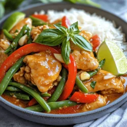 - 1 lb boneless, skinless chicken thighs - 1 tablespoon vegetable oil - 3 cloves garlic, minced - 2 shallots, thinly sliced - 1 red bell pepper, sliced - 1 cup green beans, trimmed - 1 cup fresh Thai basil leaves To make a great Thai basil chicken, start with fresh ingredients. I prefer chicken thighs for their juicy taste. They cook well and stay tender. Next, use vibrant veggies like red bell peppers and green beans. They add color and crunch. - 2 tablespoons soy sauce - 1 tablespoon oyster sauce - 1 tablespoon fish sauce - 2 teaspoons brown sugar - Fresh lime wedges for garnish The sauce brings all the flavors together. Soy sauce adds saltiness, while oyster sauce gives a rich taste. Fish sauce adds depth, and brown sugar balances it all out. Don't forget the lime wedges! They add a fresh zing when you serve the dish. - Cooked jasmine rice - Fresh lime wedges Serve your Thai basil chicken over warm jasmine rice. The rice soaks up the sauce and makes each bite tasty. Add lime wedges on the side for a burst of freshness. This meal is not just easy, but it feels special too. To marinate chicken, start with a bowl. Add the chicken pieces. Pour in the soy sauce, oyster sauce, fish sauce, and brown sugar. Mix well to coat the chicken. Cover the bowl and let it sit for at least 15 minutes. This helps the chicken soak up the flavors. If you have time, marinate it longer for a richer taste. Heat a large skillet or wok over medium-high heat. Add the vegetable oil and let it heat until shimmering. Next, add the minced garlic and sliced shallots. Stir-fry them for about 30 seconds. Keep an eye on them to avoid burning. You want them fragrant and golden, not brown. Increase the heat to high. Add the marinated chicken to the skillet. Stir-fry it for about 5 to 7 minutes. Cook until the chicken turns brown and is no longer pink. This step is key for flavor and texture. Ensure the chicken cooks evenly by stirring frequently. Once the chicken is cooked, toss in the sliced red bell pepper and green beans. Continue stir-frying for another 3 to 4 minutes. The veggies should be tender but still crisp. Turn off the heat and add the fresh Thai basil. Stir until the basil wilts. This will give the dish a fresh and aromatic finish. I recommend using boneless, skinless chicken thighs for this dish. Chicken thighs stay juicy and tender during cooking. They have more flavor than chicken breasts, making your dish taste better. The fat in thighs helps them cook evenly and adds richness. Stir-frying is key to this recipe. Start with a hot skillet or wok. Heat the oil until it shimmers. This helps seal in flavors and gives a nice brown color. When cooking the chicken, don’t overcrowd the pan. Cook in batches if needed, so everything gets that perfect sear. Adjust the heat as necessary; high heat cooks fast and keeps the chicken juicy. To boost flavor, consider adding more spices. A pinch of red pepper flakes can add heat. You might also try a bit of ground ginger for warmth. Fresh lime juice can brighten the dish, too. If you love herbs, mix in cilantro or mint along with the Thai basil for extra freshness. {{image_2}} For a meatless option, swap the chicken for tofu or tempeh. Use the same marinade with soy sauce, mushroom sauce, and fish sauce alternatives. Marinate the tofu or tempeh to soak up those rich flavors. If you want a bit more texture, try adding some mushrooms. They will absorb the sauce well and add a savory taste. You can change the veggies based on what you have. Try using broccoli, snap peas, or carrots for a colorful dish. Seasonal vegetables work great too. In summer, add zucchini or bell peppers. In fall, consider butternut squash or Brussels sprouts. Feel free to mix and match to find your favorite blend. To tweak the heat, add more chilies or hot sauce. Sliced fresh chilies like bird's eye or jalapeños can give you a nice kick. If you prefer less spice, use fewer chilies or skip them entirely. You can also use sweet chili sauce for a milder, sweeter touch. Adjust the heat to match your taste buds! To store leftovers in the refrigerator, let the dish cool first. Place it in an airtight container. This keeps the dish fresh and tasty. Store it in the fridge for up to three days. When ready to eat, reheat it on the stove or in the microwave. Make sure it’s heated all the way through. Freezing is a great way to keep leftovers longer. Allow the Thai Basil Chicken to cool completely. Use a freezer-safe container or a heavy-duty freezer bag. Squeeze out as much air as possible to avoid freezer burn. The chicken can last in the freezer for up to three months. To reheat, thaw it overnight in the fridge. Then, warm it in a pan over low heat until hot. In the fridge, Thai Basil Chicken lasts for about three days. In the freezer, it can stay fresh for three months. Always check for any off smells or changes in texture before eating. Enjoy your meal knowing it’s safe to eat! Thai basil has a strong flavor. It is more spicy and aromatic than regular basil. The leaves are darker and pointed. The stems are purple. Regular basil has a milder taste and rounder leaves. Yes, you can prep Thai basil chicken ahead. Cut the chicken and veggies. Mix the sauces and store them in the fridge. You can cook the dish and store it. To reheat, warm it in a pan or microwave. Add a splash of water to keep it moist. Serve Thai basil chicken with jasmine rice. You can add a side of stir-fried veggies. A crisp salad pairs well too. For drinks, try iced tea or a light beer. Thai basil chicken is flavorful and fun to make. Start with fresh chicken thighs, marinate them, and then sauté with garlic and shallots. Serve with jasmine rice and lime for a tasty meal. You can change the recipe with veggies or go vegetarian. Remember to store leftovers safely so you can enjoy them later. This dish is versatile and packed with flavor. Try it out, and you’ll soon find your new favorite recipe!
