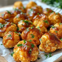 - 1 large head of cauliflower, cut into bite-sized florets - 1 cup all-purpose flour (or gluten-free flour) - 1 cup plant-based milk (such as almond or oat milk) The star of this dish is the cauliflower. It gives a great texture and flavor. You want to cut it into small florets. This helps them cook evenly and crisp up nicely. Use either regular flour or gluten-free flour based on your needs. The plant-based milk adds moisture and binds the batter. - 2 teaspoons garlic powder - 2 teaspoons onion powder - 1 teaspoon paprika - 1 teaspoon smoked paprika - Salt and pepper to taste Seasoning is key to making these wings pop. Garlic and onion powder give depth. Paprika adds a smoky warmth. Make sure to taste the batter. You can adjust salt and pepper for your liking. This mix will coat the cauliflower and create a tasty crust. - 1 cup BBQ sauce (your favorite brand) - 2 tablespoons olive oil - Fresh parsley, chopped (for garnish) BBQ sauce is the finishing touch. Choose your favorite brand for the best flavor. Olive oil helps the wings crisp up in the air fryer. Finally, fresh parsley adds a nice touch of color and freshness. It makes your dish look appealing and bright. First, preheat your air fryer to 400°F (200°C). This step ensures the wings cook evenly and become crispy. In a large bowl, whisk together the flour, garlic powder, onion powder, paprika, smoked paprika, salt, and pepper. Mix until combined. Gradually add the plant-based milk, stirring until the batter is smooth and thick. This batter is key for a great coating. Take each cauliflower floret and dip it into the batter. Make sure each piece is well coated. After dipping, gently shake off any extra batter. This helps the wings get crispy. Now, place the battered florets in the air fryer basket. Make sure not to overcrowd it; leave space for air to flow. Cook for 15 to 20 minutes, shaking the basket halfway through. This helps them crisp up nicely. While the florets cook, heat the BBQ sauce in a small pan on low heat. Once the cauliflower wings are done, transfer them to a large bowl. Drizzle the warm BBQ sauce over the wings and toss gently to coat. Return the wings to the air fryer for another 5 minutes. This step caramelizes the sauce and adds great flavor. To get that perfect crunch, focus on the batter. Make sure it's smooth and not too thick. A thick batter can weigh the cauliflower down and make it soggy. You want it just right, so it clings well but doesn’t drip off. Also, don’t overcrowd the air fryer. If you do, the hot air can't circulate properly. This will lead to uneven cooking. It’s better to cook in batches. This way, each floret gets crispy and delicious. Want to take your wings to the next level? Try different seasonings! You can add cumin or chili powder for a kick. Or, swap the BBQ sauce for buffalo sauce if you love heat. For garnishes, fresh herbs like cilantro or chives work great. They add color and a fresh taste. You can also sprinkle some sesame seeds for crunch and flair. Pair your BBQ cauliflower wings with tasty sides. Think coleslaw or a fresh salad. These cool sides balance the heat of the wings. If you want dips, ranch or blue cheese dressing are fantastic options. They add creaminess that complements the BBQ flavor. For gatherings, present your wings on a nice platter. Line it with parchment paper for a clean look. Place extra BBQ sauce in a small bowl for dipping. A sprinkle of parsley adds a pop of color and makes it truly inviting. {{image_2}} If you need a gluten-free version, you can easily swap the flour. Use gluten-free flour instead of all-purpose flour. It works just as well. Many brands offer gluten-free flour mixes. They often include ingredients like rice flour and tapioca starch. Choose a mix that you enjoy. You can also check your BBQ sauce. Some sauces contain gluten, so read the label. Look for BBQ sauces labeled gluten-free. You can get creative with sauces. Instead of BBQ, try hot sauce for a spicy kick. You can mix BBQ and hot sauce for a sweet and spicy flavor. You can also use teriyaki sauce for an Asian twist. This adds a nice, sweet glaze. Explore different flavors like garlic parmesan or buffalo sauce. Each sauce brings a new taste. Don't hesitate to experiment and find your favorite! Want it spicier? Add cayenne pepper to your batter. Start with a small amount, then taste. You can also use a spicy BBQ sauce. If you prefer it milder, reduce the spices in your batter. Skip the cayenne and focus on the sweet BBQ flavor. Another idea is to serve it with a cooling dip like ranch or yogurt. Adjust the spice level for your taste buds! To store your leftover BBQ cauliflower wings, place them in an airtight container. They stay fresh for about 3 to 4 days in the fridge. Make sure they cool down completely before sealing. This helps keep them from getting soggy. When it’s time to reheat, the air fryer is your best friend. Set it to 350°F (175°C) and reheat for about 5 to 8 minutes. This method keeps the wings crispy. You can also use an oven, but the air fryer works best. Yes, you can freeze these wings! Place the cooled wings in a freezer-safe bag. They last for about 2 to 3 months in the freezer. To enjoy them later, thaw in the fridge overnight and reheat using the air fryer. Yes, you can use frozen cauliflower. Frozen florets are convenient and save time. They can cook faster, but they may not get as crispy. Fresh cauliflower has a better texture and flavor. If you use frozen, thaw and drain the water before cooking. This helps to avoid mushiness. To make these BBQ cauliflower wings vegan, swap the plant-based milk for any non-dairy milk. Almond or oat milk works great. Use gluten-free flour if needed. Ensure your BBQ sauce is vegan-friendly. Many brands offer tasty vegan options. Just check the label for ingredients. BBQ cauliflower wings go well with many sauces. Here are a few tasty options: - Ranch dressing - Blue cheese dressing - Spicy buffalo sauce - Garlic aioli Feel free to mix and match! Each sauce adds a unique flavor twist. Enjoy experimenting! This blog post covered how to make delicious BBQ cauliflower wings. You learned about key ingredients, like cauliflower and spices, and how to prepare them in an air fryer. I shared tips for crispiness, flavor, and variations to suit your tastes. Don't forget to store leftovers properly to keep them fresh. Whether you're serving these for a party or a snack, they are sure to impress. Embrace your creativity and adapt this recipe to make it your own. Enjoy your cooking adventure!