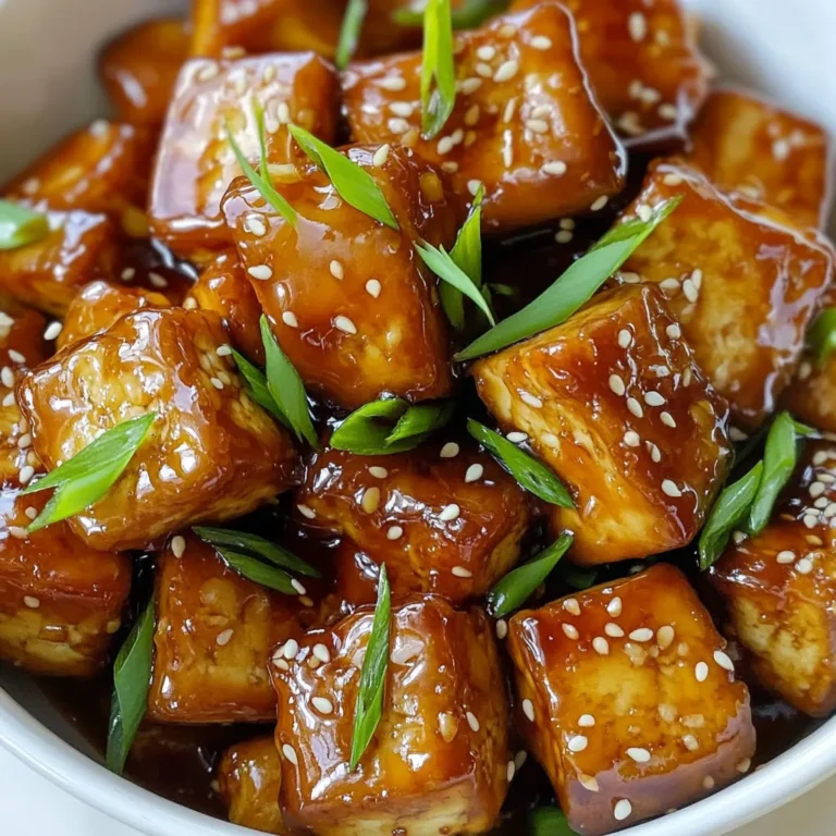 To make this tasty dish, gather these main ingredients: - 14 oz firm tofu, pressed and cubed - 3 tablespoons honey or agave syrup - 2 cloves garlic, minced - 2 tablespoons low-sodium soy sauce - 1 teaspoon sesame oil - 1 teaspoon cornstarch - 1 teaspoon ginger, grated - Salt and pepper to taste These ingredients work together to create a sweet and savory flavor. Pressing the tofu helps it soak up the marinade well. You can add these optional ingredients for more taste: - 2 green onions, chopped (for garnish) - Sesame seeds (for garnish) These garnishes add a fresh, crunchy touch. If you need to change some ingredients, try these substitutes: - Use maple syrup instead of honey or agave for a vegan option. - Coconut aminos can replace low-sodium soy sauce for a gluten-free version. - If you don’t have sesame oil, olive oil works in a pinch. These swaps keep the dish tasty while fitting your needs. Start by pressing the tofu. This step is key for great texture. Wrap your firm tofu in a clean kitchen towel. Place a heavy object on top. Let it sit for about 15 to 20 minutes. This removes excess moisture. Once pressed, cut the tofu into bite-sized cubes. Aim for even sizes to ensure even cooking. In a mixing bowl, whisk together the marinade. Combine 3 tablespoons of honey or agave syrup, 2 minced garlic cloves, and 2 tablespoons of low-sodium soy sauce. Add 1 teaspoon of sesame oil and 1 teaspoon of grated ginger. Sprinkle in a pinch of salt and pepper. Finally, mix in 1 teaspoon of cornstarch. This will help the tofu crisp up nicely. Add the cubed tofu to the marinade. Gently toss until each piece is coated. Let the tofu marinate for at least 15 minutes. This step is important. It helps the tofu soak up all those yummy flavors. Preheat your air fryer to 375°F (190°C) for about 5 minutes. This ensures even cooking. Place the marinated tofu cubes in the air fryer basket. Make sure to spread them out in a single layer. Avoid overcrowding them for the best results. Air fry the tofu for 15 to 18 minutes. Shake the basket halfway through to ensure even crispiness. You want the tofu to turn golden brown and crispy on the outside. Once it's done, remove it from the air fryer. Drizzle any leftover marinade over the tofu pieces. Garnish the dish with chopped green onions and sesame seeds. This adds a nice touch before you serve. Enjoy your tasty Air Fryer Honey Garlic Tofu! To make your tofu crispy, start with firm tofu. Press it well to remove moisture. Wrap the tofu in a towel and place a heavy object on top for 15-20 minutes. This step helps the tofu absorb flavors better. After pressing, cut the tofu into small cubes. The smaller the cubes, the crispier they get in the air fryer. Marinating tofu is key to great flavor. Mix the marinade well before adding the tofu. Use honey or agave, garlic, soy sauce, sesame oil, ginger, and a pinch of salt and pepper. Toss the tofu gently until every piece is coated. Let the tofu sit in the marinade for at least 15 minutes. The longer it marinates, the more flavor it will soak up, making each bite delicious. You can change the sweetness to your liking. If you want it sweeter, add more honey or agave. For a savory kick, try adding more soy sauce. You can also add a dash of chili flakes if you like heat. Taste the marinade before using it. This way, you can adjust the flavors to suit your taste. {{image_2}} If you want a vegan twist, swap honey for agave syrup. Agave gives a similar sweetness. You can also use maple syrup for a different taste. Both options work well in this recipe. You still get that rich flavor without any animal products. Adding veggies boosts nutrition and flavor. Try bell peppers, broccoli, or snap peas. Cut them into bite-sized pieces. Toss them in the marinade along with the tofu. This way, they soak up all the tasty sauce. Air frying the veggies with the tofu makes everything crispy and delicious. For a spicy kick, add red pepper flakes or sriracha to the marinade. This adds heat and makes the dish exciting. If you prefer a citrusy flavor, use lime or lemon juice. Just replace some of the soy sauce with the juice. This freshens up the dish and adds a zesty twist. To store leftover tofu, let it cool first. Place it in an airtight container. You can keep it in the fridge for up to 3 days. Make sure to cover it well. This keeps the tofu fresh and tasty. To reheat the tofu, you can use the air fryer again. Set it to 350°F (175°C) for about 5-7 minutes. This method keeps the tofu crispy. You can also use a skillet on medium heat. Just add a little oil and cook until warm. If you want to freeze the tofu, this is easy too. Place the cooled tofu in a freezer-safe bag. Remove as much air as possible. You can freeze it for up to 3 months. When ready to eat, thaw it in the fridge overnight. Then, reheat it as mentioned above. Freezing can change the texture, making it chewier, which some people enjoy! You can use soft tofu, but firm tofu works best. Firm tofu holds its shape better while cooking. Soft tofu may break apart easily. If you want a firmer texture, always choose firm tofu for this recipe. To prevent sticking, coat the air fryer basket lightly with cooking spray. You can also toss the tofu cubes with a little oil before cooking. Make sure to place the tofu in a single layer. This helps air circulate around each piece, reducing the chance of sticking. Honey garlic tofu pairs well with rice or quinoa. Serve it with stir-fried vegetables for a balanced meal. A fresh salad can also complement the dish nicely. You can even add it to a grain bowl for extra flavor and texture. This post covers how to make air fryer honey garlic tofu. You learned about key ingredients, from firm tofu to exciting flavors. The step-by-step guide helps you prepare and cook the dish. Tips show how to get crispy tofu and perfect spices. I shared great storage ideas and answered common questions too. With this knowledge, you can try new flavors and enjoy a tasty meal. Air fryer honey garlic tofu is simple and delicious. Prepare, taste, and enjoy every bite!