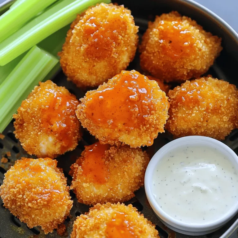 To make Air Fryer Buffalo Chicken Bites, gather these items: - 1 pound boneless, skinless chicken breasts, cut into bite-sized pieces - 1/2 cup all-purpose flour - 1 teaspoon garlic powder - 1 teaspoon paprika - 1/2 teaspoon salt - 1/2 teaspoon black pepper - 2 large eggs - 1 cup breadcrumbs (preferably panko for extra crunch) - 1/2 cup buffalo sauce - 2 tablespoons melted butter - Optional: celery sticks and ranch dressing for serving You can add some fun extras to enhance your dish: - Blue cheese dressing for dipping - Fresh parsley for garnish - Extra hot sauce if you like more heat If you’re missing an ingredient, here are some swaps: - Use whole wheat flour instead of all-purpose flour for a healthier option. - Substitute almond flour for gluten-free needs. - Use egg whites instead of whole eggs if you want less fat. - Swap buffalo sauce for barbecue sauce for a different flavor. These choices keep your Air Fryer Buffalo Chicken Bites tasty and fun! First, you need one pound of boneless, skinless chicken breasts. Cut these into small, bite-sized pieces. In a large bowl, combine the chicken with 1/2 cup of all-purpose flour, 1 teaspoon of garlic powder, 1 teaspoon of paprika, 1/2 teaspoon of salt, and 1/2 teaspoon of black pepper. Mix well until every piece of chicken is coated. This step adds flavor and helps the breading stick. Next, set up your breading station. Take two bowls. In one bowl, beat two large eggs. In the other bowl, add 1 cup of breadcrumbs, preferably panko for extra crunch. This setup makes it easy to coat the chicken evenly. The egg will help the breadcrumbs stick well. Now, let’s air fry those chicken bites. Preheat your air fryer to 400°F (200°C). Arrange half of the coated chicken in the basket in a single layer. Air fry for 10-12 minutes. Remember to shake the basket halfway for even cooking. The chicken should turn golden and be fully cooked. Once done, take them out and place them in a bowl. Combine with 1/2 cup of buffalo sauce and 2 tablespoons of melted butter. Toss until all pieces are coated. Repeat with the remaining chicken bites. Enjoy these tasty morsels hot! To keep your chicken bites juicy, start with fresh chicken breasts. Cut them into even pieces. This helps them cook evenly. Use a mix of flour and seasonings. This step adds flavor and moisture. Toss the chicken well to coat every piece. Let the coated chicken rest for a few minutes before frying. This allows the coating to stick better. For the best crunch, use panko breadcrumbs. They are light and airy, which gives great texture. After dipping the chicken in egg, press the breadcrumbs on firmly. This helps them stick. Air fry at 400°F to get a crispy outside. Shake the basket halfway through cooking. This ensures all sides get crispy. You can prepare the chicken bites ahead of time. Simply coat and bread them, then refrigerate. This keeps them fresh for up to 24 hours. When ready to cook, air fry straight from the fridge. No need to thaw! You can also freeze the breaded chicken. Just make sure to separate each piece with parchment paper. When you want to eat, cook them directly from frozen. Adjust the time by a few minutes for best results. {{image_2}} You can choose between spicy and mild buffalo sauces. If you love heat, go for a spicy sauce. You can find many brands that pack a punch. If you prefer a milder taste, look for sauces labeled "mild." You can also mix sauces to create your perfect blend. This way, you can control the spice level. Experimenting with different sauces will keep your meal exciting. Instead of traditional breadcrumbs, try crushed cornflakes or ground nuts. Both add unique flavors and textures. Cornflakes give a sweet crunch, while nuts provide a rich taste. You can also use a gluten-free flour mix if you need a gluten-free option. This way, you can enjoy the crunch without the gluten. Each breading option will give you a different bite. While ranch dressing is a classic, you can try other dips. Blue cheese dressing pairs well with buffalo flavors. You might also enjoy a yogurt-based dip for a lighter option. For a twist, serve with a honey mustard sauce. Fresh veggies like carrot sticks and cucumber slices make great sides. They add a nice crunch and freshness to your meal. Once your buffalo chicken bites cool, place them in an airtight container. You can keep them in the fridge for up to four days. Make sure the container is sealed tightly to keep them fresh. If you want to keep them longer, consider freezing. To reheat, preheat your air fryer to 350°F (175°C). Place the chicken bites in a single layer and heat for about 5-7 minutes. This method helps restore their crispiness. You can also use a microwave, but they may lose some crunch. If you decide to freeze your buffalo chicken bites, use a freezer-safe bag. They can last up to three months in the freezer. To thaw, move them to the fridge overnight before reheating. This helps keep the texture nice when you warm them up. The best air fryer for chicken bites has a good size and power. I recommend one with at least 3.5 quarts of space. This size allows enough room for even cooking. Look for air fryers with adjustable heat settings. A model with 1500 watts or more cooks food quickly and evenly. Yes, you can use chicken thighs instead of breasts. Thighs offer more flavor and stay juicy during cooking. Just cut them into bite-sized pieces, like you would with breasts. The cooking time might be similar, but check for doneness to ensure they are fully cooked. To make these bites healthier, consider these options: - Use whole wheat flour instead of all-purpose flour. - Use egg whites instead of whole eggs for breading. - Swap panko for a lighter option like crushed oats. - Air fry with less oil or butter to cut calories. These changes keep the flavor while making your bites healthier. Cooking times vary with temperature: - At 350°F (175°C), cook for about 12-14 minutes. - At 375°F (190°C), cook for 10-12 minutes. - At 400°F (200°C), stick to 10-12 minutes. Always shake the basket halfway for even cooking. Ensure chicken bites reach an internal temperature of 165°F (74°C) for safety. In this post, we covered how to make tasty air-fried chicken bites. You learned about key ingredients, step-by-step cooking, and helpful tips for great flavor. I shared ways to vary the recipe and how to store leftovers. You now have all the knowledge to prepare juicy, crunchy bites that please everyone. Enjoy your cooking adventure and share your tasty results!