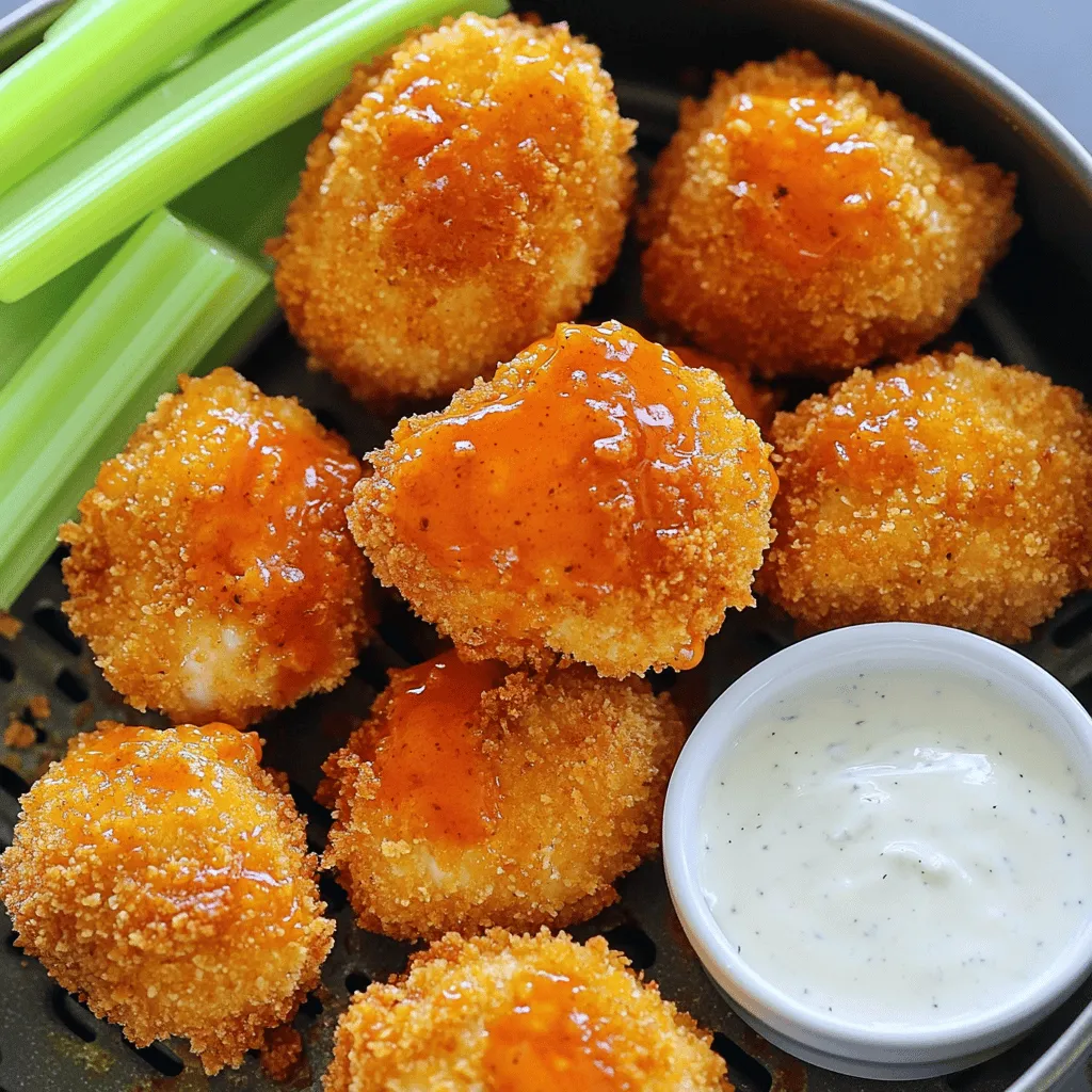 To make Air Fryer Buffalo Chicken Bites, gather these items: - 1 pound boneless, skinless chicken breasts, cut into bite-sized pieces - 1/2 cup all-purpose flour - 1 teaspoon garlic powder - 1 teaspoon paprika - 1/2 teaspoon salt - 1/2 teaspoon black pepper - 2 large eggs - 1 cup breadcrumbs (preferably panko for extra crunch) - 1/2 cup buffalo sauce - 2 tablespoons melted butter - Optional: celery sticks and ranch dressing for serving You can add some fun extras to enhance your dish: - Blue cheese dressing for dipping - Fresh parsley for garnish - Extra hot sauce if you like more heat If you’re missing an ingredient, here are some swaps: - Use whole wheat flour instead of all-purpose flour for a healthier option. - Substitute almond flour for gluten-free needs. - Use egg whites instead of whole eggs if you want less fat. - Swap buffalo sauce for barbecue sauce for a different flavor. These choices keep your Air Fryer Buffalo Chicken Bites tasty and fun! First, you need one pound of boneless, skinless chicken breasts. Cut these into small, bite-sized pieces. In a large bowl, combine the chicken with 1/2 cup of all-purpose flour, 1 teaspoon of garlic powder, 1 teaspoon of paprika, 1/2 teaspoon of salt, and 1/2 teaspoon of black pepper. Mix well until every piece of chicken is coated. This step adds flavor and helps the breading stick. Next, set up your breading station. Take two bowls. In one bowl, beat two large eggs. In the other bowl, add 1 cup of breadcrumbs, preferably panko for extra crunch. This setup makes it easy to coat the chicken evenly. The egg will help the breadcrumbs stick well. Now, let’s air fry those chicken bites. Preheat your air fryer to 400°F (200°C). Arrange half of the coated chicken in the basket in a single layer. Air fry for 10-12 minutes. Remember to shake the basket halfway for even cooking. The chicken should turn golden and be fully cooked. Once done, take them out and place them in a bowl. Combine with 1/2 cup of buffalo sauce and 2 tablespoons of melted butter. Toss until all pieces are coated. Repeat with the remaining chicken bites. Enjoy these tasty morsels hot! To keep your chicken bites juicy, start with fresh chicken breasts. Cut them into even pieces. This helps them cook evenly. Use a mix of flour and seasonings. This step adds flavor and moisture. Toss the chicken well to coat every piece. Let the coated chicken rest for a few minutes before frying. This allows the coating to stick better. For the best crunch, use panko breadcrumbs. They are light and airy, which gives great texture. After dipping the chicken in egg, press the breadcrumbs on firmly. This helps them stick. Air fry at 400°F to get a crispy outside. Shake the basket halfway through cooking. This ensures all sides get crispy. You can prepare the chicken bites ahead of time. Simply coat and bread them, then refrigerate. This keeps them fresh for up to 24 hours. When ready to cook, air fry straight from the fridge. No need to thaw! You can also freeze the breaded chicken. Just make sure to separate each piece with parchment paper. When you want to eat, cook them directly from frozen. Adjust the time by a few minutes for best results. {{image_2}} You can choose between spicy and mild buffalo sauces. If you love heat, go for a spicy sauce. You can find many brands that pack a punch. If you prefer a milder taste, look for sauces labeled "mild." You can also mix sauces to create your perfect blend. This way, you can control the spice level. Experimenting with different sauces will keep your meal exciting. Instead of traditional breadcrumbs, try crushed cornflakes or ground nuts. Both add unique flavors and textures. Cornflakes give a sweet crunch, while nuts provide a rich taste. You can also use a gluten-free flour mix if you need a gluten-free option. This way, you can enjoy the crunch without the gluten. Each breading option will give you a different bite. While ranch dressing is a classic, you can try other dips. Blue cheese dressing pairs well with buffalo flavors. You might also enjoy a yogurt-based dip for a lighter option. For a twist, serve with a honey mustard sauce. Fresh veggies like carrot sticks and cucumber slices make great sides. They add a nice crunch and freshness to your meal. Once your buffalo chicken bites cool, place them in an airtight container. You can keep them in the fridge for up to four days. Make sure the container is sealed tightly to keep them fresh. If you want to keep them longer, consider freezing. To reheat, preheat your air fryer to 350°F (175°C). Place the chicken bites in a single layer and heat for about 5-7 minutes. This method helps restore their crispiness. You can also use a microwave, but they may lose some crunch. If you decide to freeze your buffalo chicken bites, use a freezer-safe bag. They can last up to three months in the freezer. To thaw, move them to the fridge overnight before reheating. This helps keep the texture nice when you warm them up. The best air fryer for chicken bites has a good size and power. I recommend one with at least 3.5 quarts of space. This size allows enough room for even cooking. Look for air fryers with adjustable heat settings. A model with 1500 watts or more cooks food quickly and evenly. Yes, you can use chicken thighs instead of breasts. Thighs offer more flavor and stay juicy during cooking. Just cut them into bite-sized pieces, like you would with breasts. The cooking time might be similar, but check for doneness to ensure they are fully cooked. To make these bites healthier, consider these options: - Use whole wheat flour instead of all-purpose flour. - Use egg whites instead of whole eggs for breading. - Swap panko for a lighter option like crushed oats. - Air fry with less oil or butter to cut calories. These changes keep the flavor while making your bites healthier. Cooking times vary with temperature: - At 350°F (175°C), cook for about 12-14 minutes. - At 375°F (190°C), cook for 10-12 minutes. - At 400°F (200°C), stick to 10-12 minutes. Always shake the basket halfway for even cooking. Ensure chicken bites reach an internal temperature of 165°F (74°C) for safety. In this post, we covered how to make tasty air-fried chicken bites. You learned about key ingredients, step-by-step cooking, and helpful tips for great flavor. I shared ways to vary the recipe and how to store leftovers. You now have all the knowledge to prepare juicy, crunchy bites that please everyone. Enjoy your cooking adventure and share your tasty results!