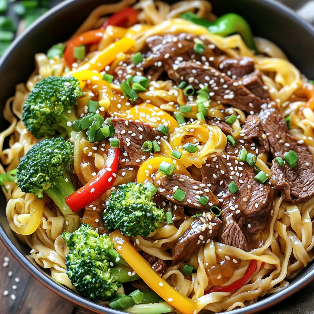 - 300g beef sirloin, thinly sliced - 200g egg noodles - 1/4 cup honey - 3 tablespoons soy sauce - 3 cloves garlic, minced - 1 tablespoon ginger, grated - Salt and pepper to taste - 1 bell pepper, thinly sliced - 1 cup broccoli florets - 2 green onions, chopped - Sesame seeds for garnish Gathering the right ingredients is key. For this dish, start with 300g of beef sirloin. Slice it thinly for quick cooking. You will also need 200g of egg noodles. They add a nice texture and soak up the sauce well. Next, reach for 1/4 cup of honey. It gives a sweet touch that balances the savory soy sauce. Speaking of soy sauce, grab 3 tablespoons. This will deepen the flavor of your dish. Now for the aromatics. You need 3 cloves of garlic, minced, and 1 tablespoon of grated ginger. These will add a fragrant punch. Don't forget to season with salt and pepper to your taste. For the veggies, use 1 bell pepper, thinly sliced. You can choose any color you like. Add 1 cup of broccoli florets for a healthy crunch. Lastly, have 2 green onions, chopped, ready for garnish, along with sesame seeds. These ingredients come together to make a delightful meal. The balance of sweet and savory flavors will impress anyone. To cook the egg noodles, start by boiling water in a large pot. Add a pinch of salt to the water. Once it boils, add the noodles and stir. Cook them for about 4-5 minutes until they are al dente. Drain the noodles and set them aside. In a small bowl, mix honey, soy sauce, minced garlic, and grated ginger. Whisk them together until combined well. This sauce will bring sweet and savory notes to the dish. Set the sauce aside as you prepare the rest of the meal. Use a large skillet or wok for this part. Heat vegetable oil over medium-high heat. Add the thinly sliced beef, seasoning it with salt and pepper. Stir-fry for 2-3 minutes until the beef is browned. Next, add sliced bell pepper and broccoli florets. Stir-fry these for 3-4 minutes until the veggies are tender but still crisp. Pour the honey garlic sauce over the beef and vegetable mixture. Stir well to coat everything in the sauce. Cook for a couple more minutes until the sauce thickens slightly. Finally, add the cooked egg noodles to the skillet. Toss everything together until the noodles are hot and well mixed with the sauce. To stir-fry beef well, start with a hot pan. Heat your vegetable oil until it shimmers. Add beef slices in a single layer. This helps them brown evenly. Cook for just 2-3 minutes. Do not overcrowd the pan. If needed, cook in batches. This will keep the beef tender and juicy. You can add extra seasonings for more depth. Try a splash of rice vinegar or a pinch of red pepper flakes. These additions can boost the dish’s taste. Fresh herbs like cilantro or basil also work well. For a nice crunch, add crushed peanuts or cashews as a garnish. They bring a delightful texture to the meal. Timing is key for a smooth cooking process. While your noodles cook, prepare the sauce. This saves time and keeps everything fresh. Once your beef is done, add veggies right away. Stir-fry until they are tender-crisp. This keeps them bright and flavorful. Work efficiently to have all elements ready at the same time. This way, your meal will be hot and delicious when served. {{image_2}} You can switch up the beef for other proteins. Chicken works well and cooks quickly. Tofu is a great option for a meat-free meal. You can slice it and stir-fry just like beef. For veggies, feel free to mix it up. Carrots add sweetness and color. Snap peas give a nice crunch and fresh taste. Want some heat? Add chili flakes or a dash of sriracha to the sauce. This will wake up the dish and add a kick. If you prefer it sweeter, you can use more honey. Just taste as you go to find your perfect balance. For a less sweet version, cut back on the honey. If you need a gluten-free option, swap out egg noodles for rice noodles. They cook fast and have a great texture. Use tamari instead of soy sauce for a gluten-free soy flavor. These small changes keep the dish tasty while meeting your dietary needs. To keep honey garlic beef noodles fresh, store them in an airtight container. This helps prevent the noodles from drying out. Make sure to cool the dish to room temperature first. Once cooled, you can store it in the fridge for up to three days. If you want them to last longer, consider freezing them. When reheating, I recommend using a skillet. Heat it on medium-low and add a splash of water. This helps keep the noodles moist. Stir often to ensure even heating. You can also use a microwave, but cover the dish with a damp paper towel. This will trap steam and keep the noodles soft. To freeze honey garlic beef noodles, portion them into smaller containers. This makes it easy to thaw only what you need. Make sure to label each container with the date. To thaw, place the container in the fridge overnight. You can reheat it directly from frozen, but it will take longer to warm up. Making Honey Garlic Beef Noodles is quick. You need about 10 minutes to prep. Cooking takes around 15 minutes. In total, it takes just 25 minutes to make this dish. Yes, you can use different noodles! Try rice noodles for a gluten-free option. You can also use udon or soba noodles for a unique twist. Each type will bring its own flavor and texture. To complement your dish, serve a simple green salad. You can also add spring rolls for a crunchy side. Another great option is steamed dumplings, which pair well with the sweet sauce. In this blog post, we explored how to create delicious Honey Garlic Beef Noodles. We covered the main ingredients, cooking steps, and provided tips for perfecting your dish. Remember to adjust flavors and try new ingredients to keep it fresh. Store any leftovers correctly and reheat them well. Cooking should be fun and tasty. Enjoy sharing this meal with family and friends for a satisfying experience. You have the tools now to make a wonderful dish!