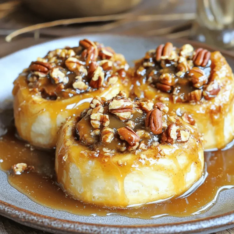 To make Slow Cooker Caramel Pecan Sticky Buns, you need the following ingredients: - 1 can (16 oz) refrigerated cinnamon rolls - 1/2 cup chopped pecans - 1/2 cup brown sugar - 1/4 cup unsalted butter, melted - 1/4 cup maple syrup - 1 teaspoon ground cinnamon - 1/2 teaspoon vanilla extract - Pinch of salt - 1/4 cup heavy cream These ingredients work together to create a sweet and sticky treat that is hard to resist. You can swap some ingredients for different flavors. Try using walnuts instead of pecans for a different nutty taste. If you like a lighter flavor, you can use honey instead of brown sugar. For a dairy-free option, use coconut oil in place of butter and almond milk instead of heavy cream. These swaps keep the spirit of the recipe while adding your own twist. Using fresh ingredients is key to great flavor. Fresh cinnamon rolls will puff up nicely, giving you that fluffy texture. Fresh nuts add crunch and richness. Always check the expiration dates on your ingredients, especially for the maple syrup and heavy cream. Fresh ingredients help your sticky buns taste their absolute best, making them a perfect treat for any occasion. Start by greasing the inside of your 5-quart slow cooker. Use non-stick cooking spray or butter. This step helps keep the sticky buns from sticking. Make sure you cover all the sides well. In a medium bowl, whisk together the melted butter, brown sugar, maple syrup, ground cinnamon, vanilla extract, and a pinch of salt. Mix until smooth and creamy. This sweet sauce will soak into the buns, adding rich flavor. Pour the caramel sauce into the bottom of the slow cooker. Spread it out evenly. Next, sprinkle the chopped pecans over the sauce. This adds a nice crunch to each bite. Open the can of cinnamon rolls and separate them. Cut each roll into quarters. Layer these pieces on top of the pecans and caramel in the slow cooker. Drizzle the heavy cream over the cinnamon rolls. This keeps them moist while they cook. Cover the slow cooker with the lid. Set it to low and cook for 2 to 3 hours. Check the rolls to see if they are fluffy and fully cooked. When done, turn off the slow cooker. Let them cool for a few minutes before inverting onto a plate. Enjoy the gooey caramel and pecans dripping over the rolls! To keep the rolls moist, drizzle heavy cream over them before cooking. This step adds richness and helps prevent dryness. The cream seeps into the rolls, making them soft and fluffy. Always cover the slow cooker with the lid to trap steam. This keeps the heat in and helps the rolls rise beautifully while cooking. Slow cookers vary in heat levels. If you have a newer model, check the rolls after 2 hours. If your slow cooker is older, you may need the full 3 hours. The rolls are done when they look fluffy and golden. Also, use a toothpick to check for doneness; it should come out clean. Serve the sticky buns warm for the best taste. Invert them onto a plate so the gooey caramel drips over the rolls. For a fancy touch, drizzle extra maple syrup on top or sprinkle with powdered sugar. You can also add fresh fruit like berries for color. This makes each bite not only tasty but also beautiful! {{image_2}} You can make these sticky buns even more fun. Try adding different nuts like walnuts or almonds. They bring a new taste and texture. You can also add fruits such as chopped apples or pears. Their sweetness mixes well with the caramel. Just remember to chop the fruits small so they cook evenly. The caramel sauce is the heart of this recipe. You can tweak the flavors to match your taste. For a touch of spice, add a pinch of nutmeg or ginger. If you love chocolate, mix in some cocoa powder for a rich flavor. You can even swap maple syrup for honey for a different sweetness. Each option changes the bun's personality. If you need gluten-free options, don’t worry! You can use gluten-free cinnamon rolls instead of regular ones. Many brands offer tasty choices. Just check the package for gluten-free labeling. The rest of the recipe stays the same. You can still enjoy these sticky buns without gluten. This way, everyone can join in on the treat! To store leftover sticky buns, let them cool completely. Place them in an airtight container. You can keep them at room temperature for up to two days. If you want them to last longer, refrigerate them. They will stay fresh for about a week in the fridge. When you're ready to enjoy the sticky buns again, preheat your oven to 350°F. Place the buns in an oven-safe dish and cover them with foil. Heat for about 10 to 15 minutes until warm. You can also heat them in the microwave. Just place a bun in a microwave-safe dish and heat for about 20 to 30 seconds. Add a drizzle of maple syrup for extra flavor. To freeze sticky buns, first, let them cool completely. Wrap each bun tightly in plastic wrap. Then, place them in a freezer bag or container. They can be frozen for up to three months. When you want to eat them, thaw the buns in the fridge overnight. Reheat as described above. Enjoy these sweet treats anytime! You can tell the sticky buns are done when they look golden brown. Check the center; it should be soft but not doughy. If a toothpick comes out clean, they are ready. The cooking time is usually between 2 to 3 hours on low heat. I recommend keeping an eye on them, especially as the time approaches the 2-hour mark. Yes, you can use frozen cinnamon rolls in this recipe. Just let them thaw for about 30 minutes before cutting them into quarters. This way, they will cook evenly and rise well in the slow cooker. The taste will still be great, but fresh rolls will give a better texture. These sticky buns are great on their own, but you can add a few sides. I love serving them with fresh fruit like berries or sliced apples. You might also like a side of whipped cream or vanilla ice cream. A hot cup of coffee pairs nicely too. You can store leftovers in an airtight container for up to 3 days. If you want to keep them longer, consider freezing them. They can last up to 2 months in the freezer. Just thaw and reheat them gently in the oven before serving. You now have all the details to make tasty caramel pecan sticky buns. We covered the best ingredients and why fresh ones matter. You learned step-by-step instructions to prepare and cook them right. Tips will help keep your rolls moist and perfect. Variations let you mix in nuts or flavors that excite you. Finally, we discussed storing and reheating so nothing goes to waste. Enjoy making these scrumptious treats for everyone!