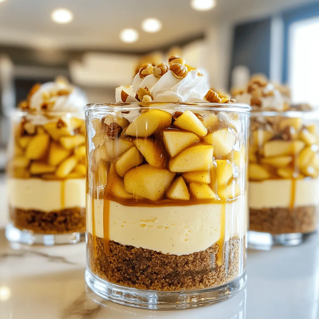 To make these delicious cheesecake cups, gather the following ingredients: - 2 large apples, peeled and diced - 1 tablespoon lemon juice - 1 teaspoon ground cinnamon - 1 cup graham cracker crumbs - 3 tablespoons brown sugar - 4 tablespoons unsalted butter, melted - 8 ounces cream cheese, softened - 1/2 cup powdered sugar - 1 teaspoon vanilla extract - 1 cup heavy whipping cream - 1/2 cup caramel sauce (store-bought or homemade) - Extra caramel sauce for drizzling - Chopped nuts (optional, for garnish) You can switch out some ingredients if needed. Here are some easy swaps: - For apples, use pears for a different taste. - Lemon juice can be replaced with vinegar for a similar effect. - Use gluten-free graham crackers if you want a gluten-free crust. - Cream cheese can be swapped with Greek yogurt for a lighter mix. - Heavy cream can be replaced with coconut cream for a dairy-free option. To make your cheesecake cups even better, try these garnishes: - Drizzle extra caramel sauce on top for a sweet touch. - Add chopped nuts like walnuts or pecans for crunch. - Top with a dollop of whipped cream for added creaminess. - Place a few apple slices on top for a fresh look. - Sprinkle a bit of extra cinnamon for a warm flavor boost. Feel free to mix and match these ideas to make the dessert your own! To start, you need to prepare the apples. Take two large apples and peel them. Then, dice them into small pieces. Place the diced apples in a medium bowl. Add one tablespoon of lemon juice and one teaspoon of ground cinnamon. Toss the apples to coat them well. Let them sit for a few minutes. This step enhances the apple flavor and keeps them fresh. Next, let’s make the crust. In a separate bowl, combine one cup of graham cracker crumbs with three tablespoons of brown sugar. Add four tablespoons of melted unsalted butter to the mix. Stir until it combines well. The mixture should look like wet sand. This will form a tasty base for your dessert cups. Now, it’s time to assemble the cups. Grab small dessert cups or jars. Spoon the graham cracker mixture evenly into the bottom of each cup. Press it gently to form a solid crust layer. Make sure it is evenly distributed. This will hold all the delicious layers together. For the filling, beat eight ounces of softened cream cheese in a mixing bowl. Add half a cup of powdered sugar and one teaspoon of vanilla extract. Mix until it is smooth and creamy. In another bowl, whip one cup of heavy cream until it forms stiff peaks. Carefully fold the whipped cream into the cream cheese mixture. This makes your filling light and fluffy. Now, let’s finish the cups. Spoon a layer of the cream cheese mixture over the crust in each cup. Next, add a layer of your cinnamon apples. Repeat this process until you reach the top of the cup. Finally, drizzle half a cup of caramel sauce over the top layer of apples. If you like, add chopped nuts for extra crunch. Cover the cups and refrigerate for at least one hour. This helps the flavors blend and the layers set. To get a creamy cheesecake filling, start with room temperature cream cheese. This helps it mix well and become smooth. You can blend it with powdered sugar and vanilla extract until it is fully combined. Next, whip the heavy cream until you see stiff peaks. Gently fold it into the cream cheese mix. This step adds air and keeps your filling light. Layering is key for these cups. Begin with the graham cracker crust at the bottom. Press it down lightly to form a solid base. Then, add the cheesecake filling. Use a spoon to create an even layer. After that, spoon on the cinnamon apples. Repeat these layers until the cups are full. Finish with a drizzle of caramel sauce on top. For a nice look, use a piping bag for the filling. Avoid using cold cream cheese. It can lead to lumps in your filling. Don’t skip chilling the cups before serving. This step helps the flavors blend and the cups set. Also, be careful when folding in the whipped cream. Do it gently to keep the light texture. Lastly, don’t rush the layering. Take your time to make each layer neat and visible. {{image_2}} If you need a gluten-free crust, I have great ideas! Use almond flour or gluten-free graham crackers. Both options work well. You can also try crushed oats mixed with melted butter. This will give you a nice base without gluten. You can easily change the flavor of your cheesecake cups. Adding chopped nuts like walnuts or pecans gives a nice crunch. Just sprinkle them on top or mix them in with the apples. You can also swap the apples for pears or peaches. Both fruits pair nicely with the cream cheese filling. While caramel is delicious, you can try other toppings too. A drizzle of chocolate sauce adds a rich flavor. You could also use a berry compote for a fruity twist. Fresh whipped cream or a sprinkle of cinnamon completes the dessert nicely. To keep your leftover caramel apple cheesecake cups fresh, cover them tightly. You can use plastic wrap or a lid. Make sure they are in the fridge. They will stay good for up to three days. If you want to keep them longer, consider freezing. To freeze these delicious cups, first chill them as directed. Then, wrap each cup in plastic wrap. Place them in an airtight container or a freezer bag. They can last in the freezer for up to three months. When you're ready to eat, let them thaw in the fridge overnight. After taking the cheesecake cups out of the fridge, they may need a little time to warm up. Let them sit at room temperature for about 10 to 15 minutes. This helps the flavors shine through. Just before serving, add a drizzle of extra caramel sauce on top for that sweet touch. If you like, garnish with chopped nuts or fresh apple slices. Enjoy these treats while they are fresh! Yes, you can! These cheesecake cups are great for meal prep. You can prepare them a day in advance. Just store them in the fridge until you're ready to serve. This allows the flavors to blend nicely. You can use half-and-half or whole milk if you need a lighter option. For a dairy-free choice, try coconut cream. Note that the texture may change slightly, but they will still taste great. These cheesecake cups will last up to three days in the fridge. Make sure to cover them well. This keeps them fresh and tasty for longer. Absolutely! You can use pears, peaches, or berries. Just adjust the spices for each fruit. This way, you can create new flavors every time. Caramel Apple Cheesecake Cups are fun and easy to make. We covered the key ingredients, useful substitutions, and tasty garnishes to enhance your dessert. I shared step-by-step instructions to create these delightful cups, along with tips for a creamy filling and perfect layers. You can also explore variations for gluten-free or different flavors. Remember to store leftovers properly for the best taste. By following this guide, you can impress your friends with a delicious treat. Enjoy making and sharing these delightful cheesecake cups!