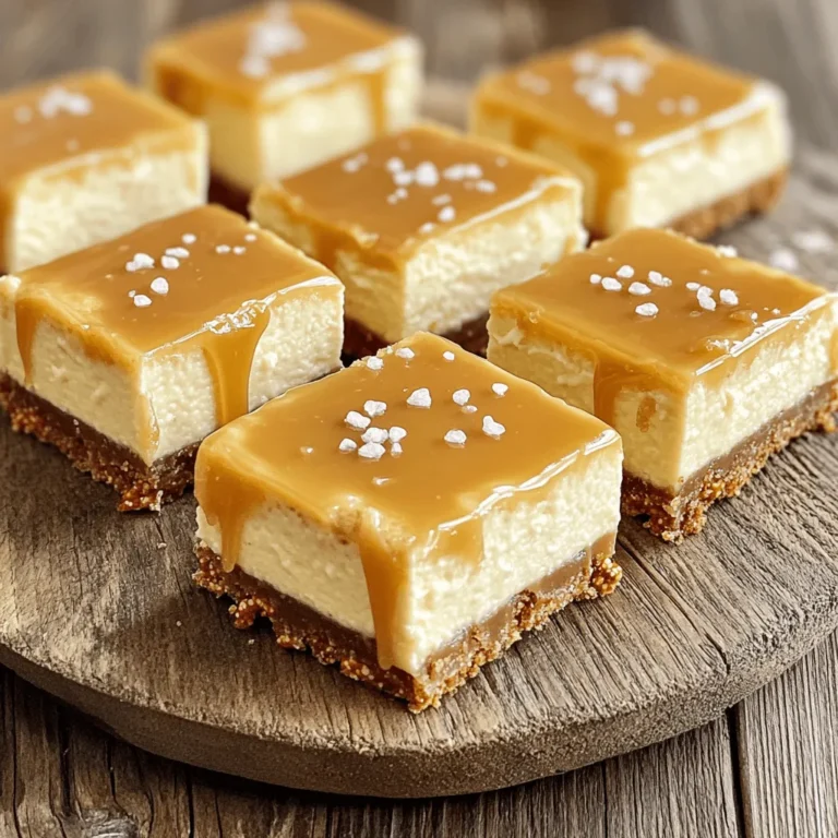Here are the key ingredients for making Salted Caramel Pretzel Cheesecake Bars: - 1 ½ cups pretzel crumbs - ½ cup unsalted butter, melted - 2 tablespoons brown sugar - 2 (8 oz) packages cream cheese, softened - 1 cup granulated sugar - 2 large eggs - 1 teaspoon vanilla extract - ½ cup sour cream - ½ cup salted caramel sauce, plus extra for drizzling - Sea salt, for sprinkling on top These ingredients blend together to create a rich and salty-sweet treat. The pretzel crumbs give a nice crunch to the bars, while the cream cheese creates a creamy filling. The salted caramel adds a sweet touch that pairs wonderfully with the salty crust. You can find all these ingredients at your local grocery store or online. Set your oven to 350°F (175°C). This heat helps the crust and cheesecake bake evenly. In a medium bowl, mix 1 ½ cups of pretzel crumbs, ½ cup melted unsalted butter, and 2 tablespoons brown sugar. Stir until everything combines. Press this mixture into a greased 9x9 inch pan to form a crust. Bake the crust for 10 minutes. It should look lightly golden. Let it cool slightly after baking. In a large bowl, beat 2 packages of softened cream cheese with 1 cup of granulated sugar. Mix until it’s light and fluffy. Add 2 large eggs, one at a time, mixing well after each. Then, add 1 teaspoon vanilla extract and ½ cup sour cream. Keep mixing until smooth and creamy. Gently fold in ½ cup of salted caramel sauce into the cheesecake mixture. Do this slowly so you don’t lose the air you whipped in. Pour this filling over your cooled pretzel crust. Spread it evenly with a spatula. Bake in the oven for 30 to 35 minutes. The center should set but still jiggle a little. Once done, let it cool at room temperature for about an hour. Then, place it in the fridge for at least 4 hours or overnight. This helps the flavors meld. After chilling, take the cheesecake out of the fridge. Drizzle extra salted caramel sauce on top. Lightly sprinkle sea salt over it. Slice into bars and serve. Enjoy the sweet and salty goodness! To make the crust, use fresh pretzel crumbs. You can crush the pretzels in a bag or a food processor. Mix them with melted butter and brown sugar. This blend gives the crust a sweet and salty taste. Press it down firmly in the pan. A compact crust holds the cheesecake well. Bake it at 350°F for 10 minutes. Let it cool before adding the filling. For a smooth cheesecake, use softened cream cheese. Beat it well with granulated sugar. Add eggs one at a time. Mix in the vanilla extract and sour cream slowly. This helps create a creamy texture. Be careful not to over-mix after adding the caramel. You want to keep some swirls for a nice look. Bake until the center is set but still slightly jiggly. This ensures a soft, creamy bite. Presentation matters! Cut the cheesecake into neat bars. Drizzle extra salted caramel sauce on top. A light sprinkle of sea salt adds a nice touch. Serve these bars on a beautiful platter. Consider adding a small bowl for extra caramel. This invites guests to dip and enjoy! {{image_2}} You can change the crust for your salted caramel pretzel cheesecake bars. Try using crushed graham crackers for a sweeter taste. Oreos also work great; they add a rich chocolate flavor. If you're feeling adventurous, use crushed cookies like Nilla wafers. Each crust brings a new twist. Toppings make your dessert shine. Add chopped nuts like pecans or walnuts for crunch. You can also use whipped cream for a light touch. Drizzle more salted caramel on top for extra sweetness. A sprinkle of sea salt enhances every bite. Do not skip this step! Want to jazz up your cheesecake? Mix in chocolate chips or cocoa powder for a chocolatey twist. If you love coffee, stir in some instant coffee granules. This adds a rich flavor that's hard to resist. You can also blend in a bit of espresso for a bold kick. To keep your salted caramel pretzel cheesecake bars fresh, place them in a sealed container. Store them in the fridge. They will stay good for about 5 days. Make sure to cover the top with plastic wrap to prevent drying out. If you want to save some bars for later, freezing is a great option. First, slice the bars into pieces. Next, wrap each piece tightly in plastic wrap. Place them in a freezer-safe bag or container. They can last up to 3 months in the freezer. When you want to enjoy them, just thaw them in the fridge overnight. After storing, serve the bars chilled or at room temperature. Drizzle extra salted caramel sauce on top for added flavor. A light sprinkle of sea salt enhances the taste even more. For a fun twist, serve with a scoop of vanilla ice cream on the side. This makes a perfect treat for any gathering. You can use mascarpone cheese instead of cream cheese. It has a similar texture. Ricotta cheese works too, but it may be less smooth. For a lighter version, try Greek yogurt. Just ensure it is thick enough to hold the bars together. Yes, you can make these bars gluten-free! Use gluten-free pretzel crumbs for the crust. Many brands offer gluten-free pretzels. Be sure to check the labels to ensure they are certified gluten-free. These cheesecake bars can last up to five days in the fridge. Store them in an airtight container to keep them fresh. If you want to enjoy them longer, they can last up to three months in the freezer. Absolutely! Homemade caramel sauce adds a personal touch. Just make sure it’s thick enough. This will help the bars set well. If your sauce is too runny, it may affect the texture of the cheesecake. This blog post shared how to make delicious cheesecake bars. We covered the key ingredients like pretzel crumbs and salted caramel sauce. I provided step-by-step instructions, including baking tips for a perfect crust. You learned about fun variations and how to store leftovers. These cheesecake bars are not just tasty but also easy to make. Enjoy trying out different toppings and flavors. I can’t wait for you to impress friends and family with your creation. Your kitchen will never be the same!