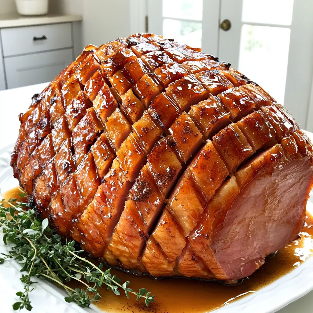 To make this dish, you will need a few key items. Here’s the list: - 1 fully cooked bone-in ham (about 5-7 pounds) - 1 cup maple syrup - 1/2 cup brown sugar - 1/4 cup Dijon mustard - 1/4 teaspoon ground cinnamon - 1/4 teaspoon ground cloves - 1/4 teaspoon black pepper - 1/4 cup apple cider vinegar - 1/4 cup water These ingredients come together to create a sweet and savory glaze. The ham is the star, but the glaze adds depth and warmth. You might want to add some garnishes for extra flair. Here’s what I recommend: - Fresh thyme sprigs These not only look great but also enhance the dish’s aroma. A little touch of green makes everything pop. Choosing the right ham is key to this recipe. Here are some tips to help you pick the best one: - Look for a bone-in ham for more flavor. - Choose a ham that is fully cooked for ease. - A weight between 5 to 7 pounds works best for this slow cooker recipe. - Check for a good marbling of fat, as this keeps the ham juicy during cooking. By following these tips, you’ll set yourself up for a delicious meal that impresses at any gathering. Start by taking the ham out of its package. Place it on a cutting board. Score the surface in a diamond pattern. Make cuts about one inch apart. Be careful not to cut too deep. This step allows the glaze to soak in better. Grab a mixing bowl and combine the following ingredients: - 1 cup maple syrup - 1/2 cup brown sugar - 1/4 cup Dijon mustard - 1/4 teaspoon ground cinnamon - 1/4 teaspoon ground cloves - 1/4 teaspoon black pepper - 1/4 cup apple cider vinegar - 1/4 cup water Whisk these together until smooth. The mix should smell sweet and spicy. This glaze will make the ham shine and taste great. Put the ham in the slow cooker, cut side down. Pour the glaze over the ham. Make sure it seeps into the scored cuts. Cover the slow cooker and set it to low. Cook for 6 to 8 hours. The ham should be hot and tender when done. During cooking, baste the ham with the juices. This adds more flavor and keeps it moist. Once finished, carefully move the ham to a platter. If you want, strain the remaining glaze into a small pan. Simmer it for 10 minutes to thicken. Brush this glaze over the ham before serving. Garnish with fresh thyme sprigs for a nice touch. To get the best flavor from your ham, start by scoring it. Make cuts in a diamond pattern about one inch apart. This allows the glaze to soak in well. Use a mix of maple syrup, brown sugar, and Dijon mustard for your glaze. These ingredients blend sweet and tangy. Adding ground cinnamon and cloves gives it warmth. The apple cider vinegar adds a nice zing to the flavor. Make sure to cover the ham completely with the glaze for maximum taste. Slow cooking is key to tender ham. Set your slow cooker on low for 6 to 8 hours. This long cook time helps the flavors blend. Always place the ham cut side down. This keeps it juicy as it cooks. It's important not to lift the lid too often. Each time you do, heat escapes, slowing down the cooking. If you want, you can add a bit of water to the slow cooker. This creates steam and helps keep the ham moist. Basting is a great way to keep your ham juicy. Use a spoon to drizzle the cooking juices over the ham every hour. This adds more flavor and moisture. You can also strain the remaining glaze after cooking. Simmer it on the stove for a bit to thicken it. Once thickened, brush this glaze over the ham before serving. This extra layer of glaze makes the ham look shiny and delicious. Don't forget to garnish with fresh thyme sprigs for a touch of color! {{image_2}} If you want to change the taste, you can swap the glaze. Here are some ideas: - Honey Mustard Glaze: Use honey instead of maple syrup. Mix it with Dijon mustard for a sweet and tangy flavor. - Pineapple Brown Sugar Glaze: Add crushed pineapple to brown sugar. This gives a fruity twist. - Spicy Maple Glaze: Mix maple syrup with a touch of cayenne. This adds a kick to your ham. You don’t have to stick to a bone-in ham. Here are some other cuts you can use: - Boneless Ham: This cut cooks faster and is easier to slice. - Ham Steaks: These are great for smaller gatherings. Cook them in the same glaze. - Spiral-Cut Ham: This type is ready to eat and needs less cooking time. Change up your recipe with seasonal ingredients. Here are some swaps: - Citrus Juice: During winter, try orange or lemon juice in your glaze. This brightens the taste. - Herbs: In spring, add fresh herbs like rosemary or basil for a fresh flavor. - Fall Spices: In autumn, use nutmeg or allspice for a warm, cozy taste. These variations make your Maple Brown Sugar Glazed Ham unique every time. Enjoy experimenting! After your feast, store any leftover ham in an airtight container. Cut the ham into slices for easier storage. Place a piece of plastic wrap over the ham before sealing the container. This helps keep the meat fresh. Leftover ham stays good in the fridge for up to four days. To reheat your ham, slice it into pieces. Place the slices in a baking dish. Add a bit of water or broth to keep it moist. Cover the dish with foil. Heat in a preheated oven at 325°F for about 15 to 20 minutes. This method warms the ham evenly and keeps it juicy. If you want to keep ham longer, freezing is a great option. Wrap the slices tightly in plastic wrap. Then place them in a freezer bag. Squeeze out any air before sealing. Frozen ham can last up to six months. When ready to eat, thaw it in the fridge overnight before reheating. You should cook a fully cooked ham for about 6 to 8 hours on low heat. This time allows the ham to warm up fully and soak in the glaze. Check the ham after 6 hours. If it is warm and tender, it is ready to serve. Yes, you can use a boneless ham for this recipe. Boneless ham cooks well and absorbs the glaze nicely. Just make sure it fits in your slow cooker. The cooking time should be similar to a bone-in ham. Maple Brown Sugar Glazed Ham pairs well with many sides. Here are some ideas: - Roasted vegetables - Mashed potatoes - Green beans - Macaroni and cheese - A fresh salad These sides complement the sweet flavors of the ham. Enjoy mixing and matching to find your favorite combination! You learned how to make a tasty Maple Brown Sugar Glazed Ham. We covered the best ingredients, tips for selecting ham, and ways to prepare it using a slow cooker. I shared ways to add flavor, basting tips, and fun variations to try. Storing and reheating leftovers was also discussed for your convenience. This dish brings warmth and flavor to any table. Enjoy making this meal your own!