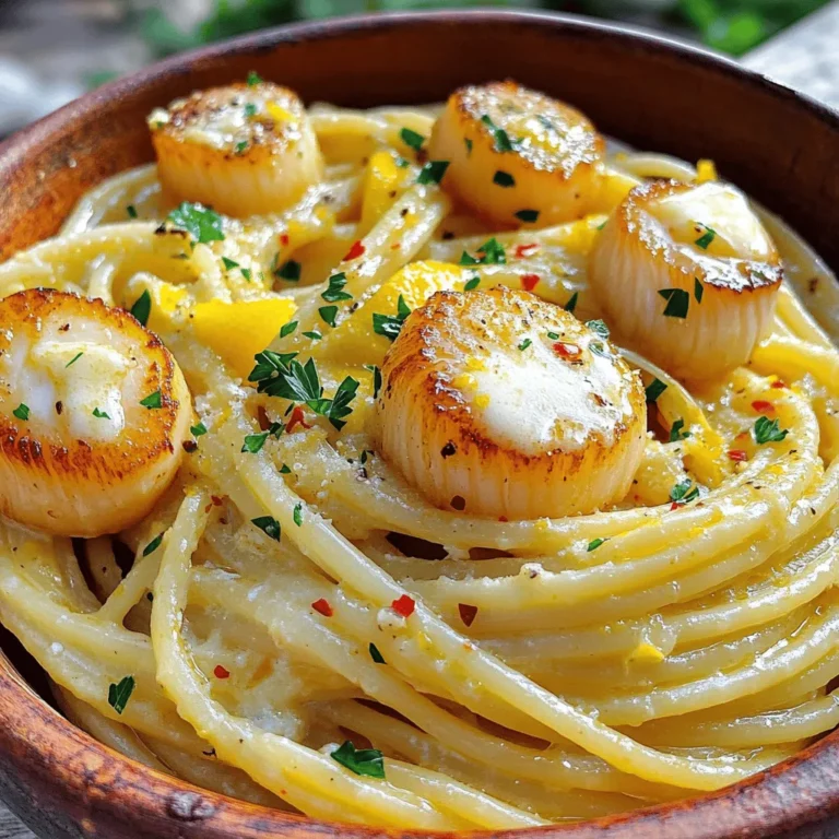 - 8 oz spaghetti or linguine - 1 lb large sea scallops - 4 tablespoons unsalted butter - 4 cloves garlic, minced - 1/4 teaspoon red pepper flakes (optional) - 1/4 cup fresh parsley, chopped - Zest and juice of 1 lemon - Salt and black pepper to taste - Grated Parmesan cheese (for serving, optional) To make Minute Garlic Butter Scallop Pasta, you need just a few key ingredients. First, choose between spaghetti or linguine. Both will coat well with the sauce. Next, grab a pound of large sea scallops. Their sweet flavor shines in this dish. You will also need unsalted butter, which adds richness. Garlic is a must for that savory kick. If you like a bit of heat, add red pepper flakes. They are optional but add a nice touch. For freshness, use chopped parsley and lemon zest. The lemon juice brightens the dish and balances the buttery flavor. Don't forget salt and black pepper to taste. Finally, grated Parmesan cheese is a great way to finish your plate. Gathering these ingredients will set you up for a tasty meal. Each one plays a role in creating a dish that feels fancy yet is easy to make. Start by bringing a large pot of salted water to a boil. This step is crucial for flavor. Add 8 oz of spaghetti or linguine. Cook according to the package instructions until al dente, which is about 8-10 minutes. Once done, reserve 1/2 cup of pasta water for later. Drain the pasta and set it aside. Next, you need to prepare the scallops. Take 1 lb of large sea scallops and pat them dry with paper towels. This helps them sear nicely. Season both sides with salt and black pepper. Make sure to cover them evenly for the best flavor. Now it’s time to sear the scallops. In a large skillet, heat 2 tablespoons of unsalted butter over medium-high heat. When the butter starts to sizzle, gently add the scallops in a single layer. Cook for 2-3 minutes without moving them. This helps to form a golden crust. Flip the scallops and sear for another 2 minutes. Once done, remove them from the skillet and set them aside. In the same skillet, lower the heat to medium. Add the remaining 2 tablespoons of butter and 4 cloves of minced garlic. Sauté for about 1 minute until the garlic is fragrant but not burnt. If you like a little heat, add 1/4 teaspoon of red pepper flakes at this point. Return the cooked scallops to the skillet. Add the drained pasta along with the lemon zest and juice from one lemon. Toss everything gently to combine. If the sauce seems too thick, add a splash of the reserved pasta water. This helps the sauce stick to the pasta. Now for the final touches. Stir in 1/4 cup of chopped fresh parsley. Taste your dish and adjust the seasoning with more salt and black pepper if you want. Cook for another minute to heat everything through. Plate the pasta and make sure each serving gets a good amount of scallops. Garnish with extra parsley and sprinkle with grated Parmesan cheese if you like. Enjoy your meal! To get the best sear on scallops, you must dry them well. Use paper towels to pat them dry before cooking. Wet scallops won’t sear properly; they will steam instead. When the scallops are ready, they will develop a golden crust. Look for that nice color on one side before flipping. Cook them for about 2-3 minutes on the first side and then another 2 minutes on the other side. You can easily boost the flavor of your dish. Consider adding a pinch of fresh herbs like thyme or basil. These will add a lovely aroma and taste. If you want to switch up your pasta, try using fettuccine or penne. Each type will change the dish's texture and mouthfeel. If you're making more or fewer servings, adjust the cooking times slightly. For larger servings, increase the searing time by a minute per batch. For smaller servings, reduce the time to prevent overcooking. Remember, scallops cook quickly. Keep an eye on them to ensure they stay tender and juicy. {{image_2}} You can use shrimp or fish instead of scallops. Shrimp cooks fast and adds a nice flavor. Choose large shrimp for best results. Just sauté them like scallops. For fish, try a firm white fish like cod or halibut. Cut the fish into chunks to cook evenly. This keeps the dish light and tasty. For a vegetarian meal, swap scallops for mushrooms or tofu. Use large portobello mushrooms for a meaty texture. Simply slice and sauté them until golden. Tofu can also work; use firm tofu and press it to remove water. Cut into cubes and pan-fry until crispy. These options keep the dish hearty without seafood. You can make a creamy garlic butter sauce by adding heavy cream. This adds richness and a smooth texture. Start by stirring in about half a cup of cream after cooking garlic. You can also incorporate white wine for extra depth. Just add a splash before the garlic, letting it reduce slightly. Fresh herbs like basil or thyme can brighten the dish. Toss in chopped herbs at the end for fresh flavor. To keep your garlic butter scallop pasta fresh, use airtight containers. Glass or plastic containers work well. Store the leftovers in the fridge for up to three days. Make sure to cool the dish to room temperature before sealing it. This helps keep flavors intact. For the best results, reheat your pasta and scallops on the stove. Add a splash of water or broth to a skillet. Heat over low to medium heat. Stir gently until warmed through. This keeps the pasta from drying out. You can also use the microwave. Heat in short bursts, stirring in between, until hot. If you want to freeze the dish, first let it cool completely. Then, place portions in freezer-safe bags or containers. Remove as much air as possible before sealing. You can freeze it for up to two months. When ready to eat, thaw it overnight in the fridge. Reheat it on the stove as mentioned above. Avoid refreezing after thawing. This dish is quick and easy to prepare. You will spend about 10 minutes getting ready. Cooking the pasta takes another 8-10 minutes. Searing the scallops and making the sauce takes around 5-7 minutes. Overall, you can have this meal ready in just 25 minutes! Yes, you can use frozen scallops. Just remember to thaw them first. Place them in the fridge overnight or run cold water over them. Frozen scallops can be watery, so pat them dry with a paper towel before cooking. This helps get a nice sear. This dish pairs well with many sides. A fresh green salad adds a nice crunch. Garlic bread is another great option. For drinks, a crisp white wine complements the flavors. Lemonade or sparkling water also works well for a refreshing touch. This garlic butter scallop pasta is easy to make and delicious. We covered the main ingredients, step-by-step cooking, and tips for perfect scallops. Remember, searing them right adds great flavor. You can also try variations like shrimp or a creamy sauce. Storing leftovers is simple too. Enjoy your meal tonight and impress your friends!