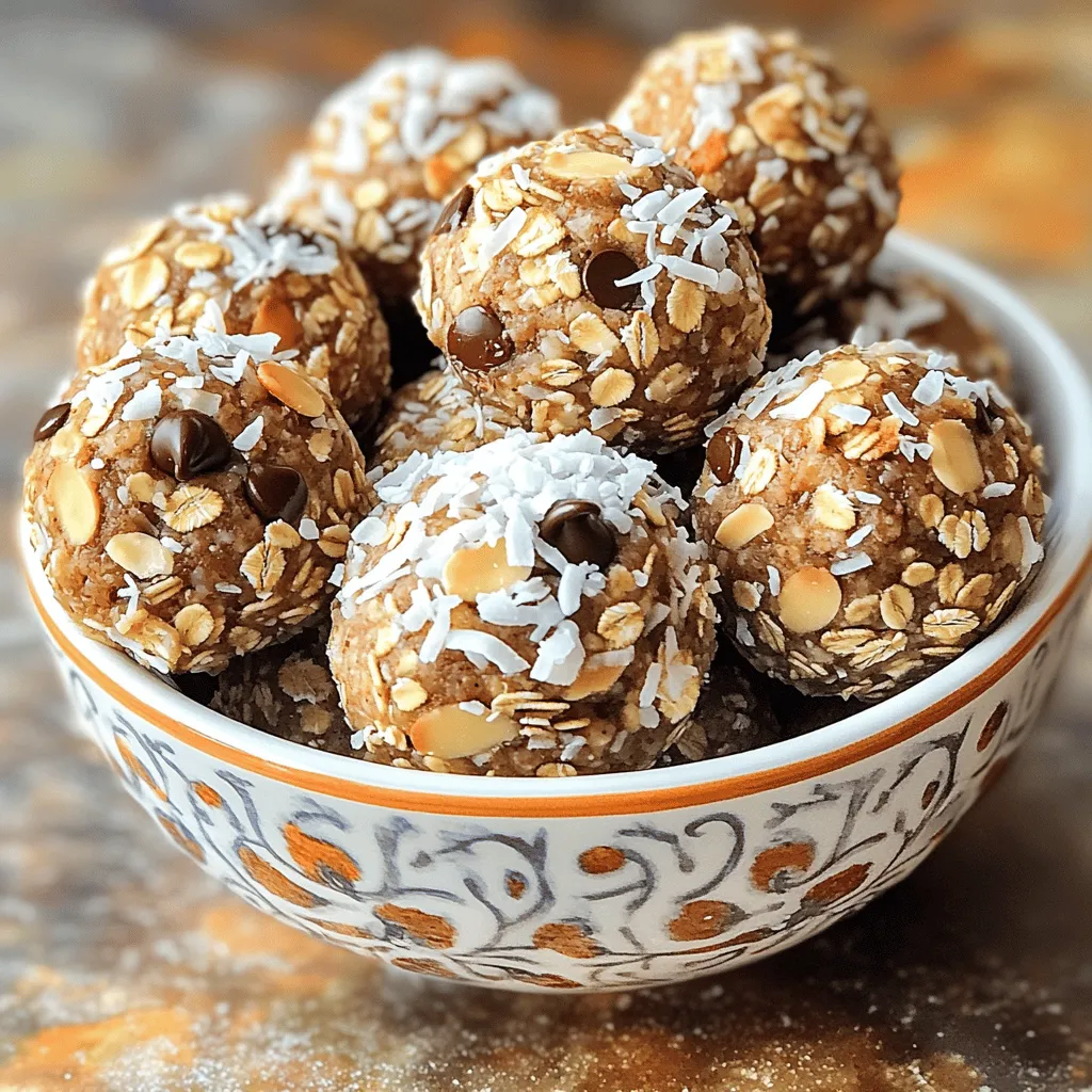 Here are the key ingredients for No Bake Almond Joy Energy Bites. Each ingredient plays a role in taste and texture: - 1 cup rolled oats - 1/2 cup almond butter - 1/4 cup honey or maple syrup - 1/4 cup unsweetened shredded coconut - 1/4 cup dark chocolate chips - 1/4 cup chopped almonds - 1 teaspoon vanilla extract - Pinch of salt The rolled oats form a hearty base. Almond butter adds creaminess and protein. Honey or maple syrup gives a touch of sweetness. Shredded coconut provides a chewy texture. Dark chocolate chips add a rich, indulgent flavor. Chopped almonds give a nice crunch. Vanilla extract enhances the overall taste. Finally, a pinch of salt balances all the flavors. When you mix these ingredients, you create a blend that tastes like a treat but is still nutritious. This combination allows you to enjoy a sweet snack without feeling guilty. Plus, these bites are easy to customize with your favorite flavors! - Step 1: Combine oats, almond butter, and honey In a large mixing bowl, add 1 cup rolled oats, 1/2 cup almond butter, and 1/4 cup honey. Mix well until the dry oats are fully coated. - Step 2: Mix in the remaining ingredients Next, stir in 1/4 cup unsweetened shredded coconut, 1/4 cup dark chocolate chips, 1/4 cup chopped almonds, 1 teaspoon vanilla extract, and a pinch of salt. Make sure everything blends evenly. - Step 3: Adjust texture if necessary If your mixture seems too crumbly, add an extra tablespoon of almond butter or honey. This will help it hold together better. - Step 4: Roll into bite-sized balls Now, take small amounts of the mixture and roll them into 1-inch balls. Place the balls on a parchment-lined baking sheet or plate. - Step 5: Refrigerate to firm up Finally, refrigerate the energy bites for at least 30 minutes. This helps them firm up and makes them easy to eat. With these simple steps, you’ll create tasty and healthy snacks in no time! Enjoy the process and the delicious rewards. - Using sticky substances for cohesion: Almond butter and honey are key. They help hold the bites together. If your mix feels crumbly, add more almond butter or honey. This ensures every bite stays intact and easy to eat. - Keeping bites uniform in size: Aim for 1-inch balls. This helps with portion control. Use a small cookie scoop for even sizes. It makes the process quick and neat. - Incorporating chocolate or coconut variations: Feel free to mix things up! You can add more dark chocolate chips for a richer taste. Or, try different nut butters. Peanut butter or cashew butter can add a new twist. - Serving suggestions with decorative bowls: A fun way to serve these bites is in a colorful bowl. Add a sprinkle of shredded coconut on top. This adds a nice touch and makes them look nice for guests or family. - Gift packaging ideas for energy bites: Want to share these bites? Package them in small bags. Use clear bags and tie with a ribbon. This makes a cute gift for friends or family. They’ll love the thought and the tasty treat! {{image_2}} You can easily change the flavors in your No Bake Almond Joy Energy Bites. Start by substituting different nut butters. Try peanut butter or cashew butter for a twist. Each nut butter brings its own taste and creaminess. You can also add dried fruits or seeds. Dried cranberries or apricots add sweetness and chewiness. Sunflower seeds or pumpkin seeds can give a nice crunch. These changes can make your bites fun and exciting! If you want vegan-friendly options, swap honey for maple syrup. This keeps the bites sweet without using animal products. Always check labels on nut butters to ensure they are vegan. For gluten-free substitutions, use certified gluten-free oats. Most rolled oats are gluten-free, but not all brands are. This small change ensures everyone can enjoy these tasty bites. Making these simple swaps will keep the energy bites delicious while meeting dietary needs. To keep your No Bake Almond Joy Energy Bites fresh, store them in an airtight container. I recommend placing them in the refrigerator. They will stay good for up to a week. If you want to enjoy them later, it’s best to keep them cool. If you want to store these energy bites for longer, freezing is a great option. Just place them in a freezer-safe container or bag. Make sure to separate each bite with parchment paper. This will help prevent them from sticking together. When you're ready to enjoy them, take out what you need. Let them thaw in the fridge for a few hours. They will taste just as good as when you made them. You can use any nut butter you like. Peanut butter works well. Sunflower seed butter is a great nut-free choice. Just remember, each nut butter has its own flavor. These energy bites last up to a week in the fridge. Store them in an airtight container to keep them fresh. If they last that long! Yes, you can skip the chocolate chips. If you want, add extra chopped almonds or coconut instead. This will keep the bites tasty and fun. Yes, they are healthy! They use whole ingredients like oats, nuts, and honey. These bites give you energy and taste great. They make a perfect snack or treat. You can easily make delicious energy bites with simple steps. Start by mixing oats and almond butter with honey. Add coconut, chocolate, and almonds for flavor. Remember to keep them the same size for fun bites. You can change the recipe with different nut butters or dried fruits. Store them in the fridge or freeze for later. These bites are tasty, healthy, and great for snacks. Enjoy making them and adjusting to your taste!