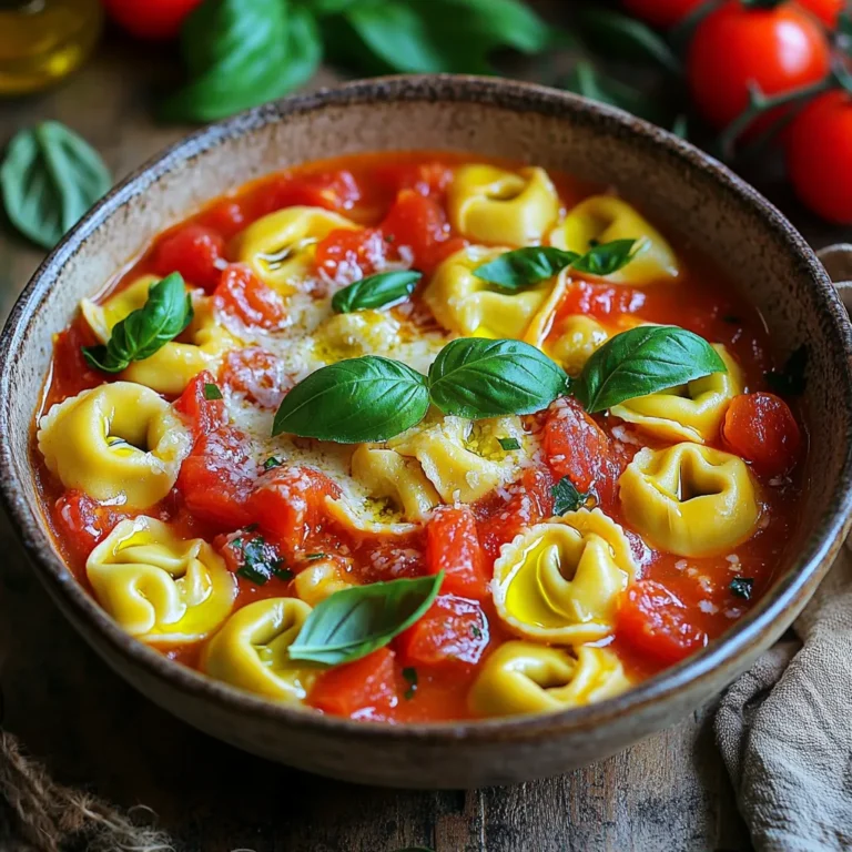 - 12 oz cheese tortellini (fresh or frozen) - 2 tablespoons olive oil - 1 medium onion, diced - 3 cloves garlic, minced - 1 can (14 oz) diced tomatoes (with juices) - 4 cups vegetable broth - 1 teaspoon dried oregano - 1 teaspoon dried basil - Salt and pepper to taste - 1 cup fresh basil, chopped (plus extra for garnish) - ½ cup grated Parmesan cheese (plus extra for serving) - ½ teaspoon red pepper flakes (optional for heat) You can add a few optional ingredients to boost the taste. Consider using: - A splash of balsamic vinegar for tanginess - Fresh spinach for added greens - Cooked sausage or chicken for protein - A pinch of lemon zest for brightness This dish is not only tasty, but it also offers good nutrition. Here’s a rough breakdown per serving: - Calories: 400 - Protein: 18g - Carbohydrates: 50g - Fat: 15g - Fiber: 3g - Sodium: 600mg These values can change based on your ingredient choices. 1. Gather all your ingredients. You will need cheese tortellini, olive oil, onion, and garlic. 2. Dice the onion into small pieces. This helps it cook evenly. 3. Mince the garlic cloves finely. This will give a strong flavor to the dish. 4. Chop the fresh basil. Set it aside for later. 1. Heat the olive oil in a large pot over medium heat. 2. Add the diced onion and cook for 3-4 minutes. Stir until the onion is soft and clear. 3. Next, add the minced garlic. Cook for one more minute. You want it to smell great! 4. Pour in the can of diced tomatoes with all its juice. 5. Add the vegetable broth. Mix in dried oregano, dried basil, salt, and pepper. 6. If you like heat, add red pepper flakes now. 7. Bring everything to a gentle boil. This helps mix the flavors well. 8. When boiling, add the tortellini. Stir gently. 9. Reduce the heat to medium-low. Let it simmer for 5-7 minutes. 10. Stir often until the tortellini is tender and cooked through. 11. Near the end, mix in chopped fresh basil and grated Parmesan cheese. 12. Taste and adjust seasoning if needed. 13. Remove from heat. Let it sit for a few minutes to thicken. - Cook the tortellini until just tender. This keeps them firm. - Stir gently to avoid breaking the tortellini. - Let the dish rest after cooking. This helps the flavors meld. - If it seems too thick, add a splash of broth or water. - For extra creaminess, mix in more Parmesan cheese at the end. After enjoying your One Pot Tomato Basil Tortellini, store leftovers in an airtight container. This keeps the dish fresh for up to three days in the fridge. If you want to freeze it, use freezer-safe containers. Remember to leave some space at the top, as the tortellini will expand when frozen. Reheat in the microwave or on the stove until warm. You can prep several parts of this dish ahead of time. Chop your onions and garlic the night before. Store them in the fridge to save time later. You can also measure out your spices and store them in a small jar. This way, when you are ready to cook, everything is ready to go. If you use frozen tortellini, you can skip thawing; just add it straight to the pot. Taste is personal! You might want to tweak the seasonings to fit your preference. Start by adding a little more salt or pepper to enhance the flavors. If you like it spicy, add more red pepper flakes. For a fresh taste, add more chopped basil or a squeeze of lemon juice. Always taste as you go, so you can make it just right for you! {{image_2}} You can add protein to make this dish heartier. Here are some ideas: - Chicken: Add cooked, shredded chicken for extra flavor. - Sausage: Use Italian sausage for a spicy twist. - Beans: Chickpeas or white beans boost protein and fiber. - Shrimp: Toss in shrimp for a seafood flair. Choose your favorite and mix it in at the end. This adds a tasty layer to your tortellini. Herbs can change the whole vibe of the dish. Try these combinations: - Thyme and Parsley: For a fresh, earthy taste. - Cilantro and Lime: Adds a zesty kick perfect for summer. - Rosemary: A strong flavor that pairs well with tomatoes. - Mint: For a unique twist that surprises the palate. Mix and match to find your perfect blend. You can make this dish fit different diets easily. Here’s how: - Gluten-Free: Use gluten-free tortellini for a safe option. - Vegan: Swap cheese tortellini with a plant-based version. Use nutritional yeast to replace Parmesan cheese. - Broth: Ensure you use vegetable broth without animal products. These swaps let everyone enjoy the meal without worry. To keep your One Pot Tomato Basil Tortellini fresh, store it in an airtight container. Let it cool down before sealing. This helps prevent moisture build-up. Place the container in the fridge. It should stay good for about 3 to 4 days. If you notice any off smells or colors, it's best to discard it. You can freeze this dish for longer storage. First, let it cool completely. Then, use freezer-safe containers or bags. Be sure to leave some space for expansion. Label the container with the date. This dish can last up to 2 months in the freezer. When ready to eat, thaw it overnight in the fridge before reheating. To reheat, you have a few options. The best way is on the stove. Add the tortellini to a pan over low heat. Stir in a splash of broth or water to keep it moist. Heat until warm, stirring often. You can also use the microwave. Place it in a microwave-safe bowl, cover it, and heat in short bursts. Stir in between to avoid hot spots. Enjoy your meal just as delicious as the first time! Yes, you can use frozen tortellini in this recipe. Just add them directly to the pot. They will cook well in the broth. Frozen tortellini may take a minute or two longer to cook. Check the package for cooking times to be sure. If you don't have vegetable broth, you can use chicken broth. Water is another option, but it may lack flavor. You can enhance water by adding seasonings like garlic powder or bouillon cubes. This will help create a rich taste in your dish. To make it creamier, add more grated Parmesan cheese. You can also stir in some heavy cream or cream cheese. This will give your dish a rich texture. Start with a small amount and add more as needed. Yes, this recipe is great for meal prep. You can cook it ahead of time and store it in the fridge. It stays tasty for about three to four days. Just reheat it on the stove or in the microwave. If you want, you can freeze it for later. Just remember to leave out the fresh basil until you serve it. This blog post covered everything you need for making One Pot Tomato Basil Tortellini. You learned about key ingredients, cooking steps, and storage tips. We even explored variations for different diets and preferences. Remember, cooking is about fun and taste. Use these tips to make every dish your own. Enjoy your cooking, and share your delicious results!