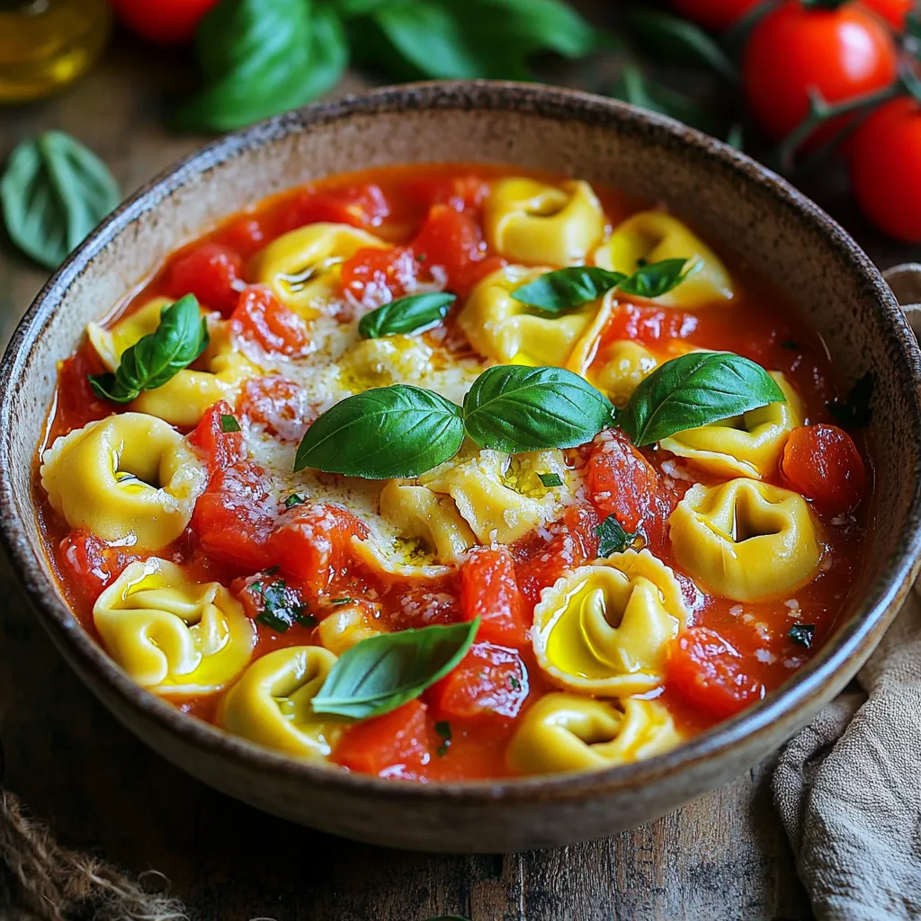 - 12 oz cheese tortellini (fresh or frozen) - 2 tablespoons olive oil - 1 medium onion, diced - 3 cloves garlic, minced - 1 can (14 oz) diced tomatoes (with juices) - 4 cups vegetable broth - 1 teaspoon dried oregano - 1 teaspoon dried basil - Salt and pepper to taste - 1 cup fresh basil, chopped (plus extra for garnish) - ½ cup grated Parmesan cheese (plus extra for serving) - ½ teaspoon red pepper flakes (optional for heat) You can add a few optional ingredients to boost the taste. Consider using: - A splash of balsamic vinegar for tanginess - Fresh spinach for added greens - Cooked sausage or chicken for protein - A pinch of lemon zest for brightness This dish is not only tasty, but it also offers good nutrition. Here’s a rough breakdown per serving: - Calories: 400 - Protein: 18g - Carbohydrates: 50g - Fat: 15g - Fiber: 3g - Sodium: 600mg These values can change based on your ingredient choices. 1. Gather all your ingredients. You will need cheese tortellini, olive oil, onion, and garlic. 2. Dice the onion into small pieces. This helps it cook evenly. 3. Mince the garlic cloves finely. This will give a strong flavor to the dish. 4. Chop the fresh basil. Set it aside for later. 1. Heat the olive oil in a large pot over medium heat. 2. Add the diced onion and cook for 3-4 minutes. Stir until the onion is soft and clear. 3. Next, add the minced garlic. Cook for one more minute. You want it to smell great! 4. Pour in the can of diced tomatoes with all its juice. 5. Add the vegetable broth. Mix in dried oregano, dried basil, salt, and pepper. 6. If you like heat, add red pepper flakes now. 7. Bring everything to a gentle boil. This helps mix the flavors well. 8. When boiling, add the tortellini. Stir gently. 9. Reduce the heat to medium-low. Let it simmer for 5-7 minutes. 10. Stir often until the tortellini is tender and cooked through. 11. Near the end, mix in chopped fresh basil and grated Parmesan cheese. 12. Taste and adjust seasoning if needed. 13. Remove from heat. Let it sit for a few minutes to thicken. - Cook the tortellini until just tender. This keeps them firm. - Stir gently to avoid breaking the tortellini. - Let the dish rest after cooking. This helps the flavors meld. - If it seems too thick, add a splash of broth or water. - For extra creaminess, mix in more Parmesan cheese at the end. After enjoying your One Pot Tomato Basil Tortellini, store leftovers in an airtight container. This keeps the dish fresh for up to three days in the fridge. If you want to freeze it, use freezer-safe containers. Remember to leave some space at the top, as the tortellini will expand when frozen. Reheat in the microwave or on the stove until warm. You can prep several parts of this dish ahead of time. Chop your onions and garlic the night before. Store them in the fridge to save time later. You can also measure out your spices and store them in a small jar. This way, when you are ready to cook, everything is ready to go. If you use frozen tortellini, you can skip thawing; just add it straight to the pot. Taste is personal! You might want to tweak the seasonings to fit your preference. Start by adding a little more salt or pepper to enhance the flavors. If you like it spicy, add more red pepper flakes. For a fresh taste, add more chopped basil or a squeeze of lemon juice. Always taste as you go, so you can make it just right for you! {{image_2}} You can add protein to make this dish heartier. Here are some ideas: - Chicken: Add cooked, shredded chicken for extra flavor. - Sausage: Use Italian sausage for a spicy twist. - Beans: Chickpeas or white beans boost protein and fiber. - Shrimp: Toss in shrimp for a seafood flair. Choose your favorite and mix it in at the end. This adds a tasty layer to your tortellini. Herbs can change the whole vibe of the dish. Try these combinations: - Thyme and Parsley: For a fresh, earthy taste. - Cilantro and Lime: Adds a zesty kick perfect for summer. - Rosemary: A strong flavor that pairs well with tomatoes. - Mint: For a unique twist that surprises the palate. Mix and match to find your perfect blend. You can make this dish fit different diets easily. Here’s how: - Gluten-Free: Use gluten-free tortellini for a safe option. - Vegan: Swap cheese tortellini with a plant-based version. Use nutritional yeast to replace Parmesan cheese. - Broth: Ensure you use vegetable broth without animal products. These swaps let everyone enjoy the meal without worry. To keep your One Pot Tomato Basil Tortellini fresh, store it in an airtight container. Let it cool down before sealing. This helps prevent moisture build-up. Place the container in the fridge. It should stay good for about 3 to 4 days. If you notice any off smells or colors, it's best to discard it. You can freeze this dish for longer storage. First, let it cool completely. Then, use freezer-safe containers or bags. Be sure to leave some space for expansion. Label the container with the date. This dish can last up to 2 months in the freezer. When ready to eat, thaw it overnight in the fridge before reheating. To reheat, you have a few options. The best way is on the stove. Add the tortellini to a pan over low heat. Stir in a splash of broth or water to keep it moist. Heat until warm, stirring often. You can also use the microwave. Place it in a microwave-safe bowl, cover it, and heat in short bursts. Stir in between to avoid hot spots. Enjoy your meal just as delicious as the first time! Yes, you can use frozen tortellini in this recipe. Just add them directly to the pot. They will cook well in the broth. Frozen tortellini may take a minute or two longer to cook. Check the package for cooking times to be sure. If you don't have vegetable broth, you can use chicken broth. Water is another option, but it may lack flavor. You can enhance water by adding seasonings like garlic powder or bouillon cubes. This will help create a rich taste in your dish. To make it creamier, add more grated Parmesan cheese. You can also stir in some heavy cream or cream cheese. This will give your dish a rich texture. Start with a small amount and add more as needed. Yes, this recipe is great for meal prep. You can cook it ahead of time and store it in the fridge. It stays tasty for about three to four days. Just reheat it on the stove or in the microwave. If you want, you can freeze it for later. Just remember to leave out the fresh basil until you serve it. This blog post covered everything you need for making One Pot Tomato Basil Tortellini. You learned about key ingredients, cooking steps, and storage tips. We even explored variations for different diets and preferences. Remember, cooking is about fun and taste. Use these tips to make every dish your own. Enjoy your cooking, and share your delicious results!