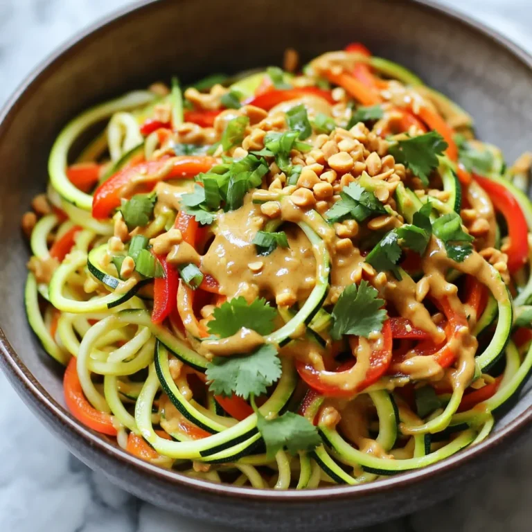 - 4 medium zucchinis - 1 cup carrots, julienned - 1 red bell pepper, thinly sliced - 1/2 cup green onions, chopped - 1/2 cup roasted peanuts, roughly chopped - 1/4 cup cilantro, chopped (for garnish) - 2 tablespoons sesame oil - 1/3 cup creamy peanut butter - 3 tablespoons soy sauce (low sodium) - 2 tablespoons lime juice - 1 tablespoon honey or maple syrup - 1 tablespoon ginger, grated - 2 garlic cloves, minced - 1-2 tablespoons water (to thin sauce as needed) To make Thai Peanut Zucchini Noodles, you need fresh, simple ingredients. Zucchini serves as the star of this dish. Its mild taste blends well with the peanut sauce. Carrots add crunch and color. Red bell peppers give a sweet note. Green onions add freshness and a nice bite. Roasted peanuts bring a satisfying crunch. Finally, cilantro gives a bright flavor. Now, let’s dive into the peanut sauce. Creamy peanut butter creates a rich base. Low sodium soy sauce adds a salty kick. Lime juice brightens it up, balancing the flavors. Honey or maple syrup gives a touch of sweetness. Grated ginger and minced garlic add depth. Lastly, water helps adjust the sauce's thickness to your liking. With these ingredients on hand, you are ready to create a delightful meal! To start, you can turn zucchinis into noodles in two ways. A spiralizer makes great, curly noodles. A vegetable peeler creates long, flat ribbons. Both methods work well, so choose what you like best. After making your noodles, set them aside in a large bowl. If you want to store them, keep them in a paper towel. This helps absorb excess moisture. Place them in a sealed container in the fridge and use them within two days. Next, we make the peanut sauce. In a medium bowl, whisk together the peanut butter, soy sauce, lime juice, honey or maple syrup, grated ginger, and minced garlic. Use a steady hand to mix until smooth. If the sauce is too thick, add one to two tablespoons of water. This will help it pour easily over your noodles. Now it’s time to sauté the veggies. Heat sesame oil in a large skillet over medium heat. Add the julienned carrots and sliced red bell pepper. Sauté them for about three to four minutes. You want them to become slightly tender but still crisp. This keeps the texture nice and fresh. Once the veggies are ready, it’s time to combine everything. Add the zucchini noodles to the skillet with the sautéed vegetables. Pour the peanut sauce over everything. Toss gently to coat all the ingredients evenly. Cook for another two to three minutes. This warms the dish while keeping the zucchini al dente. For a beautiful presentation, serve your dish in shallow bowls. Drizzle extra peanut sauce on top. Add chopped peanuts and fresh cilantro for garnish. This not only looks great but also adds extra flavor. Enjoy your colorful, tasty meal! - Alternatives for peanut butter: If you cannot use peanut butter, try almond butter or sunflower seed butter. Both provide a nice creaminess and flavor. - Other vegetable options: You can use bell peppers, snap peas, or broccoli instead of carrots. These add crunch and color to the dish. - Best practices for sautéing: Heat your skillet well before adding the oil. This helps the veggies cook evenly. Stir them often to prevent burning. - Keeping zucchini al dente: Cook zucchini noodles only for a short time. You want them slightly firm, so they hold their shape and don’t get mushy. - Suggestions for adding spice: For heat, add red pepper flakes or sriracha to the peanut sauce. This will give your dish a nice kick. - Other dressings or sauces to explore: If you want a twist, try sesame dressing or a drizzle of coconut aminos. These can change the flavor profile while keeping it fresh. {{image_2}} You can add protein to your Thai peanut zucchini noodles for a heartier meal. Here are some great options: - Tofu: Use firm tofu, cubed and sautéed until golden. - Chicken: Grilled or pan-seared chicken slices work well. - Shrimp: Quick-cook shrimp adds a nice touch. You can also mix proteins. For example, try chicken and shrimp together for more flavor. Each protein brings its own unique taste and texture. If you need a gluten-free meal, there are simple swaps. Use gluten-free soy sauce instead of regular soy sauce. Brands like Tamari or coconut aminos work great. You can also check other ingredients for gluten. Make sure your peanut butter is gluten-free. Most brands are, but it’s always smart to read labels. To make this dish fully plant-based, you can easily swap out a few ingredients. Replace honey with maple syrup for a vegan-friendly sweetener. For a dairy-free garnish, skip traditional toppings and stick with more peanuts and cilantro. You can even add sliced avocado for creaminess. This keeps the meal vegan and still very tasty. To keep your Thai Peanut Zucchini Noodles fresh, use an airtight container. This will keep the flavors locked in and prevent drying out. The dish stays good in the fridge for about 3 days. After that, the noodles may become soggy and lose their taste. When reheating, use a skillet over low heat. This helps prevent the noodles from getting soggy. Add a splash of water to keep it moist while you heat. Stir gently to keep the flavors intact. You want to enjoy every bite just as you did when it was fresh! You can freeze zucchini noodles, but they may lose some texture. If you plan to freeze them, do so before cooking. For the peanut sauce, freeze it in a separate container. This way, you can enjoy it later without losing its rich flavor. Just thaw everything in the fridge overnight before using. To make zucchini noodles, you need a spiralizer or a vegetable peeler. A spiralizer creates long, curly noodles. If you use a peeler, you can make flat ribbons. First, wash the zucchinis. Cut off the ends. Then, either spiralize or peel the zucchinis into your desired shape. Place the noodles in a large bowl. You can store them in the fridge until you are ready to use them. This keeps them fresh and crisp. Yes, you can use other nut butters. Almond butter or cashew butter can work well. Almond butter has a nutty flavor. Cashew butter is creamier and sweet. Each nut butter changes the taste and texture. But the creamy texture of peanut butter is hard to beat. Try different nut butters to see which one you like best. These noodles pair well with many side dishes. You can serve them with a fresh salad or spring rolls. A light soup can also be a great match. For drinks, try iced tea or coconut water. These options enhance the meal and keep it light. Yes, zucchini noodles are very healthy. They are low in calories and high in fiber. Zucchini also provides vitamins A and C. The carrots add more nutrients and a splash of color. Peanuts give protein and healthy fats. Overall, this dish is a great option for a healthy meal. This dish is a tasty blend of fresh veggies and creamy sauce. You learned how to make zucchini noodles and a rich peanut sauce. I shared tips for sautéing veggies and keeping noodles firm. We covered storage ideas, reheating methods, and great variations. This recipe is not just healthy but also versatile. Experiment with proteins or dressings to fit your taste. Enjoy making this dish and impressing others with your skills!