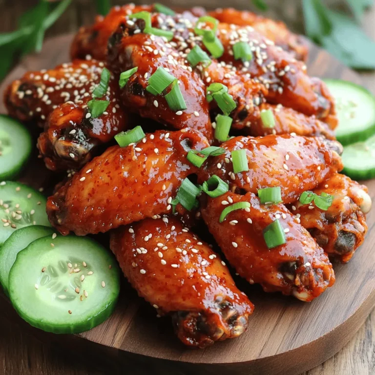 - 2 pounds chicken wings - 1/4 cup gochujang (Korean red chili paste) - 2 garlic cloves, minced - 1 teaspoon ginger, grated - 2 tablespoons soy sauce - 2 tablespoons honey - 1 tablespoon brown sugar - 2 tablespoons sesame oil - 1 tablespoon rice vinegar - 1/2 teaspoon black pepper - 1 tablespoon sesame seeds - 2 green onions, finely sliced Gather these ingredients for your spicy Korean BBQ chicken wings. Each item plays a key role in building flavor. The chicken wings serve as a canvas. They soak up all the bold flavors from the marinade. Gochujang is the star here. This paste is spicy and sweet, giving the wings their signature kick. Garlic and ginger add depth. They bring warmth and a hint of zest. The soy sauce balances the heat. Honey and brown sugar create a sticky sweetness. Sesame oil and rice vinegar add a nutty and tangy touch. Together, they round out the taste. For garnishing, sesame seeds provide crunch. Green onions add freshness and color. These elements elevate the dish visually and flavor-wise. With these ingredients, you're ready to make a delicious meal. Enjoy crafting these spicy wings! - In a large bowl, mix: - 1/4 cup gochujang - 2 tablespoons soy sauce - 2 tablespoons honey - 2 tablespoons sesame oil - 1 tablespoon rice vinegar - 2 minced garlic cloves - 1 teaspoon grated ginger - 1 tablespoon brown sugar - 1/2 teaspoon black pepper This mix creates a sweet and spicy flavor. Stir until smooth. A well-mixed marinade ensures every wing gets the same great taste. - Add 2 pounds of chicken wings to the bowl. - Toss the wings until fully coated. Make sure each wing has a good layer of marinade. Cover the bowl and refrigerate. Let them marinate for at least 1 hour. For more flavor, marinate overnight. - Preheat your oven to 400°F (200°C). This temperature will help the wings get crispy. - Line a baking sheet with foil for easy cleanup. - Place a wire rack on top of the sheet. - Arrange the marinated wings in a single layer on the rack. Baking them on a wire rack allows air to circulate. This helps them cook evenly and become crispy. - Bake for 35-40 minutes. Flip the wings halfway through. Once they turn golden brown, they are done. Enjoy the crispy, spicy goodness! To adjust the spice level, play with the gochujang. You can add more for heat or less for a milder taste. Start with a small amount, then taste the marinade. If you want balance, add honey. Sweetness helps tone down the heat. You can also mix in a splash of rice vinegar. This adds a tangy note and enhances the overall flavor. For crispy wings, baking is key. Preheat your oven to 400°F (200°C). Use a wire rack on a baking sheet. This allows hot air to circulate, making the wings crispy. Bake for 35-40 minutes for the best results. Flip the wings halfway through cooking. This helps them cook evenly and become golden brown. Pair your wings with fresh cucumber slices. They add a nice crunch and coolness. A crisp salad also works well to balance the spice. For dipping sauces, try a simple soy sauce mix or a tangy ranch. These add flavor and richness to each bite. Enjoy experimenting with different sides to find your favorite! {{image_2}} Want more heat? You can add extra spices. Consider using red chili flakes or sriracha. These will boost the spice level. You can also mix in garlic powder or onion powder for more flavor. Switching up the marinades is another fun way to play with flavors. Try mixing gochujang with peanut butter for a nutty twist. You can also use teriyaki sauce for a sweeter taste. Experimenting is key to finding your favorite flavor. Grilling your wings gives them a smoky flavor. It adds a nice char that many love. You can marinate them just like in the oven method. Cook them on medium heat for 20-25 minutes. Baking is simple and mess-free. It allows the wings to get crispy without much effort. The oven method I shared works great, but you can also use an air fryer. An air fryer cooks wings fast while keeping them crispy. It’s a convenient option for busy nights. Your wings need great sides. Cucumber slices are refreshing and cool down the heat. A simple salad pairs well too. You can try a Korean-style salad with sesame dressing. For a more traditional touch, serve with kimchi. The tangy flavors balance the wings. You can also make Korean fried rice as a filling side. It’s a tasty way to complete your meal. To keep your spicy Korean BBQ chicken wings fresh, place them in an airtight container. This will prevent them from drying out. Always store them in the fridge. They can last for about 3 to 4 days. If you want them to last longer, consider freezing instead. Reheating can be tricky. To keep wings crispy, use the oven. Preheat it to 375°F (190°C). Place wings on a baking sheet and heat for about 10-15 minutes. This will help maintain their crunch. You can also use the microwave, but this may make them soggy. If you do, heat them for about 1-2 minutes on medium power. Freezing wings is a great choice for long-term storage. First, let the wings cool completely. Then, place them in a freezer bag, removing as much air as possible. Seal the bag tightly. When you want to eat them, thaw wings in the fridge overnight. For quick thawing, place the bag in cold water for an hour. After thawing, reheat them using the oven for the best results. For great flavor, I recommend three brands. First, try Chung Jung One. Their gochujang is smooth and has a nice heat. Next, Sempio offers a balanced taste that works well in marinades. Lastly, Bibigo is perfect for a more subtle heat. Each brand brings its own touch, enhancing your wings. Yes, you can use frozen wings! Start by thawing them safely. Place the wings in the fridge overnight or submerge them in cold water for an hour. Once thawed, pat them dry to remove excess moisture. Follow the marinade steps as usual. Baking time may be slightly longer, so check for doneness. To make these wings milder, reduce the gochujang. Use only two tablespoons instead of a quarter cup. Add a bit more honey for sweetness. You can also mix in a little ketchup to soften the spice. Serve the wings with ranch or yogurt dip for a fun touch. Kids will love it! You now know how to make tasty Korean-style chicken wings. Start with chicken wings and key ingredients, such as gochujang, garlic, and ginger. Mix your marinade and let the wings soak up flavor. Bake until crispy and serve with tasty sides. Feel free to adjust the spice and explore different flavors. Enjoy experimenting with cooking methods, too. With these tips, you're set for success in the kitchen. Enjoy your wings, and share them with friends and family!