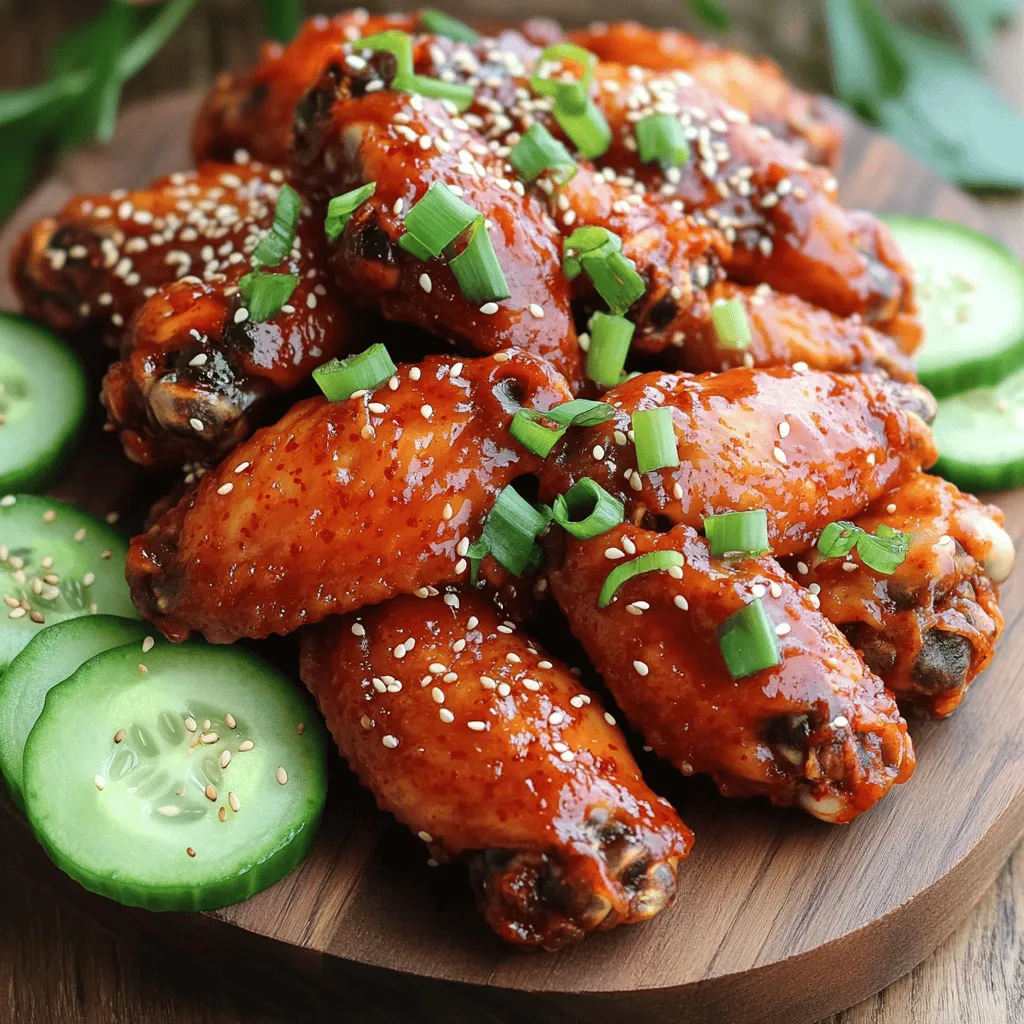- 2 pounds chicken wings - 1/4 cup gochujang (Korean red chili paste) - 2 garlic cloves, minced - 1 teaspoon ginger, grated - 2 tablespoons soy sauce - 2 tablespoons honey - 1 tablespoon brown sugar - 2 tablespoons sesame oil - 1 tablespoon rice vinegar - 1/2 teaspoon black pepper - 1 tablespoon sesame seeds - 2 green onions, finely sliced Gather these ingredients for your spicy Korean BBQ chicken wings. Each item plays a key role in building flavor. The chicken wings serve as a canvas. They soak up all the bold flavors from the marinade. Gochujang is the star here. This paste is spicy and sweet, giving the wings their signature kick. Garlic and ginger add depth. They bring warmth and a hint of zest. The soy sauce balances the heat. Honey and brown sugar create a sticky sweetness. Sesame oil and rice vinegar add a nutty and tangy touch. Together, they round out the taste. For garnishing, sesame seeds provide crunch. Green onions add freshness and color. These elements elevate the dish visually and flavor-wise. With these ingredients, you're ready to make a delicious meal. Enjoy crafting these spicy wings! - In a large bowl, mix: - 1/4 cup gochujang - 2 tablespoons soy sauce - 2 tablespoons honey - 2 tablespoons sesame oil - 1 tablespoon rice vinegar - 2 minced garlic cloves - 1 teaspoon grated ginger - 1 tablespoon brown sugar - 1/2 teaspoon black pepper This mix creates a sweet and spicy flavor. Stir until smooth. A well-mixed marinade ensures every wing gets the same great taste. - Add 2 pounds of chicken wings to the bowl. - Toss the wings until fully coated. Make sure each wing has a good layer of marinade. Cover the bowl and refrigerate. Let them marinate for at least 1 hour. For more flavor, marinate overnight. - Preheat your oven to 400°F (200°C). This temperature will help the wings get crispy. - Line a baking sheet with foil for easy cleanup. - Place a wire rack on top of the sheet. - Arrange the marinated wings in a single layer on the rack. Baking them on a wire rack allows air to circulate. This helps them cook evenly and become crispy. - Bake for 35-40 minutes. Flip the wings halfway through. Once they turn golden brown, they are done. Enjoy the crispy, spicy goodness! To adjust the spice level, play with the gochujang. You can add more for heat or less for a milder taste. Start with a small amount, then taste the marinade. If you want balance, add honey. Sweetness helps tone down the heat. You can also mix in a splash of rice vinegar. This adds a tangy note and enhances the overall flavor. For crispy wings, baking is key. Preheat your oven to 400°F (200°C). Use a wire rack on a baking sheet. This allows hot air to circulate, making the wings crispy. Bake for 35-40 minutes for the best results. Flip the wings halfway through cooking. This helps them cook evenly and become golden brown. Pair your wings with fresh cucumber slices. They add a nice crunch and coolness. A crisp salad also works well to balance the spice. For dipping sauces, try a simple soy sauce mix or a tangy ranch. These add flavor and richness to each bite. Enjoy experimenting with different sides to find your favorite! {{image_2}} Want more heat? You can add extra spices. Consider using red chili flakes or sriracha. These will boost the spice level. You can also mix in garlic powder or onion powder for more flavor. Switching up the marinades is another fun way to play with flavors. Try mixing gochujang with peanut butter for a nutty twist. You can also use teriyaki sauce for a sweeter taste. Experimenting is key to finding your favorite flavor. Grilling your wings gives them a smoky flavor. It adds a nice char that many love. You can marinate them just like in the oven method. Cook them on medium heat for 20-25 minutes. Baking is simple and mess-free. It allows the wings to get crispy without much effort. The oven method I shared works great, but you can also use an air fryer. An air fryer cooks wings fast while keeping them crispy. It’s a convenient option for busy nights. Your wings need great sides. Cucumber slices are refreshing and cool down the heat. A simple salad pairs well too. You can try a Korean-style salad with sesame dressing. For a more traditional touch, serve with kimchi. The tangy flavors balance the wings. You can also make Korean fried rice as a filling side. It’s a tasty way to complete your meal. To keep your spicy Korean BBQ chicken wings fresh, place them in an airtight container. This will prevent them from drying out. Always store them in the fridge. They can last for about 3 to 4 days. If you want them to last longer, consider freezing instead. Reheating can be tricky. To keep wings crispy, use the oven. Preheat it to 375°F (190°C). Place wings on a baking sheet and heat for about 10-15 minutes. This will help maintain their crunch. You can also use the microwave, but this may make them soggy. If you do, heat them for about 1-2 minutes on medium power. Freezing wings is a great choice for long-term storage. First, let the wings cool completely. Then, place them in a freezer bag, removing as much air as possible. Seal the bag tightly. When you want to eat them, thaw wings in the fridge overnight. For quick thawing, place the bag in cold water for an hour. After thawing, reheat them using the oven for the best results. For great flavor, I recommend three brands. First, try Chung Jung One. Their gochujang is smooth and has a nice heat. Next, Sempio offers a balanced taste that works well in marinades. Lastly, Bibigo is perfect for a more subtle heat. Each brand brings its own touch, enhancing your wings. Yes, you can use frozen wings! Start by thawing them safely. Place the wings in the fridge overnight or submerge them in cold water for an hour. Once thawed, pat them dry to remove excess moisture. Follow the marinade steps as usual. Baking time may be slightly longer, so check for doneness. To make these wings milder, reduce the gochujang. Use only two tablespoons instead of a quarter cup. Add a bit more honey for sweetness. You can also mix in a little ketchup to soften the spice. Serve the wings with ranch or yogurt dip for a fun touch. Kids will love it! You now know how to make tasty Korean-style chicken wings. Start with chicken wings and key ingredients, such as gochujang, garlic, and ginger. Mix your marinade and let the wings soak up flavor. Bake until crispy and serve with tasty sides. Feel free to adjust the spice and explore different flavors. Enjoy experimenting with cooking methods, too. With these tips, you're set for success in the kitchen. Enjoy your wings, and share them with friends and family!