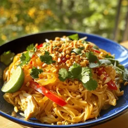 - 8 oz rice noodles - 1 pound chicken breast, thinly sliced - 1 cup bean sprouts - 1 red bell pepper, julienned - 2 green onions, sliced - 2 cloves garlic, minced - 2 eggs, beaten - 2 tablespoons vegetable oil Rice noodles are the heart of this dish. They soak up all the flavors. I love how they turn soft and chewy. Chicken breast adds protein and juicy bites. It cooks quickly, making this dish fast. For crunch and color, I add fresh vegetables like bean sprouts and bell pepper. Green onions give a nice kick in each bite. - 3 tablespoons soy sauce - 2 tablespoons fish sauce - 1 tablespoon brown sugar - Juice of 1 lime These sauces bring the magic to Chicken Pad Thai. Soy sauce gives it depth, while fish sauce adds a savory punch. Brown sugar balances the salty notes with a hint of sweetness. A squeeze of lime at the end brightens the whole dish. It wakes up the flavors and makes it fresh. - ¼ cup roasted peanuts, chopped - Fresh cilantro for garnish Garnishes make the meal look nice and taste better. Chopped peanuts add a crunchy texture and nutty flavor. Fresh cilantro gives a pop of color and a burst of freshness. You can add these or leave them out, but I recommend trying them for extra flair! 1. Begin by cooking the rice noodles. Follow the package instructions for best results. 2. Once cooked, drain the noodles and set them aside. 1. In a large skillet or wok, heat the vegetable oil over medium-high heat. 2. Add the minced garlic and sauté for about 30 seconds until it smells great. 3. Next, add the sliced chicken breast. Cook it until it turns brown, which takes about 5 to 7 minutes. 4. Once the chicken is cooked, take it out of the skillet and set it aside. 5. In the same skillet, pour in the beaten eggs. Scramble them until just set, then remove them and set aside with the chicken. 1. Now, add the cooked rice noodles to the skillet. 2. Stir in the soy sauce, fish sauce, and brown sugar. Toss the noodles well to mix and heat them through for about 2 to 3 minutes. 3. Add the cooked chicken, scrambled eggs, bean sprouts, red bell pepper, and green onions to the noodles. 4. Toss everything together for another 2 minutes until well mixed and heated. 5. Squeeze lime juice over the top and give it a final toss. Adjust seasoning if needed, and serve hot. Enjoy your meal! - Best method for perfect noodles: Start by boiling water in a pot. Add the rice noodles and cook them according to the package directions. Once they are tender, drain them and rinse with cold water. This stops cooking and keeps them from getting mushy. - Tips for chicken doneness: When cooking the chicken, ensure it turns golden brown. Use a meat thermometer if you want to be precise. The chicken should reach 165°F. Cut into a piece to check that it is no longer pink inside. - Ideal accompaniments: Serve your Chicken Pad Thai with lime wedges, extra peanuts, and fresh cilantro. These add fresh taste and crunch. You might also like to serve it with a side of spring rolls or a light salad. - How to enhance flavors: For more flavor, add a dash of chili flakes or sriracha. A sprinkle of sugar can balance the saltiness. Fresh herbs like basil or mint also brighten the dish. - What to do if noodles become sticky: If your noodles stick together, toss them with a little oil after cooking. This helps separate them. Make sure to keep stirring them in the skillet to prevent sticking. - Adjusting flavors if too salty: If your dish is too salty, add a bit of sugar or lime juice. This helps balance the flavors. You can also add more veggies or noodles to dilute the saltiness. {{image_2}} You can make a tasty vegetarian version of Chicken Pad Thai by using tofu instead of chicken. Tofu is a great protein source and soaks up flavors well. Here’s how to adjust the recipe: - Replace chicken with 1 pound of firm tofu, cut into cubes. - Cook the tofu in the skillet until golden brown, just like the chicken. - Keep the rest of the ingredients the same. This way, you still get a filling meal without meat. If you're looking to make your Pad Thai gluten-free, choose tamari sauce instead of regular soy sauce. Tamari has a similar taste but is free from gluten. For low-carb adaptations, consider using zucchini noodles or shirataki noodles instead of rice noodles. These options cut down on carbs while still offering a fun texture. You can change up the flavor of Pad Thai with different veggies. Try adding carrots, snap peas, or broccoli for extra crunch. You can also switch sauces. Instead of fish sauce, use a splash of lime juice and soy sauce for a fresh twist. This will keep the dish light and exciting, and you can mix and match to find your favorite taste! To store leftover Chicken Pad Thai, place it in an airtight container. Make sure to let it cool first. This keeps the noodles and chicken from getting soggy. For best results, eat it within three days. To maintain freshness, store it in the fridge as soon as it cools down. Avoid leaving it out for more than two hours. This helps prevent bacteria growth. Yes, Chicken Pad Thai is freezer-friendly. You can freeze it in a sturdy container or a freezer bag. Just be sure to remove as much air as possible. This prevents freezer burn. To reheat frozen Chicken Pad Thai, let it thaw in the fridge overnight. Then, warm it in a skillet over medium heat. Add a splash of water or soy sauce to keep it moist. Stir often to heat evenly. In the fridge, Chicken Pad Thai lasts about three to four days. If you keep it sealed well, it can stay fresh longer. Signs that the dish has spoiled include a sour smell or visible mold. If it looks or smells off, it's best to throw it out. Always trust your senses when it comes to food safety. Chicken Pad Thai is a popular Thai dish. It features stir-fried rice noodles. The dish has roots in Thailand. It blends flavors of sweet, salty, and sour. Traditional ingredients include peanuts, bean sprouts, and lime. The dish became popular in the 20th century. It is often served as street food or in restaurants. The mix of textures and flavors makes it delightful. Yes, you can use other proteins in Pad Thai. Tofu is a great choice for a vegetarian option. Shrimp or beef can also work well. Just adjust cooking times slightly. Each protein adds its own unique flavor. Feel free to experiment with what you have at home. Making Chicken Pad Thai is quick. Prep takes about 15 minutes. Cooking adds another 15 minutes. In total, you’ll spend about 30 minutes. This makes it an excellent choice for a busy weeknight. You can enjoy a delicious meal in no time! You’ve learned how to make Chicken Pad Thai from scratch. We covered the key ingredients like rice noodles, chicken, and fresh veggies. You know how to sauté and mix flavors perfectly. I shared tips for cooking, serving, and even storing your dish. Remember, you can adjust this recipe to fit your taste, making it vegetarian or gluten-free. Each bite should bring comfort and joy. Now, it’s your turn to cook and create your own version of this classic dish!