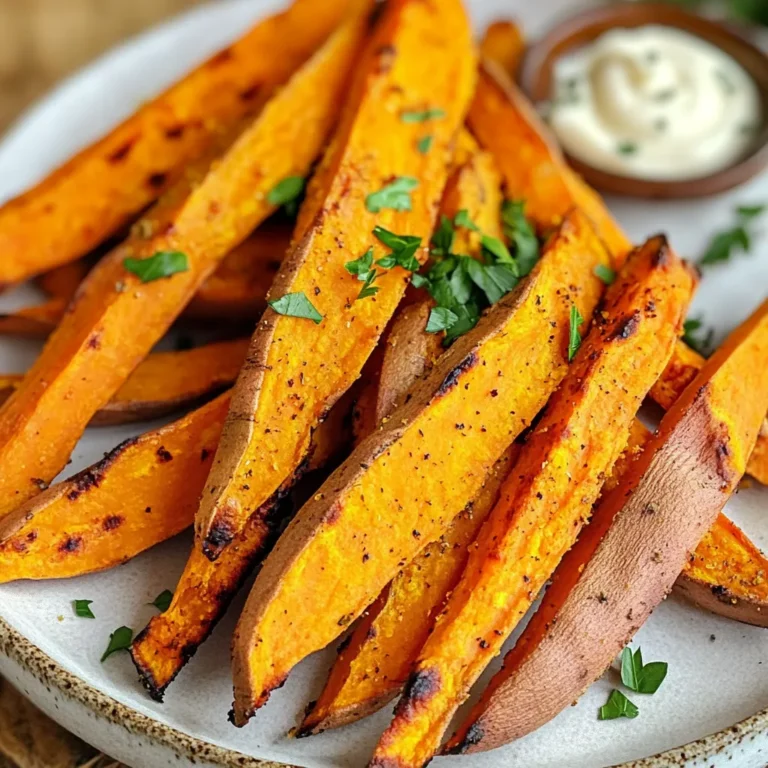 To make crispy air fryer sweet potato fries, gather these simple ingredients: - 2 large sweet potatoes, peeled and cut into fries - 2 tablespoons olive oil - 1 teaspoon smoked paprika - ½ teaspoon garlic powder - ½ teaspoon onion powder - ½ teaspoon sea salt - ¼ teaspoon black pepper - ¼ teaspoon cayenne pepper (adjust based on spice preference) - Fresh parsley, chopped (for garnish) These ingredients create a tasty blend. Sweet potatoes give a natural sweetness. Olive oil helps with crispiness. The spices add flavor and warmth. Adjust the cayenne for your spice level. Fresh parsley adds a nice touch when you serve them. This list keeps it simple and fun! Start by soaking the sweet potato fries in water for at least 30 minutes. This trick helps the fries turn out crispier. After soaking, drain the fries well. Use a clean kitchen towel or paper towels to dry them thoroughly. Moisture can make fries soggy, so drying is key. In a large mixing bowl, combine the dried sweet potato fries with 2 tablespoons of olive oil. Add 1 teaspoon of smoked paprika, ½ teaspoon of garlic powder, ½ teaspoon of onion powder, ½ teaspoon of sea salt, ¼ teaspoon of black pepper, and ¼ teaspoon of cayenne pepper. Toss everything well until the fries are evenly coated with the seasoning. This mix gives the fries great flavor. Preheat your air fryer to 380°F (190°C) for about 5 minutes. Once it's ready, place the seasoned sweet potato fries in the air fryer basket. Lay them in a single layer to allow even cooking. If you have a lot of fries, cook them in batches. Cook the fries for 15-20 minutes, shaking the basket halfway through. This helps them cook evenly. Check for your desired crispiness. If you want them crispier, add 2-5 more minutes. Once done, let the fries sit on a paper towel for a minute to soak up any extra oil. Garnish the fries with fresh chopped parsley before serving. Enjoy your crispy fries! Soaking the sweet potato fries is key to crispiness. When you soak them, it removes excess starch. This helps them fry up crispier. I recommend soaking for at least 30 minutes. After soaking, drain the fries well. Drying them is just as important. Use a clean kitchen towel or paper towels. Pat them dry thoroughly. The drier the fries, the crispier they will be. You can play with different spices to make unique flavors. Try adding some chili powder for heat. If you like a smoky taste, increase the smoked paprika. For a sweet twist, sprinkle some cinnamon. You can also mix in fresh herbs like rosemary or thyme for a fresh flavor. The options are endless, so have fun with it! Sweet potato fries pair well with many dips. Try serving them with garlic aioli for a creamy touch. Spicy ketchup adds a nice kick. You can also serve them with a tangy yogurt dip. For a gourmet twist, drizzle some balsamic reduction on top. These dips will enhance the sweet and savory notes of the fries. {{image_2}} To add fresh herbs, try parsley, rosemary, or thyme. These herbs boost flavor and aroma. You can mix them into the seasoning before you coat the fries. Chop them finely and sprinkle them in. This simple addition makes your fries taste fresh and bright. If you love heat, add more cayenne or chili powder. Start with a little, then taste. You can always add more spice if you want. Mixing in chili flakes also works well. This gives your fries a nice kick that pairs well with dipping sauces. For extra richness, sprinkle cheese on top after cooking. Feta, Parmesan, or cheddar are great choices. The warm fries melt the cheese slightly, creating a tasty topping. You can even toss the fries with cheese before cooking for a cheesy crunch. To keep your leftover fries fresh, store them in an airtight container. Place a paper towel at the bottom to absorb moisture. This helps prevent sogginess. Refrigerate them for up to three days. When you want to eat them again, you can easily reheat them. To reheat your fries and keep them crispy, use the air fryer. Preheat the air fryer to 375°F (190°C). Place the fries in a single layer in the basket. Heat for about 5 to 7 minutes. Shake the basket halfway through to get even heat. This method will help restore their crunch. If you want to save fries for later, freezing is a great option. First, let the fries cool completely. Spread them in a single layer on a baking sheet and freeze for about one hour. Once frozen, transfer them to a freezer-safe bag. They can last for up to three months. When ready to enjoy, cook them straight from the freezer in the air fryer. Adjust the cooking time to about 20-25 minutes for perfect results. Yes, you can use regular potatoes. They take less time to cook. Sweet potatoes are denser and sweeter. Regular potatoes have a different texture and flavor. If you use them, cut them thinner. Cook them for about 10-15 minutes. Keep an eye on them to avoid burning. The best air fryer temperature is 380°F (190°C). This temperature helps the fries cook evenly. It gives them a nice crisp without burning. Preheating the air fryer for five minutes is key. This ensures they start cooking right away for the best results. You can tell when sweet potato fries are done by their color and texture. They should be golden brown and crispy. You can also taste one to check for doneness. If they need more time, add 2-5 more minutes. Shaking the basket halfway through helps them cook evenly. In this post, we covered how to make tasty sweet potato fries. You learned the right ingredients, prep techniques, and air frying steps. We also shared tips for crispy fries and fun variations. Finally, we talked about storing and reheating your fries. These sweet potato fries can fit into any meal. Enjoy experimenting with flavors and serving them with your favorite dips. By following these steps, you'll have a delicious snack ready in no time!