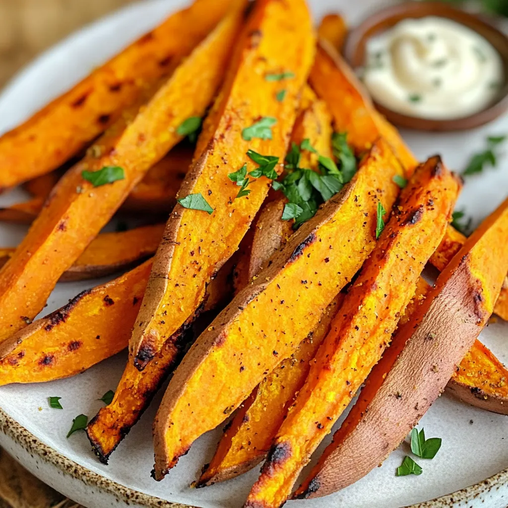 To make crispy air fryer sweet potato fries, gather these simple ingredients: - 2 large sweet potatoes, peeled and cut into fries - 2 tablespoons olive oil - 1 teaspoon smoked paprika - ½ teaspoon garlic powder - ½ teaspoon onion powder - ½ teaspoon sea salt - ¼ teaspoon black pepper - ¼ teaspoon cayenne pepper (adjust based on spice preference) - Fresh parsley, chopped (for garnish) These ingredients create a tasty blend. Sweet potatoes give a natural sweetness. Olive oil helps with crispiness. The spices add flavor and warmth. Adjust the cayenne for your spice level. Fresh parsley adds a nice touch when you serve them. This list keeps it simple and fun! Start by soaking the sweet potato fries in water for at least 30 minutes. This trick helps the fries turn out crispier. After soaking, drain the fries well. Use a clean kitchen towel or paper towels to dry them thoroughly. Moisture can make fries soggy, so drying is key. In a large mixing bowl, combine the dried sweet potato fries with 2 tablespoons of olive oil. Add 1 teaspoon of smoked paprika, ½ teaspoon of garlic powder, ½ teaspoon of onion powder, ½ teaspoon of sea salt, ¼ teaspoon of black pepper, and ¼ teaspoon of cayenne pepper. Toss everything well until the fries are evenly coated with the seasoning. This mix gives the fries great flavor. Preheat your air fryer to 380°F (190°C) for about 5 minutes. Once it's ready, place the seasoned sweet potato fries in the air fryer basket. Lay them in a single layer to allow even cooking. If you have a lot of fries, cook them in batches. Cook the fries for 15-20 minutes, shaking the basket halfway through. This helps them cook evenly. Check for your desired crispiness. If you want them crispier, add 2-5 more minutes. Once done, let the fries sit on a paper towel for a minute to soak up any extra oil. Garnish the fries with fresh chopped parsley before serving. Enjoy your crispy fries! Soaking the sweet potato fries is key to crispiness. When you soak them, it removes excess starch. This helps them fry up crispier. I recommend soaking for at least 30 minutes. After soaking, drain the fries well. Drying them is just as important. Use a clean kitchen towel or paper towels. Pat them dry thoroughly. The drier the fries, the crispier they will be. You can play with different spices to make unique flavors. Try adding some chili powder for heat. If you like a smoky taste, increase the smoked paprika. For a sweet twist, sprinkle some cinnamon. You can also mix in fresh herbs like rosemary or thyme for a fresh flavor. The options are endless, so have fun with it! Sweet potato fries pair well with many dips. Try serving them with garlic aioli for a creamy touch. Spicy ketchup adds a nice kick. You can also serve them with a tangy yogurt dip. For a gourmet twist, drizzle some balsamic reduction on top. These dips will enhance the sweet and savory notes of the fries. {{image_2}} To add fresh herbs, try parsley, rosemary, or thyme. These herbs boost flavor and aroma. You can mix them into the seasoning before you coat the fries. Chop them finely and sprinkle them in. This simple addition makes your fries taste fresh and bright. If you love heat, add more cayenne or chili powder. Start with a little, then taste. You can always add more spice if you want. Mixing in chili flakes also works well. This gives your fries a nice kick that pairs well with dipping sauces. For extra richness, sprinkle cheese on top after cooking. Feta, Parmesan, or cheddar are great choices. The warm fries melt the cheese slightly, creating a tasty topping. You can even toss the fries with cheese before cooking for a cheesy crunch. To keep your leftover fries fresh, store them in an airtight container. Place a paper towel at the bottom to absorb moisture. This helps prevent sogginess. Refrigerate them for up to three days. When you want to eat them again, you can easily reheat them. To reheat your fries and keep them crispy, use the air fryer. Preheat the air fryer to 375°F (190°C). Place the fries in a single layer in the basket. Heat for about 5 to 7 minutes. Shake the basket halfway through to get even heat. This method will help restore their crunch. If you want to save fries for later, freezing is a great option. First, let the fries cool completely. Spread them in a single layer on a baking sheet and freeze for about one hour. Once frozen, transfer them to a freezer-safe bag. They can last for up to three months. When ready to enjoy, cook them straight from the freezer in the air fryer. Adjust the cooking time to about 20-25 minutes for perfect results. Yes, you can use regular potatoes. They take less time to cook. Sweet potatoes are denser and sweeter. Regular potatoes have a different texture and flavor. If you use them, cut them thinner. Cook them for about 10-15 minutes. Keep an eye on them to avoid burning. The best air fryer temperature is 380°F (190°C). This temperature helps the fries cook evenly. It gives them a nice crisp without burning. Preheating the air fryer for five minutes is key. This ensures they start cooking right away for the best results. You can tell when sweet potato fries are done by their color and texture. They should be golden brown and crispy. You can also taste one to check for doneness. If they need more time, add 2-5 more minutes. Shaking the basket halfway through helps them cook evenly. In this post, we covered how to make tasty sweet potato fries. You learned the right ingredients, prep techniques, and air frying steps. We also shared tips for crispy fries and fun variations. Finally, we talked about storing and reheating your fries. These sweet potato fries can fit into any meal. Enjoy experimenting with flavors and serving them with your favorite dips. By following these steps, you'll have a delicious snack ready in no time!
