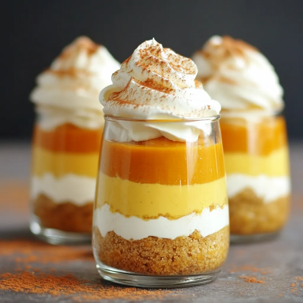- 1 cup pumpkin puree - 1 cup cream cheese, softened - 1 cup heavy whipping cream The main star of our parfaits is pumpkin puree. It adds rich flavor and smooth texture. Next, we need cream cheese. It provides that creamy, dreamy essence that we crave. Lastly, heavy whipping cream is a must. It helps us achieve a light and airy filling. - Whipped cream - Cinnamon For toppings, whipped cream adds a lovely finish. It makes the parfaits feel extra special. A sprinkle of cinnamon can enhance the fall flavor. You can even mix in some nutmeg for a twist. - Mixing bowls - Electric mixer - Serving glasses or jars To make these parfaits, gather a few key tools. First, you will need mixing bowls for combining ingredients. An electric mixer is great for whipping the cream and blending the cheese. Finally, choose some fun serving glasses or jars. They make your parfaits look delightful and inviting. Start by gathering your ingredients. You need cream cheese, powdered sugar, vanilla extract, and pumpkin pie spice. In a mixing bowl, combine the softened cream cheese, powdered sugar, vanilla, and spice. Use an electric mixer to beat it all together. Mix until the mixture is smooth and creamy. This step is key for a great texture. Next, grab another bowl and pour in the heavy cream. Whip the cream until stiff peaks form. This is when the cream holds its shape well. Once ready, gently fold the whipped cream into the pumpkin mixture. Do this slowly to keep the mixture light and airy. This fluffiness makes the parfaits delightful. Now it’s time to build your parfaits! Start with the graham cracker mixture. In a separate bowl, mix graham cracker crumbs, melted butter, and maple syrup until they resemble wet sand. Layer some of this mixture at the bottom of your serving glasses or jars. Next, add a layer of the pumpkin cheesecake mixture on top. Repeat the layers until you fill the glasses, finishing with the pumpkin cheesecake mixture. Cover the parfaits and refrigerate them for at least two hours. This helps the flavors meld and the layers set nicely. Enjoy the anticipation while you wait! To get the best texture for your parfaits, start with soft cream cheese. Cold cream cheese will not mix well. Leave it out at room temperature for about 30 minutes before you begin. This step is key for a smooth filling. Next, focus on your folding technique. When you add whipped cream to the pumpkin mix, do it gently. Use a spatula and fold from the bottom up. This method keeps air in the cream. The result is a light and fluffy filling that makes your parfaits shine. Choosing the right serving glasses can make a big difference. Clear glasses show off your beautiful layers. Small jars or dessert cups work great. Pick something that fits your table style. For garnishing, think simple yet elegant. A dollop of whipped cream on top adds a nice touch. A sprinkle of cinnamon enhances the look and flavor. You can also add a few graham cracker crumbs for extra crunch. One common mistake is overmixing the cream. This can make your filling dense and heavy. Mix just until combined to keep it airy. Another mistake is incorrect layer proportions. Make sure to keep your layers balanced. Too much of one layer can lead to a messy parfait. Aim for equal parts graham cracker, pumpkin filling, and whipped cream for the best results. {{image_2}} You can make your parfaits fit different diets. For gluten-free options, use almond flour or gluten-free cookie crumbs in place of graham cracker crumbs. This keeps the crunch while making it safe for those with gluten issues. For a dairy-free version, try using vegan cream cheese and coconut cream in place of heavy whipping cream. Both options still give you that creamy texture. Want to spice things up? Add chocolate or caramel layers between your parfait layers. Just drizzle melted chocolate or caramel sauce over the pumpkin cheesecake layer. You can also experiment with spices. Try adding nutmeg or ginger for a twist. These flavors can bring a new depth to your dessert. Fall is the perfect time to try other flavors. You can mix in some chopped apples or pecans. Layer them in with the pumpkin for a fun crunch. This way, you get the best of pumpkin and classic fall flavors. These variations keep your parfaits fresh and exciting for any occasion. To keep your pumpkin cheesecake layered parfaits fresh, cover them tightly with plastic wrap or a lid. Store them in the fridge. They will stay good for up to three days. After that, the layers may lose their texture. Can you freeze parfaits? Yes, you can freeze them, but it may change the texture. To freeze, place the parfaits in a freezer-safe container and cover them well. When ready to eat, take them out and thaw in the fridge overnight. Serve them cold for the best taste. For the best flavor, serve parfaits within three days of making them. If you freeze them, reassemble carefully after thawing. Gently stir the layers if they look separated. This way, you can enjoy a yummy treat just like fresh! You can make these parfaits a day ahead. Prepare the layers as directed. After layering, cover them with plastic wrap. Store in the fridge. This helps the flavors blend well and makes serving easy. Yes, store-bought pumpkin puree works great. Just make sure it is pure pumpkin, not pumpkin pie filling. The taste and texture will stay the same. This saves you time and effort, making your parfaits even easier to whip up! You can use crushed cookies like Oreos or vanilla wafers. You can also try using crushed nuts or gluten-free crumbs. Each option gives a unique flavor and texture. Choose what you enjoy most for a perfect crunch! You now have the tools to create delicious pumpkin cheesecake layered parfaits. We explored key ingredients like pumpkin puree, cream cheese, and heavy cream, and learned how to layer them beautifully. With tips on consistency and presentation, you can impress anyone. Don’t forget the variations to suit dietary needs or seasonal tastes. Store leftovers properly to maintain freshness, and feel free to experiment with your own twists on this fun dessert. Enjoy making it your own and sharing it with others!