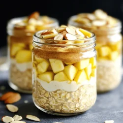 - 1 cup rolled oats - 1 ½ cups almond milk (or your milk of choice) - 2 tablespoons almond butter - 1 medium apple, diced (with skin on) - 1 tablespoon maple syrup (adjust to taste) - 1 teaspoon cinnamon - ¼ teaspoon nutmeg - 2 tablespoons chia seeds - A pinch of salt - Sliced almonds - Additional diced apple - Maple syrup You can easily swap almond milk for any milk you like. Use cow's milk or oat milk if you prefer. If almond butter isn’t your favorite, try peanut butter or sunflower seed butter. For sweetness, adjust the maple syrup to fit your taste. You might like it sweeter or less sweet. You can also use honey or agave syrup as a substitute. For a nut-free option, skip the almond butter and use sunflower seed butter instead. Enjoy mixing and matching to find your perfect blend! To make apple spice almond butter overnight oats, gather all your ingredients first. This simple recipe will take about 10 minutes to prep. You will need rolled oats, almond milk, almond butter, a medium apple, maple syrup, cinnamon, nutmeg, chia seeds, and a pinch of salt. Start by placing the rolled oats in a large mixing bowl. Pour in 1 ½ cups of almond milk. Next, add 2 tablespoons of almond butter. Then, toss in the diced apple, maple syrup, cinnamon, nutmeg, chia seeds, and a pinch of salt. Use a whisk to mix everything together. Make sure the almond butter blends well with the other ingredients. Once mixed, divide the mixture into two jars or containers. Seal the jars tightly and place them in the refrigerator. Let the oats soak overnight, or for at least 6 hours. This soaking time allows the oats and chia seeds to absorb the almond milk and flavors. In the morning, stir the oats well. If they feel thick, add a splash of almond milk to get the right texture. Enjoy your oats straight from the jar or in a bowl. Add toppings like sliced almonds, more apple, or maple syrup for extra flavor. To get the best texture for your overnight oats, start with the right ratio. I suggest using 1 cup of rolled oats to 1.5 cups of almond milk. This mix allows the oats to soak up the liquid well. If your oats feel too thick in the morning, just add a splash of almond milk. Stir it in to reach a creamier texture. To boost the taste, use fresh spices. I love adding cinnamon and nutmeg, which give a warm aroma. Maple syrup sweetens the dish, but adjust it to your preference. For a nutty kick, almond butter is a must. You can even add a pinch of salt to balance the sweetness. Experiment with these flavors to find your perfect mix. How you serve your oats can make them more appealing. Use clear jars or bowls to show off the lovely layers. Top with sliced almonds and extra diced apples for a nice crunch. A sprinkle of cinnamon on top adds a great finishing touch. This makes your breakfast not just tasty but pretty too! {{image_2}} You can switch almond butter for other nut butters. Try peanut butter for a classic taste. Cashew butter gives a creamy, rich flavor. If you prefer sunflower seed butter, it works well too. Each nut butter adds its own twist to the oats. Experiment to find your favorite! While apples are tasty, you can use other fruits. Bananas add creaminess and sweetness. Berries like strawberries or blueberries bring a pop of color and flavor. Try diced peaches for a summer vibe. You can mix fruits for a fun combo. Let your taste buds guide you! For a dairy-free version, stick to almond milk or oat milk. These milks keep the oats creamy and delicious. Coconut milk adds a tropical flair, too. If you want to go nut-free, use soy milk or rice milk. These choices make the recipe fit your diet needs! To keep your Apple Spice Almond Butter Overnight Oats fresh, store them in jars with lids. This helps seal in flavor and moisture. Place the jars in the fridge right after making them. Make sure your fridge is at a cool temperature to maintain quality. These oats last for about three to five days in the fridge. If you want to keep them longer, you can freeze them. Just make sure to use freezer-safe jars. When freezing, leave some space at the top of the jar. This allows the oats to expand as they freeze. They will stay good for up to three months. When you’re ready to eat, take the oats out of the fridge or freezer. If frozen, let them thaw in the fridge overnight. For reheating, just warm them in the microwave. Heat in short bursts, stirring in between. If the oats seem too thick, add a splash of almond milk to loosen them up. Enjoy your tasty breakfast! Yes, you can make these overnight oats up to three days ahead. Just mix all the ingredients and store them in jars. This makes breakfast easy and quick. I love to prepare a few jars on Sunday for busy mornings. You can easily change the sweetness by adding more or less maple syrup. Start with one tablespoon and taste it. If you want it sweeter, add more syrup. You can also use honey or a sweetener of your choice. Just remember to stir well after adding! If you want to switch up the oats, you can use steel-cut oats or quick oats. Steel-cut oats will give a chewier texture. Quick oats will be softer and may absorb more liquid. You can also try gluten-free oats if needed. Just make sure to adjust the liquid for each type! This article covered everything you need to know about overnight oats. We discussed key ingredients, easy instructions, and helpful tips. You can mix and match toppings for flavor. Remember to store them right to keep them fresh. Try different nut butters and fruits for fun variations. Overnight oats are easy, tasty, and healthy. With this guide, you can get creative and enjoy many delicious meals. Make these oats a regular part of your routine. Enjoy your next bowl of overnight oats!