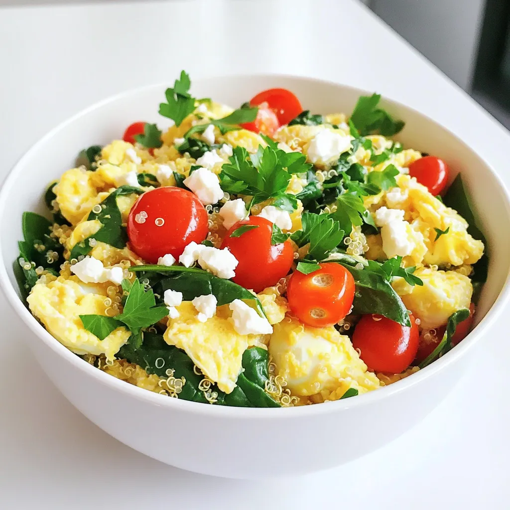- 8 large egg whites - 1 cup spinach, chopped - 1/2 cup cherry tomatoes, halved - 1/4 cup red bell pepper, diced - 1/4 cup low-fat feta cheese, crumbled - 1/4 cup cooked quinoa - 2 tablespoons fresh parsley, chopped - 1 tablespoon olive oil - Salt and pepper to taste - Optional: hot sauce for serving Each ingredient in this bowl brings unique benefits. Egg whites are low in calories and high in protein. They help build muscle and keep you full. Spinach is rich in vitamins and minerals. It adds iron and fiber, which are great for your health. Cherry tomatoes are juicy and sweet. They contain antioxidants that help fight disease. Red bell peppers add a nice crunch. They are high in vitamin C, boosting your immune system. Feta cheese gives a wonderful flavor and some calcium. Quinoa is a complete protein that also brings fiber. Lastly, fresh parsley adds vitamins and brightens the dish. This dish is perfect for those looking to eat healthy. It is low in calories but packed with protein. Each serving of egg whites offers about 26 grams of protein. The quinoa adds even more, making this a filling meal. You can enjoy it without guilt! If you want to make it even healthier, you can skip the feta cheese or cut back on the olive oil. This way, you keep it low-calorie while enjoying all the great flavors. 1. Heat the skillet and sauté vegetables: Start by heating one tablespoon of olive oil in a non-stick skillet over medium heat. Once hot, add 1/4 cup of diced red bell pepper. Sauté for about 2-3 minutes until it softens. Next, add 1 cup of chopped spinach and 1/2 cup of halved cherry tomatoes. Cook these for about 2 minutes, just until the spinach wilts. This mix adds flavor and color to your scramble. 2. Cooking egg whites and mixing with vegetables: In a bowl, whisk together 8 large egg whites, salt, and pepper. Pour the egg whites into the skillet over the sautéed vegetables. Cook gently, stirring occasionally for about 3-4 minutes, until the egg whites are fluffy and fully cooked. Once they are ready, stir in 1/4 cup of cooked quinoa and 1/4 cup of crumbled low-fat feta cheese. Mix well to combine all the flavors. - Heating the skillet and sautéing the vegetables takes around 5 minutes. - Cooking the egg whites will take another 3-4 minutes. - The total cooking time is about 10-15 minutes from start to finish. Serve your high protein egg white scramble in a bowl. You can add a sprinkle of fresh parsley for a nice touch. If you like some heat, a dash of hot sauce makes a great addition. This dish is not only tasty but also packs a nutritional punch. Enjoy it warm and feel good about your healthy meal! To make fluffy egg whites, start with cold egg whites. Cold whites whip better. Use a clean bowl and whisk. Beat the whites until they form soft peaks. This means they hold their shape but still look soft. Don’t overbeat them, or they can become dry. Gently fold the beaten egg whites into your dish for the best texture. This keeps your scramble light and fluffy. Using fresh ingredients makes a big difference. Look for bright green spinach and firm tomatoes. Fresh bell peppers should feel crisp and have no soft spots. When you choose feta cheese, check for a creamy texture. Fresh parsley adds a burst of flavor, so pick a bunch that smells good. Fresh ingredients not only taste better but also pack more nutrients. For this dish, a non-stick skillet is key. It helps prevent sticking and makes cleanup easy. Use a spatula to stir gently while cooking. A good whisk is also important for beating egg whites. If you want to serve your scramble in a bowl, choose one that’s shallow. This makes it easy to enjoy every bite. Having the right tools helps you cook better and enjoy your meals more. {{image_2}} You can change the veggies and proteins in your bowl. If you want more flavor, try mushrooms or zucchini. For a crunch, add bell peppers or broccoli. You can also use different proteins. Consider adding diced chicken or turkey for a heartier meal. If you prefer plant-based protein, try black beans or tofu. These swaps keep your meals fresh and exciting. You can serve your egg white scramble over grains for added texture. Quinoa is great, but brown rice or farro works too. For extra flavor, sprinkle on some spices. Try cumin, paprika, or even curry powder. Each spice brings a new taste to your dish. You can also add a dollop of yogurt or even a slice of avocado for creaminess. If you need vegan options, use tofu instead of egg whites. Scramble it just like eggs! You can also skip the cheese or use a dairy-free version. Nutritional yeast is a great substitute, adding a cheesy flavor without dairy. These options help you enjoy a tasty meal that fits your diet needs. Store your high protein egg white scramble bowls in an airtight container. This keeps them fresh. You can keep them in the fridge for up to three days. Make sure to let them cool before sealing. This helps prevent moisture buildup. When you're ready to eat, you can reheat the bowl in the microwave. Use a microwave-safe dish and cover it loosely. Heat it in short bursts, about 30 seconds each. Stir between heats to warm it evenly. You can also use a skillet over low heat. Stir gently until heated through. For meal prep, you can make larger batches. Divide them into single servings before storing. If you want to freeze, use freezer-safe containers. These can last up to three months in the freezer. Thaw overnight in the fridge before reheating. This way, you always have a healthy meal ready to go. To store your egg white scramble bowls, let them cool first. Place them in an airtight container. They will stay fresh in the fridge for up to three days. If you want to keep them longer, you can freeze them. Just thaw in the fridge before reheating. Yes, you can use whole eggs! Whole eggs add more flavor and fat. Keep in mind that this changes the calorie count. If you prefer a lighter option, stick with egg whites. They are lower in fat and calories. To boost protein, add cooked chicken, turkey, or tofu. You can also mix in legumes like black beans or lentils. Another idea is to sprinkle some protein powder into the mix. This makes it easy to pack in more nutrients. Absolutely! Egg white scramble bowls are great for meal prep. They are easy to make in bulk. Just store them in individual containers. Prepare them on a day off, and you’ll have quick meals ready for the week. Egg whites are low in calories and high in protein. They have no fat or cholesterol, making them heart-friendly. They also contain vitamins like riboflavin and selenium. These nutrients support your body’s energy and immune system. Eating egg whites helps you feel full longer without extra calories. This blog post shared a simple, tasty recipe for egg white scramble bowls. You learned about the healthy ingredients and their benefits. We discussed how to cook your meal step-by-step and offered useful tips for making it great. You can also swap ingredients or change portion sizes to suit your needs. Healthy meals do not have to be hard. They can be quick and fun. Enjoy your cooking and feel good about what you're eating!