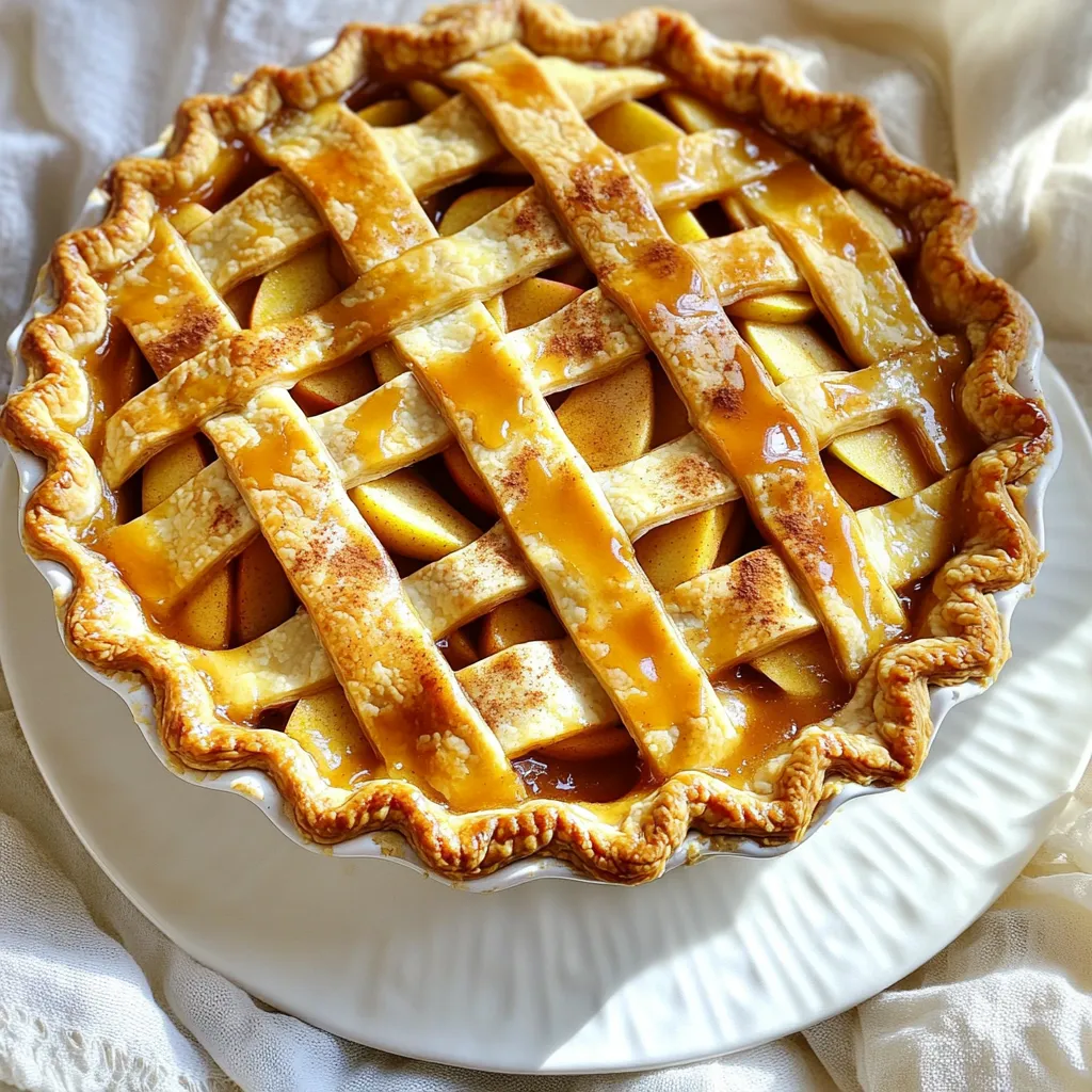 To make a delicious cinnamon apple pie with caramel, you need these main ingredients: - 3 large apples (Granny Smith or Honeycrisp), peeled and sliced - 1 cup brown sugar - 1 tablespoon lemon juice - 1 teaspoon ground cinnamon - 1/4 teaspoon nutmeg - 1 tablespoon cornstarch - 2 tablespoons unsalted butter, cut into small pieces - 1 pre-made pie crust (or homemade if preferred) - 1/2 cup store-bought caramel sauce (or homemade) - 1 egg (for egg wash) - Pinch of sea salt Each item plays a key role in flavor and texture. For apples, I prefer Granny Smith for their tartness or Honeycrisp for sweetness. Both options provide a great balance. Use fresh apples for the best taste. The brown sugar adds a rich sweetness. You can swap it with white sugar if needed, but it won’t taste as deep. The lemon juice keeps apples fresh and bright. If you don't have lemon, vinegar can work too, but use less. Spices like cinnamon and nutmeg create warmth and depth. Make sure they are fresh for the best flavor. Cornstarch helps thicken the filling. You can use flour if you want, but cornstarch gives a clearer filling. Unsalted butter adds richness. If you prefer, you can use a vegan butter substitute. I recommend using a pre-made pie crust for ease. If you want to make your own, it will taste even better! Store-bought caramel sauce saves time. You can easily make your own if you want a special touch. The egg wash gives a golden finish to the crust. If you want to skip the egg, use milk or cream instead. Finally, a pinch of sea salt enhances all the flavors. By using these ingredients, you create a cozy and warm dessert that everyone will love. Start by prepping your apples. I like to use Granny Smith or Honeycrisp for their flavor. Peel and slice the apples thinly. This helps them cook evenly. Aim for about 1/4 inch slices. You can use a knife or a mandoline for this. Add them to a large bowl. Next, mix in the brown sugar, lemon juice, ground cinnamon, nutmeg, cornstarch, and a pinch of sea salt. Toss the apples until they are fully coated. Let this sit for about 10 minutes. This allows the flavors to blend and the apples to release some juice. For the pie crust, if you use a pre-made one, roll it out carefully. Fit it into a 9-inch pie dish. Trim any excess dough hanging over the edge. If you make your own crust, ensure it is chilled before rolling. Keeping the dough cold helps create a flaky texture. Preheat your oven to 425°F (220°C). This high heat gives the pie a nice golden crust. Once your pie is assembled, bake it for about 45-50 minutes. Look for a golden brown crust and bubbling filling as signs of doneness. If the crust starts to brown too quickly, cover the edges with foil. This protects it from burning while the filling cooks. After baking, let the pie cool for 15-20 minutes. This cooling time is key. It helps the filling set up, making slicing easier. Once cooled, drizzle the remaining caramel sauce over each slice before serving. Enjoy your cozy treat! - Adjusting sweetness and spices I love to taste the filling before baking. If it seems too sweet, add a bit more lemon juice. A pinch of salt balances flavors well. Feel free to play with spices, too. Extra cinnamon or a dash of ginger can boost the warmth. - How to achieve a flaky crust To get a flaky crust, keep your butter cold. When you mix it into the flour, do not overwork the dough. Small butter pieces create those lovely layers. Chill the dough for 30 minutes before rolling it out. - Preventing a soggy bottom To avoid a soggy bottom crust, sprinkle a thin layer of cornstarch on the bottom before adding the filling. You can also pre-bake the crust for about 10 minutes. This sets the crust and helps it hold up well with the juicy filling. - Ideal accompaniments Serve your pie warm with a scoop of vanilla ice cream. The creaminess pairs perfectly with the warm, spiced apples. A dollop of whipped cream is also lovely if you want something lighter. - Presentation ideas for serving For a beautiful presentation, drizzle caramel sauce over each slice. A sprinkle of cinnamon on top adds a nice touch. You can also use a fresh mint leaf for a pop of color. - Best storage practices for leftovers Store leftover pie in the fridge, covered with plastic wrap. To keep the crust crisp, place a piece of parchment paper between the pie and the wrap. For longer storage, freeze slices and reheat them in the oven. This helps to keep the texture just right. {{image_2}} You can make your cinnamon apple pie even better with a few fun tweaks. - Adding nuts or raisins: Chopped walnuts or pecans add a nice crunch. You can also mix in some raisins for a sweet touch. Both options bring extra flavor and texture to the dish. - Experimenting with different spices: While cinnamon and nutmeg shine in this pie, try adding ginger or allspice. A pinch of cardamom can also bring a warm, inviting flavor. - Alternative caramel options: You can use homemade caramel for a richer taste. If you're short on time, store-bought caramel sauce works well too. For a twist, try a salted caramel version to balance the sweetness. If you have special dietary needs, don’t worry! You can still enjoy this pie. - Gluten-free crust options: Look for gluten-free pie crusts at the store. You can also make your own with almond flour or a gluten-free flour blend. This way, everyone can dig in without worry. - Low-sugar variations: Use less brown sugar or substitute with a sweetener like stevia or monk fruit. This keeps the pie sweet while cutting calories. - Vegan substitutions: Swap the butter for coconut oil or vegan butter. Use a flax egg instead of a regular egg for the wash. These simple changes make the pie vegan-friendly and still delicious! To keep your cinnamon apple pie fresh, store it in the fridge. Place it in an airtight container or cover it tightly with plastic wrap. This keeps moisture in and prevents the crust from getting soggy. If you have more pie than you can eat, freezing is a great option. Wrap the pie tightly in plastic wrap and then in aluminum foil. This way, it stays fresh for up to three months. When you’re ready to enjoy it, thaw it in the fridge overnight before reheating. For reheating, preheat your oven to 350°F (175°C). Place the pie on a baking sheet and heat for about 20-25 minutes. This helps keep the crust crisp while warming the filling. In the fridge, your cinnamon apple pie will last for about 3 to 4 days. After that, it may lose flavor and texture. Always check for signs of spoilage before eating. Signs of spoilage include a sour smell or a change in texture. If the pie looks dry or the crust feels sticky, it’s best to throw it away. Enjoy your pie while it’s fresh for the best taste! Can I use frozen apples for this pie? Yes, you can use frozen apples. Just let them thaw first. Drain any extra juice before mixing with other ingredients. This helps keep your pie from being too watery. How do I make homemade caramel sauce? To make caramel sauce, use sugar, butter, and cream. - Heat 1 cup of sugar in a pot over medium heat. - Stir until it melts and turns amber. - Add 6 tablespoons of butter and mix well. - Slowly stir in 1/2 cup of heavy cream until smooth. - Let it cool before using. What are the best apples to use for apple pie? Granny Smith and Honeycrisp are great choices. They hold their shape well and add a nice tartness. You can also mix different apples for depth of flavor. What to do if the pie crust cracks? If your crust cracks, patch it with extra dough. Use a bit of water to help it stick. Also, try not to overwork the dough when mixing. How to fix a runny filling? A runny filling can happen if there's too much juice. You can add more cornstarch to thicken it. Mix in a tablespoon more before baking. Tips if the pie is too sweet. If your pie is too sweet, add a little lemon juice. This will balance the sweetness. Serve with unsweetened whipped cream to help too. This blog post covered all the key steps to make the perfect apple pie. We discussed ingredients, preparation techniques, baking instructions, and tips for a great crust. You learned about variations, storage, and answers to common questions. Making apple pie is rewarding and fun. With practice, you can create a delicious pie that family and friends will love. Enjoy every bite you make, and don’t hesitate to try new ideas!