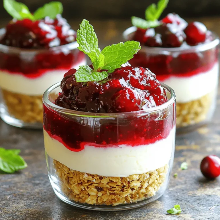 - 8 oz cream cheese, softened - 1/2 cup powdered sugar - 1 teaspoon vanilla extract - 1 cup heavy whipping cream - 1 cup fresh or frozen cranberries - 2 tablespoons honey or maple syrup - 1/2 cup granola (for the base) - 2 tablespoons melted butter (for the base) - Fresh mint leaves (for garnish) Using high-quality ingredients makes a big difference in taste. Choose full-fat cream cheese for a rich flavor. Fresh cranberries add a bright taste, but frozen ones work too. When picking granola, look for one with natural ingredients. Avoid ones with too much added sugar. For the heavy cream, go for the highest fat content you can find. This will help achieve stiff peaks when whipped. If you want a dairy-free option, use a vegan cream cheese. For a lower sugar version, replace the powdered sugar with a sugar substitute. Maple syrup can replace honey if you want a vegan-friendly sweetener. For gluten-free needs, ensure your granola is gluten-free. You can also use crushed nuts or oats as a base instead of granola. To start, you need to prepare the granola base. Take a medium bowl and combine the granola with melted butter. Make sure to mix well so every piece of granola gets coated. This step is key for a tasty, crunchy base. Once mixed, divide this granola mixture evenly among your serving cups. Press down firmly to create a solid base. This gives your dessert a nice crunch and structure. Set these cups aside while you make the rest. Next, let’s make the cranberry sauce. Grab a small saucepan and add the fresh or frozen cranberries. Pour in honey or maple syrup for sweetness. Cook this mixture over medium heat for about five to seven minutes. You will see the cranberries start to burst and form a lovely sauce. Once ready, remove the pan from the heat and let the sauce cool. This adds a tart yet sweet layer to your cheesecake cups. Now, we’ll mix and layer the cheesecake. In a separate bowl, whip the heavy whipping cream until it forms stiff peaks. This step will make your cheesecake light and fluffy. In a large bowl, mix the softened cream cheese, powdered sugar, and vanilla extract until smooth. Gently fold the whipped cream into this mixture. Be careful not to deflate the cream; it should stay airy. Next, spoon or pipe the cheesecake mix into the cups over the granola base. Fill them about halfway. Then, add a layer of your cooled cranberry sauce on top. Finally, add more cheesecake mixture to fill the cups. This creates beautiful layers. Place the cups in the fridge for at least 2 to 4 hours to set. This waiting time makes the flavors meld together perfectly, giving you a delicious treat. To get the best whipped cream, start with cold tools. Use a chilled bowl and beaters. This helps the cream whip faster and better. Whip heavy cream until it forms stiff peaks. This means it holds its shape well. If you overwhip, it can turn gritty. So, watch it closely! To keep your cheesecake thick, use room-temperature cream cheese. This makes it easy to mix smoothly. Mix the cream cheese with powdered sugar until creamy and smooth. When folding in whipped cream, be gentle. This keeps the air in, making it fluffy. If your filling is too runny, it may not set well in the fridge. For a fun look, use clear cups to show layers. You can pipe the cheesecake filling for a neat touch. Add the cranberry sauce on top for a splash of color. Garnish with fresh mint leaves for brightness. This not only looks pretty but adds a fresh taste. Add a sprinkle of granola on top for crunch. {{image_2}} You can switch up the cranberries for other fruits. Berries, such as strawberries or blueberries, work great. You can also try chopped peaches or mango. Each fruit adds its own taste and color. The key is to choose fruits that complement the creamy cheesecake. Fresh fruits add a nice crunch and burst of flavor. Want to give your cheesecake a twist? Try adding a splash of lemon juice for a zesty kick. You can also mix in some almond extract for a nutty flavor. If you like chocolate, fold in cocoa powder or use chocolate graham crackers for the base. Each addition makes the dessert special and fun. For a gluten-free version, use gluten-free granola. Check labels to ensure no hidden gluten exists. To make it vegan, swap cream cheese for a vegan alternative. Use coconut cream in place of heavy cream for a rich texture. Maple syrup can replace honey, keeping it plant-based. Enjoy the same creamy cheesecake goodness with these simple swaps! To keep your no-bake cranberry cheesecake cups fresh, store them in the fridge. Use an airtight container to prevent them from drying out. If you make a large batch, separate layers with parchment paper. This keeps them from sticking together. These cheesecake cups last up to four days in the fridge. After that, they may lose their creamy texture. Always check for any off smells or changes in color before eating. You can freeze these cheesecake cups for up to two months. Wrap each cup tightly with plastic wrap. Then place them in a freezer-safe bag. To enjoy, thaw them overnight in the fridge. Never refreeze once thawed. Yes, you can use frozen cranberries. They work well for the sauce. Just let them thaw a bit before cooking. They will burst and create a nice sauce just like fresh ones. To help the cheesecake set, chill it for at least 2-4 hours. This allows the filling to firm up. Make sure you whip the cream until stiff peaks form. This adds air and structure to the filling. Also, avoid over-mixing when folding in the whipped cream. Serve the no-bake cheesecake cups cold after chilling. They look great in clear cups. Top with extra cranberry sauce and fresh mint leaves for a pretty garnish. This adds color and a nice touch of flavor. Enjoy with a spoon for easy eating! You learned about the key ingredients for a great cheesecake and the best tips for quality. You discovered step-by-step instructions for making the granola base, cranberry sauce, and mixing everything perfectly. We also shared ways to enhance and present your dish. Finally, you gathered storage tips to keep your cheesecake fresh. With all this knowledge, you can create a delicious and beautiful cheesecake. Enjoy your baking and sharing with others!