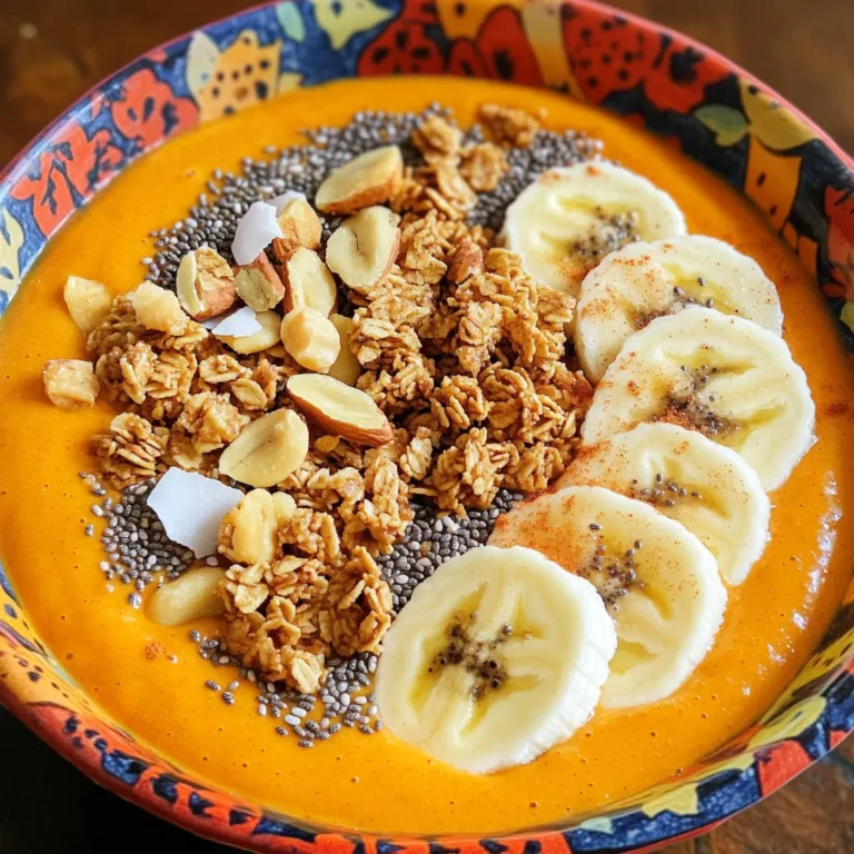 - 1 cup pumpkin puree (canned or freshly made) - 1 banana, frozen - 1/2 cup Greek yogurt (or dairy-free alternative) - 1/2 cup almond milk (or any milk of choice) - 1 teaspoon pumpkin pie spice - 1 tablespoon maple syrup (adjust based on sweetness preference) - 1/4 cup rolled oats - Toppings: granola, chopped nuts, chia seeds, coconut flakes, slices of banana, and a sprinkle of cinnamon This smoothie bowl combines flavors and health. Pumpkin puree is rich in fiber and vitamin A. One cup gives you about 200% of your daily vitamin A needs. The frozen banana adds potassium, which helps your muscles. Greek yogurt offers protein, which keeps you full longer. Almond milk is low in calories, making it a great choice. Rolled oats provide complex carbs, which give you energy. Maple syrup adds sweetness while being less processed than white sugar. You can make this recipe fit your tastes. If you don’t have pumpkin puree, try sweet potato puree. For the yogurt, use any dairy-free yogurt if you prefer. Almond milk can be swapped with oat milk or coconut milk. If you want less sugar, skip the maple syrup or use honey. You can also use any nuts or seeds you have on hand. Get creative with the toppings! Use whatever fruits or crunchy items you enjoy. To make your Pumpkin Pie Smoothie Bowl, start by gathering all your ingredients. You will need: - 1 cup pumpkin puree (canned or freshly made) - 1 banana, frozen - 1/2 cup Greek yogurt (or dairy-free alternative) - 1/2 cup almond milk (or any milk of choice) - 1 teaspoon pumpkin pie spice - 1 tablespoon maple syrup (adjust based on sweetness preference) - 1/4 cup rolled oats Now, in a blender, add the pumpkin puree, frozen banana, Greek yogurt, almond milk, pumpkin pie spice, maple syrup, and rolled oats. Blend on high until the mix is smooth and creamy. If it is too thick, pour in a bit more almond milk. Taste the mix and add more maple syrup if you want it sweeter. Once ready, pour it into a bowl and smooth the top with a spatula. To get the best texture, use a powerful blender. Make sure the banana is frozen. This helps make your smoothie bowl thick and cold. If you find your mix is too thick, just add a splash of almond milk. Blend again until you reach your desired smoothness. You want it creamy but not runny. Presentation is key! Use a bright and colorful bowl to contrast with the orange of the pumpkin. Pour the smoothie into the bowl and take your time with the toppings. Arrange the toppings in sections to create a pretty design. Use granola for crunch, sliced banana for freshness, and sprinkle chia seeds or coconut flakes for added texture. Finally, dust with a touch of cinnamon for that cozy fall vibe. Serve with a spoon, and enjoy! You can easily change the sweetness and spice levels in your smoothie bowl. Start with one tablespoon of maple syrup. Taste the mix after blending. If you want it sweeter, add more syrup. For spice, pumpkin pie spice adds warmth. If you like it spicier, add a pinch of cinnamon or nutmeg. Always adjust to your taste. One common mistake is blending too long. Over-blending can make your smoothie too thin. Blend until smooth, then stop. If it’s too thick, add a little almond milk. Another mistake is not tasting before serving. Always taste first. It helps you catch any flavor gaps. Finally, don’t skip the toppings. They add fun texture and flavor. For a creamy texture, use frozen bananas. They make your smoothie thick and smooth. Also, the oats help too. They add body and fiber. If your mix is too thin, add more oats or a bit more pumpkin puree. Always ensure your ingredients are cold for the best texture. {{image_2}} For a vegan twist, swap Greek yogurt for coconut yogurt. This keeps the creaminess while adding a tropical flavor. Use almond milk or any plant-based milk. The sweet maple syrup works well to add sweetness. This bowl still tastes like fall! Want to mix it up? Try adding a scoop of nut butter. Almond or peanut butter adds richness. You can also add a dash of vanilla extract to brighten the flavors. For a protein boost, toss in some protein powder. Each add-in brings new taste and benefits. Make this bowl festive! Add crushed ginger snaps for a spicy crunch. Top with pomegranate seeds for a pop of color. You can use warm spices like nutmeg or cloves for a holiday feel. These twists make your smoothie bowl even more exciting and seasonal. If you have leftover smoothie bowl, store it in an airtight container. Make sure to cover it well to keep it fresh. It will stay good in the fridge for up to two days. When you want to eat it, stir well to mix it up again. You can freeze the smoothie base if you want to save it for later. Pour the smoothie into ice cube trays or silicone molds. Once frozen, pop the cubes into a freezer bag. These cubes can last for up to three months. When you're ready to enjoy, blend the cubes with a bit of milk until smooth. To serve, simply pour the smoothie into a bowl. If you like it warm, you can microwave it for a few seconds. Add your favorite toppings right before serving. Some great options include granola, nuts, and chia seeds. This way, you keep the crunch and flavor fresh! If you want a dairy-free option, use coconut yogurt or almond yogurt. Both add creaminess. Silken tofu is another great choice. It blends smoothly and gives a nice protein boost. You can also try a nut-based yogurt for a different flavor. Yes, you can use fresh pumpkin! Just cook and puree it first. Make sure to remove the skin and seeds. Then, steam or roast the pumpkin until soft. This gives you a fresh taste in your smoothie bowl. Just remember that fresh pumpkin can be more watery than canned. Adjust the liquid in your recipe as needed. A smoothie bowl stays fresh for about one day in the fridge. Store it in an airtight container. If you wait longer, the texture may change. The toppings, especially, may get soggy. To enjoy the bowl at its best, eat it soon after making it. We explored the key ingredients of a smooth, tasty bowl and its health benefits. You learned how to make it, customize it, and avoid mistakes for a perfect texture. We also looked at delicious variations and how to store leftovers properly. With this knowledge, you can create your own unique smoothie bowl. Enjoy trying new flavors and ingredients. Remember, the fun is in experimenting and finding what you love!