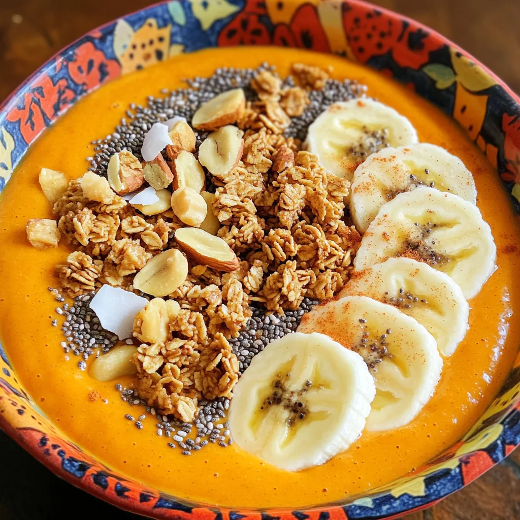 - 1 cup pumpkin puree (canned or freshly made) - 1 banana, frozen - 1/2 cup Greek yogurt (or dairy-free alternative) - 1/2 cup almond milk (or any milk of choice) - 1 teaspoon pumpkin pie spice - 1 tablespoon maple syrup (adjust based on sweetness preference) - 1/4 cup rolled oats - Toppings: granola, chopped nuts, chia seeds, coconut flakes, slices of banana, and a sprinkle of cinnamon This smoothie bowl combines flavors and health. Pumpkin puree is rich in fiber and vitamin A. One cup gives you about 200% of your daily vitamin A needs. The frozen banana adds potassium, which helps your muscles. Greek yogurt offers protein, which keeps you full longer. Almond milk is low in calories, making it a great choice. Rolled oats provide complex carbs, which give you energy. Maple syrup adds sweetness while being less processed than white sugar. You can make this recipe fit your tastes. If you don’t have pumpkin puree, try sweet potato puree. For the yogurt, use any dairy-free yogurt if you prefer. Almond milk can be swapped with oat milk or coconut milk. If you want less sugar, skip the maple syrup or use honey. You can also use any nuts or seeds you have on hand. Get creative with the toppings! Use whatever fruits or crunchy items you enjoy. To make your Pumpkin Pie Smoothie Bowl, start by gathering all your ingredients. You will need: - 1 cup pumpkin puree (canned or freshly made) - 1 banana, frozen - 1/2 cup Greek yogurt (or dairy-free alternative) - 1/2 cup almond milk (or any milk of choice) - 1 teaspoon pumpkin pie spice - 1 tablespoon maple syrup (adjust based on sweetness preference) - 1/4 cup rolled oats Now, in a blender, add the pumpkin puree, frozen banana, Greek yogurt, almond milk, pumpkin pie spice, maple syrup, and rolled oats. Blend on high until the mix is smooth and creamy. If it is too thick, pour in a bit more almond milk. Taste the mix and add more maple syrup if you want it sweeter. Once ready, pour it into a bowl and smooth the top with a spatula. To get the best texture, use a powerful blender. Make sure the banana is frozen. This helps make your smoothie bowl thick and cold. If you find your mix is too thick, just add a splash of almond milk. Blend again until you reach your desired smoothness. You want it creamy but not runny. Presentation is key! Use a bright and colorful bowl to contrast with the orange of the pumpkin. Pour the smoothie into the bowl and take your time with the toppings. Arrange the toppings in sections to create a pretty design. Use granola for crunch, sliced banana for freshness, and sprinkle chia seeds or coconut flakes for added texture. Finally, dust with a touch of cinnamon for that cozy fall vibe. Serve with a spoon, and enjoy! You can easily change the sweetness and spice levels in your smoothie bowl. Start with one tablespoon of maple syrup. Taste the mix after blending. If you want it sweeter, add more syrup. For spice, pumpkin pie spice adds warmth. If you like it spicier, add a pinch of cinnamon or nutmeg. Always adjust to your taste. One common mistake is blending too long. Over-blending can make your smoothie too thin. Blend until smooth, then stop. If it’s too thick, add a little almond milk. Another mistake is not tasting before serving. Always taste first. It helps you catch any flavor gaps. Finally, don’t skip the toppings. They add fun texture and flavor. For a creamy texture, use frozen bananas. They make your smoothie thick and smooth. Also, the oats help too. They add body and fiber. If your mix is too thin, add more oats or a bit more pumpkin puree. Always ensure your ingredients are cold for the best texture. {{image_2}} For a vegan twist, swap Greek yogurt for coconut yogurt. This keeps the creaminess while adding a tropical flavor. Use almond milk or any plant-based milk. The sweet maple syrup works well to add sweetness. This bowl still tastes like fall! Want to mix it up? Try adding a scoop of nut butter. Almond or peanut butter adds richness. You can also add a dash of vanilla extract to brighten the flavors. For a protein boost, toss in some protein powder. Each add-in brings new taste and benefits. Make this bowl festive! Add crushed ginger snaps for a spicy crunch. Top with pomegranate seeds for a pop of color. You can use warm spices like nutmeg or cloves for a holiday feel. These twists make your smoothie bowl even more exciting and seasonal. If you have leftover smoothie bowl, store it in an airtight container. Make sure to cover it well to keep it fresh. It will stay good in the fridge for up to two days. When you want to eat it, stir well to mix it up again. You can freeze the smoothie base if you want to save it for later. Pour the smoothie into ice cube trays or silicone molds. Once frozen, pop the cubes into a freezer bag. These cubes can last for up to three months. When you're ready to enjoy, blend the cubes with a bit of milk until smooth. To serve, simply pour the smoothie into a bowl. If you like it warm, you can microwave it for a few seconds. Add your favorite toppings right before serving. Some great options include granola, nuts, and chia seeds. This way, you keep the crunch and flavor fresh! If you want a dairy-free option, use coconut yogurt or almond yogurt. Both add creaminess. Silken tofu is another great choice. It blends smoothly and gives a nice protein boost. You can also try a nut-based yogurt for a different flavor. Yes, you can use fresh pumpkin! Just cook and puree it first. Make sure to remove the skin and seeds. Then, steam or roast the pumpkin until soft. This gives you a fresh taste in your smoothie bowl. Just remember that fresh pumpkin can be more watery than canned. Adjust the liquid in your recipe as needed. A smoothie bowl stays fresh for about one day in the fridge. Store it in an airtight container. If you wait longer, the texture may change. The toppings, especially, may get soggy. To enjoy the bowl at its best, eat it soon after making it. We explored the key ingredients of a smooth, tasty bowl and its health benefits. You learned how to make it, customize it, and avoid mistakes for a perfect texture. We also looked at delicious variations and how to store leftovers properly. With this knowledge, you can create your own unique smoothie bowl. Enjoy trying new flavors and ingredients. Remember, the fun is in experimenting and finding what you love!