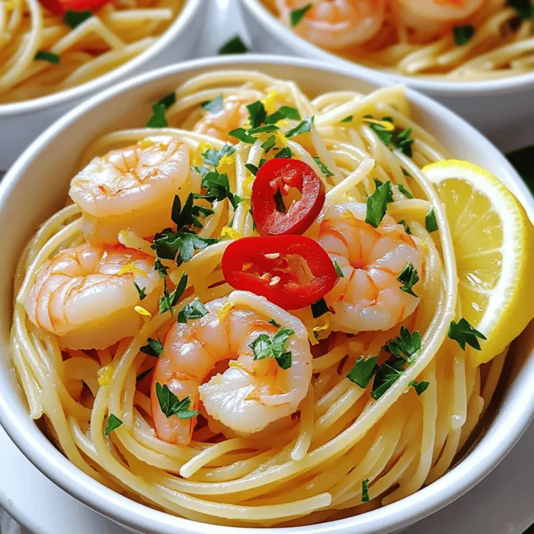 - 8 oz spaghetti or linguine - 1 lb large shrimp, peeled and deveined - 6 cloves garlic, minced - 1 red chili pepper, thinly sliced - 1/4 cup olive oil - 1/4 cup fresh parsley, chopped - 1/2 teaspoon red pepper flakes - Zest and juice of 1 lemon - Grated parmesan cheese - Additional herbs for garnish Gathering the right ingredients is key. The main ingredients create a bold flavor. Use fresh garlic and shrimp for the best taste. Adjust the red chili to match your heat level. For seasonings, olive oil is essential. It helps sauté the garlic and shrimp. Fresh parsley adds a touch of green and brightness. The lemon zest and juice give a fresh kick. Optional toppings like parmesan cheese enhance richness. Additional herbs can bring even more flavor. You can mix and match based on what you like. Enjoy the process of gathering your ingredients! To start, bring a large pot of salted water to a boil. Add 8 ounces of spaghetti or linguine. Cook until al dente, usually around 8 to 10 minutes. Check the pasta a minute before the time is up. You want it firm but not hard. Once cooked, reserve half a cup of pasta water before draining. This water will help mix flavors later. Now, grab a large skillet and put it over medium heat. Pour in 1/4 cup of olive oil and let it warm up. When hot, add 6 minced garlic cloves and one thinly sliced red chili pepper. Sauté this mix for about 1 minute. You want the garlic to smell nice but not brown. Next, add 1 pound of peeled and deveined large shrimp to the skillet. Season with salt and pepper. Cook for 2 to 3 minutes on each side. The shrimp should turn pink and opaque when done. Make sure they are cooked all the way through. Lower the heat and add the cooked pasta to the shrimp. Pour in the reserved pasta water, lemon zest, and juice. Add 1/2 teaspoon of red pepper flakes for extra heat. Toss everything together well. You want the pasta to be coated nicely with the sauce. Now it’s time to add the fresh touch. Stir in 1/4 cup of chopped parsley. Taste your dish and adjust the seasoning with more salt and pepper if needed. This is your chance to make it just right. To know when shrimp are done, look for a pink color. The shrimp should also be opaque. If they are gray, they need more time. Overcooking shrimp makes them rubbery. Cook them for about 2-3 minutes on each side. If you see them curl tightly, they are likely overcooked. If you want more heat, add extra chili slices. You can also mix in red pepper flakes. For a brighter taste, add more lemon juice or zest. The lemon adds freshness and balance to the dish. Don't be afraid to adjust to your taste. Serve the pasta in shallow bowls for a nice look. Top with extra parsley and a lemon wedge. The bright colors make the dish pop! You can also sprinkle some parmesan cheese on top. This adds a creamy touch that many enjoy. {{image_2}} You can make this dish even better by adding veggies. Some great choices are: - Spinach - Bell peppers - Zucchini - Broccoli To add these, chop them up and sauté them with the garlic and chili pepper. You might need to cook them a bit longer. Just make sure they soften before adding the shrimp. This way, you keep all the tasty flavors without overcooking the shrimp. If you want a change from shrimp, you can use chicken or tofu. For chicken, cut it into small pieces. Cook it in the same way as the shrimp, making sure it’s no longer pink inside. For tofu, use firm or extra-firm tofu, and cube it. Sauté it until golden brown. This keeps the flavors balanced and still gives you a tasty meal. For those needing gluten-free pasta, try using rice noodles or gluten-free spaghetti. The cooking time may change, so check the package. Rice noodles cook quickly, so soak them in hot water for a few minutes instead of boiling. Adjust your timing for the best texture in your dish. Enjoy a delicious meal that fits your needs! To keep your Garlic Chili Shrimp Pasta fresh, use an airtight container. Glass or plastic containers work well. You can store leftovers in the fridge for up to three days. Make sure to let the pasta cool before sealing it. This helps avoid excess moisture inside the container. When you're ready to eat the leftovers, reheating is easy. The best method is to use a skillet over medium heat. Add a splash of olive oil or a bit of water to keep it moist. Stir the pasta gently until it's hot. This method helps keep the shrimp tender and the flavors bright. You can also use a microwave if you're short on time. Just cover the dish with a lid or microwave-safe wrap to keep the moisture in. If you want to save Garlic Chili Shrimp Pasta for later, freezing is a great option. Place the pasta and shrimp in a freezer-safe container. Separate portions for easy meals later. You can freeze it for up to three months. When you’re ready to eat, take it out of the freezer and let it thaw in the fridge overnight. To reheat, use a skillet or microwave as mentioned above. This way, you can enjoy a quick meal any time! This Garlic Chili Shrimp Pasta takes just 15 minutes to make. You spend 5 minutes prepping. Cooking the pasta and shrimp takes the other 10 minutes. It’s quick and easy for busy days. Yes, you can use frozen shrimp. Just thaw them first. Place them in cold water for about 15 minutes. This way, they cook evenly and taste great in the dish. If you don’t have olive oil, you can use butter or avocado oil. Both options add rich flavor. Just keep the amount the same for your dish. Yes, you can make this dish ahead of time. Cook it, let it cool, then store it in the fridge. It stays good for about 2 days. Just reheat it on low heat when you're ready to eat. To make it less spicy, use less chili pepper. You can skip red pepper flakes too. For a milder taste, add more lemon juice. This balances the heat and keeps the dish fresh. This recipe combines simple ingredients to create a tasty shrimp pasta dish. We explored the key components, step-by-step instructions, and helpful tips. You learned how to cook shrimp perfectly while enhancing flavors with lemon and spices. Variations and storage options also help you enjoy this meal later. Remember, cooking is about fun and creativity. Don't be afraid to experiment and make it your own. Enjoy your delicious shrimp pasta, share it, and delight in every bite!