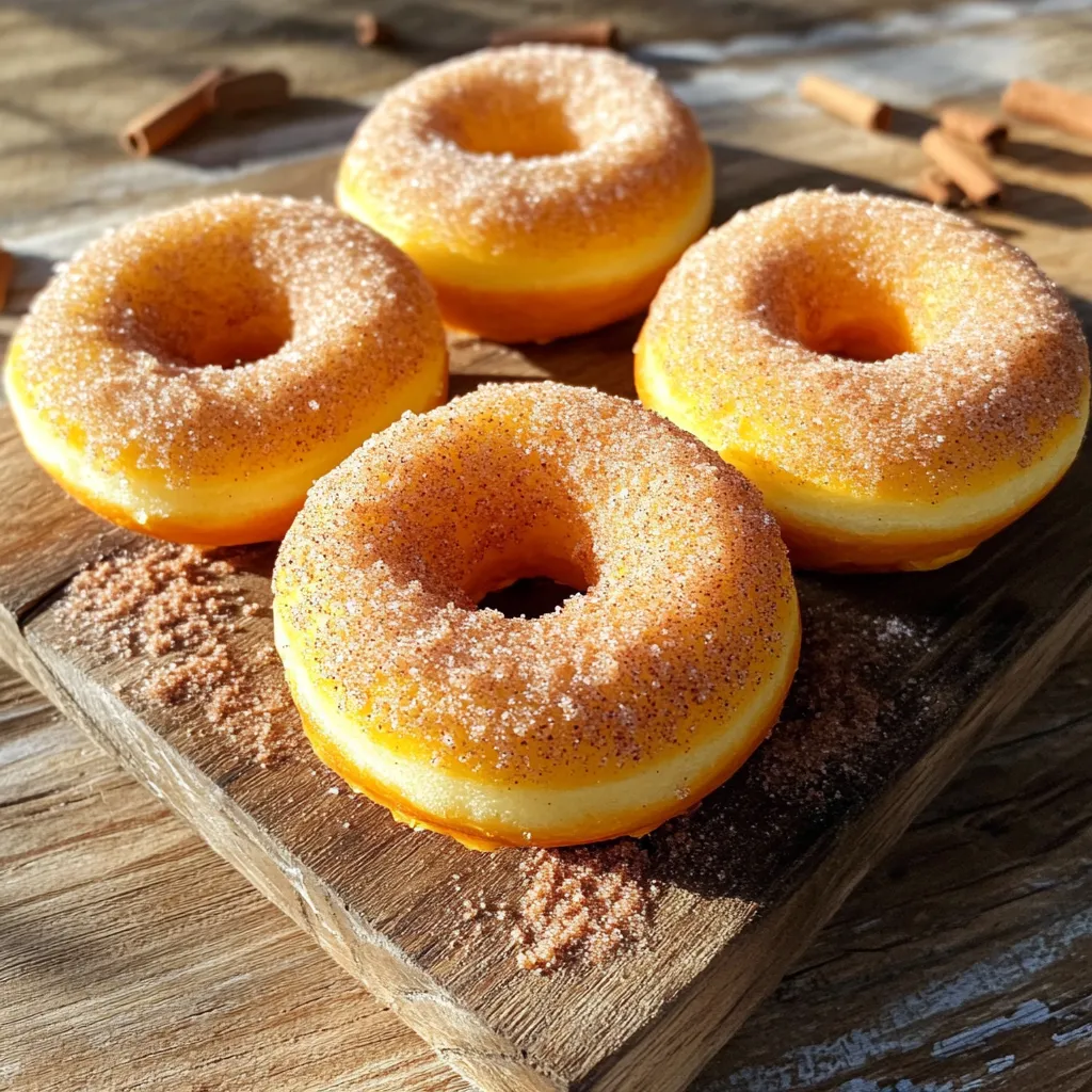 To create these amazing cinnamon sugar baked pumpkin donuts, gather your essential ingredients. Each one plays a key role in making these treats so tasty. - 1 cup all-purpose flour - 1/2 cup granulated sugar - 1/2 teaspoon baking powder - 1/4 teaspoon baking soda - 1 teaspoon ground cinnamon - 1/4 teaspoon ground nutmeg - 1/4 teaspoon ground ginger - 1/4 teaspoon salt - 1/2 cup canned pumpkin puree - 1/4 cup buttermilk (or milk with 1 tsp vinegar) - 1 large egg - 2 tablespoons unsalted butter, melted - 1 teaspoon vanilla extract - 1/4 cup granulated sugar (for topping) - 1 teaspoon ground cinnamon (for topping) These ingredients blend to give you soft, moist donuts with a warm, spiced flavor. The pumpkin puree adds richness, while the spices create that cozy autumn vibe. The cinnamon sugar topping is a delightful way to finish them off. You will love how each bite tastes! First, preheat your oven to 350°F (175°C). Lightly grease your donut pan with non-stick spray. This helps the donuts come out easily. Next, grab a mixing bowl. In it, whisk together these dry ingredients: - 1 cup all-purpose flour - 1/2 cup granulated sugar - 1/2 teaspoon baking powder - 1/4 teaspoon baking soda - 1 teaspoon ground cinnamon - 1/4 teaspoon ground nutmeg - 1/4 teaspoon ground ginger - 1/4 teaspoon salt Mix them well until you see no lumps. In another bowl, mix the wet ingredients until smooth: - 1/2 cup canned pumpkin puree - 1/4 cup buttermilk - 1 large egg - 2 tablespoons unsalted butter, melted - 1 teaspoon vanilla extract Slowly add the wet mix to the dry mix. Stir gently. Be careful not to overmix. This keeps the donuts light and fluffy. Now, fill each donut cavity about two-thirds full with the batter. This allows room for the donuts to rise. Bake your donuts for 10-12 minutes. To check if they are done, insert a toothpick into the center. If it comes out clean, your donuts are ready. While the donuts bake, prepare the cinnamon sugar topping. In a shallow bowl, mix together: - 1/4 cup granulated sugar - 1 teaspoon ground cinnamon After baking, let the donuts cool in the pan for about 5 minutes. Then, transfer them to a wire rack to cool slightly. While they are still warm, gently roll each donut in the cinnamon sugar mixture. Make sure each donut is well coated. Enjoy your fresh pumpkin donuts warm or at room temperature! To get the best texture, mix your dry ingredients well. This helps the baking powder and soda spread evenly. When you add the wet mix, stir just enough to blend. Overmixing makes donuts tough. You want them soft and fluffy. Baking temperature matters. Preheat your oven to 350°F (175°C). This heat cooks the donuts just right. Bake for 10-12 minutes. Test doneness with a toothpick. If it comes out clean, your donuts are ready! Want to boost flavor? Try adding a pinch of allspice or cloves. These spices mix well with pumpkin. You can also add a splash of maple syrup for sweetness. Using fresh pumpkin is great, but canned puree works fine too. Canned pumpkin is smooth and easy. Fresh can have a richer taste, but it needs cooking first. Choose what fits your time and taste. How you serve your donuts can make them more fun. Stack them on a plate. Sprinkle some extra cinnamon sugar on top for flair. Pair your donuts with a warm drink like coffee or cider. They match well and make a cozy treat. For toppings, consider a drizzle of chocolate or cream cheese frosting. Enjoy creating your perfect donut experience! {{image_2}} You can make these donuts gluten-free. Use a gluten-free all-purpose flour. Brands like Bob’s Red Mill or King Arthur work well. Keep in mind, gluten-free flour can absorb more liquid. You may need to adjust the wet ingredients slightly to keep the batter moist. Add a bit more pumpkin puree or buttermilk if needed. This small change ensures your donuts stay light and fluffy. Want to play with flavors? You can add chocolate chips or nuts for a fun twist. Dark chocolate chips create a nice contrast with pumpkin. Chopped walnuts or pecans add a lovely crunch. For seasonal variations, try mixing in apple chunks or caramel. You can even blend in some maple syrup for a rich taste. These additions keep the recipe fresh and exciting. Mini donuts are cute and fun! If you choose this size, reduce the bake time. Bake mini donuts for about 8-10 minutes. Always check with a toothpick to be sure they are done. If you make regular-sized donuts, follow the original bake time of 10-12 minutes. Think about how you plan to serve them. Mini donuts are perfect for parties. Regular donuts are great for a cozy, family treat. To keep your cinnamon sugar baked pumpkin donuts fresh, store them at room temperature. Place them in an airtight container to prevent drying. They will stay good for about two days. For longer storage, consider refrigeration. Wrap each donut in plastic wrap. Then, place them in a sealed bag. This keeps them moist and fresh for up to a week. If you want to save some donuts for later, freezing is a great option. First, let the donuts cool completely. Next, wrap each one tightly in plastic wrap. Place the wrapped donuts in a freezer bag. They can stay frozen for about three months. When you want to eat them, take out a donut and let it thaw at room temperature. To reheat, you can warm it in the microwave for about 10-15 seconds. This makes the donut soft and warm again. Enjoy your delicious treat anytime! These donuts stay fresh for about 3 days at room temperature. Store them in an airtight container. If you refrigerate them, they last up to a week. Make sure to wrap them well to keep them moist. Yes, you can make the batter ahead. Just mix it and cover it tightly. Store it in the fridge for up to 24 hours. When ready to bake, let it sit at room temperature for about 15 minutes. This helps the batter warm up and rise better. If you don’t have buttermilk, mix 1/4 cup of milk with 1 teaspoon of vinegar. Let it sit for 5 minutes to thicken. You can also use plain yogurt or sour cream. Just thin them with a little water to get the right consistency. You now have the tools to make delicious pumpkin donuts at home. We covered the key ingredients and shared step-by-step instructions for baking and coating. I provided tips to enhance flavor and texture, and we explored fun variations to try. Remember, storage and reheating are easy so you can enjoy them later. With these methods, you can bake impressively tasty donuts and share them happily. Dive in and enjoy your homemade treats!