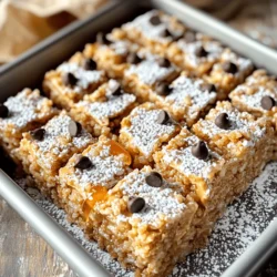To make these no-bake peanut butter krispie bars, gather these main ingredients: - 1 cup creamy peanut butter - 1/2 cup honey or maple syrup - 3 cups crispy rice cereal - 1/2 cup powdered sugar - 1 teaspoon vanilla extract - A pinch of sea salt Each ingredient plays a role. The peanut butter adds creaminess, while the honey or maple syrup sweetens the bars. The crispy rice cereal gives a fun crunch. You can add some extra fun with these optional ingredients: - 1/2 cup mini chocolate chips These chocolate chips add a sweet touch. You can mix them in or sprinkle them on top for a nice finish. If you have dietary needs, here are some great substitutions: - For honey, use agave syrup for a vegan version. - Swap creamy peanut butter for almond or sunflower butter if needed. - Use a gluten-free rice cereal to make it gluten-free. These swaps keep the bars tasty while meeting your needs. With these options, everyone can enjoy this delightful treat! First, grab an 8x8-inch square baking dish. Line it with parchment paper. Leave some paper hanging over the sides. This makes it easy to lift the bars out later. Next, take a medium saucepan. Add 1 cup of creamy peanut butter and 1/2 cup of honey or maple syrup. Heat it on low. Stir it well for 2 to 3 minutes. The mix should melt and blend together smoothly. Now, remove the pan from the heat. Stir in 1 teaspoon of vanilla extract and a pinch of sea salt. Mix it until it’s evenly combined. Gradually add 3 cups of crispy rice cereal. Stir gently to coat the cereal fully. If you want chocolate chips, fold in 1/2 cup now, but save a few for later. Pour the mixture into your lined baking dish. Use the back of a spatula or your hands to press it down firmly. Make sure it’s even and compact. This helps the bars hold together later. Place the dish in the refrigerator for at least 30 minutes. This helps the bars firm up. Once set, lift the bars out using the parchment overhang. Transfer them to a cutting board. Cut into squares or bars with a sharp knife. Enjoy your tasty treat! To achieve the best texture, make sure to press the mixture firmly into the pan. This helps the bars hold together. If the mixture is too loose, your bars may crumble. Aim for a compact layer for a great bite. Let them chill in the fridge for at least 30 minutes. This will help them set nicely. When melting peanut butter, do it over low heat. Stir it constantly to avoid burning. You want it smooth and creamy. Mixing in honey or maple syrup at the same time helps it melt evenly. If you notice it getting too hot, remove it from the heat. This keeps your peanut butter from losing its flavor. Store your bars in the fridge for freshness. Use an airtight container for best results. They can last up to a week this way. When serving, cut them into squares or bars. Top with extra chocolate chips for a fun touch. These bars are perfect for snacks or dessert. Enjoy them chilled or at room temperature! {{image_2}} You can make your No-Bake Peanut Butter Krispie Bars even better! Here are some fun add-ins: - Chopped nuts: Use almonds or walnuts for a crunchy bite. - Dried fruit: Add raisins or cranberries for natural sweetness. - Coconut flakes: Sprinkle some unsweetened coconut for a tropical twist. - Sprinkles: Kids love colorful sprinkles on top for a festive look. These options let you personalize your bars and make them your own. Feel free to switch up the flavors in your bars. Here are some ideas: - Nut butters: Try almond or cashew butter instead of peanut butter. - Sweeteners: Use agave nectar or brown rice syrup if you prefer. - Chocolate: Use dark chocolate chips or white chocolate for a new taste. Each swap can change the flavor and keep things exciting! You can easily make these bars gluten-free or vegan. Here’s how: - Gluten-Free: Ensure your crispy rice cereal is labeled gluten-free. Many brands offer this option. - Vegan: Use maple syrup as the sweetener and choose dairy-free chocolate chips. These options allow everyone to enjoy your tasty bars, no matter their diet. You can store your No-Bake Peanut Butter Krispie Bars in the fridge. Wrap them tightly in plastic wrap or use an airtight container. They stay fresh for about one week in the refrigerator. The cool air helps keep the bars firm and tasty. If you want to keep them longer, freezing is a great option. Cut the bars into squares before freezing. Place them in a single layer on a baking sheet. Once frozen, transfer them to a freezer-safe bag or container. They can last up to three months in the freezer. Just thaw them in the fridge before enjoying. Use glass or plastic containers with tight lids for storage. These containers help keep the bars fresh and prevent them from drying out. If you freeze them, make sure to use freezer bags designed for this purpose. Label the bags with the date for easy tracking. To make these bars vegan, simply replace honey with maple syrup. Maple syrup is a great choice. You can also use agave nectar. Both options keep the bars sweet and sticky. Just ensure your peanut butter is also vegan-friendly. Most brands are, but it's good to check. Yes, you can use crunchy peanut butter! This will add a nice texture. Some people love the extra crunch it provides. Just remember, it will change the smoothness of the bars a bit. If you like the creamy texture, stick to creamy peanut butter. These bars can last about a week in the fridge. Make sure to store them in an airtight container. This keeps them fresh and tasty. If you want to enjoy them longer, consider freezing them. Yes, there are alternatives! You can use agave nectar or brown rice syrup. Both options work well. They will still keep the bars sweet. You can also try date syrup for a different flavor twist. You’ve learned about the key ingredients and steps to make No-Bake Peanut Butter Krispie Bars. I shared tips to help you perfect the texture and store the bars well. Remember, you can customize flavors and add-ins for fun twists. Whether you choose to freeze them or enjoy them fresh, these bars are an easy, tasty treat. Keep experimenting to find the mix that you love best!