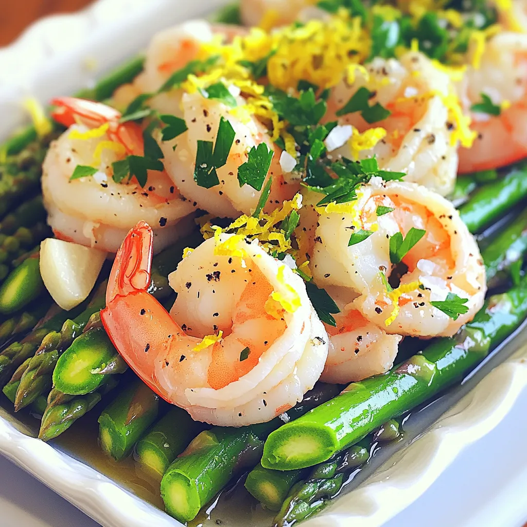 - Large shrimp: 1 lb, peeled and deveined - Asparagus: 1 bunch, trimmed - Olive oil: 3 tablespoons - Lemon zest and juice: from 2 lemons - Garlic: 4 cloves, minced - Black pepper: 1 teaspoon - Sea salt: 1 teaspoon - Red pepper flakes: 1/2 teaspoon (optional) - Fresh parsley for garnish The main stars of this dish are the large shrimp and fresh asparagus. The shrimp should be juicy and sweet. You want them peeled and deveined to make cooking simple. For the asparagus, trim the ends for a clean bite. Now let’s talk about the dressing. Using good olive oil brings richness. The lemon zest and juice add bright, zesty notes. Fresh garlic gives a lovely aroma and taste. For spices, black pepper and sea salt are must-haves. Red pepper flakes can add a kick if you like heat. Finally, fresh parsley sprinkles on top for color and flavor. Gather all these ingredients to make your Lemon Pepper Shrimp & Asparagus Sheet-Pan a delightful dish! - Preheating the oven Start by preheating your oven to 400°F (200°C). This heat will cook the shrimp and asparagus perfectly. - Preparing shrimp and asparagus Next, take your large shrimp and peel them if you haven’t done so. Make sure they are deveined. For the asparagus, trim the ends off. This helps them cook evenly and taste great. - Combining shrimp and asparagus with oil and seasonings In a large bowl, add the shrimp and asparagus. Drizzle 3 tablespoons of olive oil over them. Then, add the zest and juice of 2 lemons, 4 minced garlic cloves, 1 teaspoon of black pepper, 1 teaspoon of sea salt, and 1/2 teaspoon of red pepper flakes if you want some heat. - Ensuring even coating Toss everything together well. Make sure every shrimp and asparagus piece gets coated with the mix. This step is key for flavor. - Spreading on baking sheet Now, spread the shrimp and asparagus in a single layer on a large baking sheet. This allows them to cook evenly without steaming each other. - Baking time and checking for doneness Bake them in the preheated oven for about 10 to 12 minutes. Keep an eye on them. The shrimp should turn pink and opaque, while the asparagus should be tender but still crisp. Use a fork to check if they are done. How to tell when shrimp are cooked Shrimp cook quickly. They turn pink and opaque when done. Look for a firm texture. If they curl into a tight “C” shape, they are overcooked. Achieving perfect asparagus texture For tender asparagus, trim the ends. Roast until bright green and slightly crisp. Aim for 10 to 12 minutes in the oven. Additional seasonings and sauces to try You can add a pinch of cayenne for heat. Try a splash of soy sauce for umami. Fresh herbs like dill or basil can brighten flavors too. Importance of using fresh ingredients Fresh shrimp and asparagus make a big difference. Fresh ingredients enhance taste and texture. Seek out local markets for the best options. Pairing with side dishes Serve with rice or quinoa to balance the meal. A crisp salad adds freshness. Garlic bread complements the shrimp well. Presentation ideas for a more appealing meal Use a large platter to serve. Arrange shrimp and asparagus in a colorful pattern. Garnish with parsley for a bright touch. {{image_2}} You can easily switch shrimp with chicken or tofu. If using chicken, cut it into bite-sized pieces. For tofu, press and cube it before cooking. Both options add different flavors to your dish. Adjust cooking times based on the protein you choose. Chicken needs more time, about 20-25 minutes, until it reaches 165°F. Tofu cooks quickly, so bake it for about 10-12 minutes, just like the shrimp. You can add more veggies to boost flavor. Bell peppers, zucchini, or cherry tomatoes work great. Each adds a unique taste and texture. Seasonal veggies can also make this dish shine. In spring, try asparagus and snap peas. In summer, use corn and squash. Fall brings great options like Brussels sprouts and carrots. Each choice lets you customize this dish to your taste. Herbs and spices can change your dish's flavor. Try thyme, oregano, or basil for a fresh twist. You can also explore spices like cumin or paprika for warmth. If you like heat, add more red pepper flakes or try jalapeños. For milder flavors, skip the heat and focus on lemon and garlic. Each choice can create a new experience with every bite. To store leftovers of Lemon Pepper Shrimp & Asparagus, let them cool first. Place the shrimp and asparagus in an airtight container. This keeps them fresh and tasty. You can store them in the fridge for up to three days. If you want to enjoy them later, make sure to check for any signs of spoilage before eating. Yes, you can freeze Lemon Pepper Shrimp & Asparagus. It’s best to freeze them right after cooking. Allow the dish to cool down, then transfer it to a freezer-safe container. You can store it in the freezer for about two months. When ready to eat, thaw it in the fridge overnight. Reheat it in the oven at 350°F until warm. This helps keep the flavors intact. Use glass or BPA-free plastic containers for storage. These containers help keep food fresh longer. It’s important to choose airtight containers. They prevent moisture and air from spoiling your meal. Always label your containers with the date. This way, you know when you made the dish. How long does it take to cook shrimp? Cooking shrimp takes about 10 to 12 minutes. You want them pink and opaque. When they curl into a C shape, they are done. Can I use frozen shrimp for this recipe? Yes, you can use frozen shrimp. Just thaw them first. Place them in a bowl of cold water for about 15 minutes. Pat them dry before cooking. What can I use if I don’t have asparagus? If you don’t have asparagus, try broccoli or green beans. Both work well and add great crunch. You can also use bell peppers for a pop of color. Can I skip the lemon juice? You can skip the lemon juice, but it adds a nice zing. If you want a substitute, use lime juice. It gives a similar bright flavor. What temperature should shrimp be cooked to? Shrimp should reach an internal temperature of 120°F (49°C). Use a food thermometer to check. This ensures they are safe to eat. Can I prepare this dish in advance? Yes, you can prep this dish ahead. You can marinate the shrimp and asparagus a few hours before cooking. Just cover and refrigerate until you’re ready to bake. This blog post covered a delicious Lemon Pepper Shrimp and Asparagus recipe. We went through key ingredients, like fresh shrimp and asparagus, and explored seasoning tips. Cooking steps included preparation, mixing, and baking for the best taste. Remember, you can customize this dish with other proteins and veggies, too. Storing leftovers properly keeps meals fresh for days. Enjoy cooking and experimenting with flavors to make each meal your own!