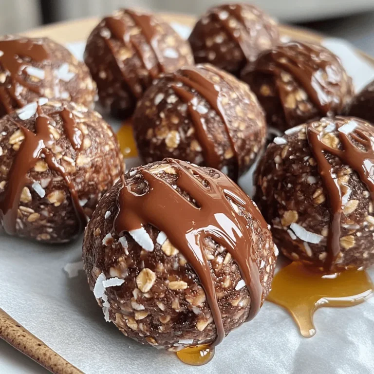 Here are the ingredients for Chocolate Coconut Energy Balls: - 1 cup rolled oats - 1/2 cup unsweetened shredded coconut - 1/2 cup natural almond butter (or peanut butter) - 1/4 cup honey or maple syrup - 1/4 cup unsweetened cocoa powder - 1/4 cup dark chocolate chips (dairy-free if desired) - 1 teaspoon vanilla extract - A pinch of sea salt Each ingredient plays a role in flavor and texture. Using high-quality ingredients makes a big difference. Fresh oats and good cocoa powder add flavor and nutrition. Natural nut butter gives a creamy texture. Sweeteners like honey or maple syrup enhance the taste. If you want the best results, choose organic or high-grade products. They not only taste better but also support your health. You can easily customize this recipe. If you're allergic to nuts, use sunflower seed butter. For a vegan option, swap honey for maple syrup. You can also replace dark chocolate chips with dried fruit if you prefer. Want a little crunch? Add chopped nuts or seeds. Make it your own! Making chocolate coconut energy balls is quick and easy. You need about 10 minutes to prep and 30 minutes to chill. Gather your ingredients first. This helps you stay organized. You will mix dry ingredients, add wet ones, and shape the balls. Start with a large mixing bowl. Add 1 cup of rolled oats. Then, add 1/2 cup of unsweetened shredded coconut. Next, include 1/4 cup of unsweetened cocoa powder. Stir all these ingredients together until they blend well. This step is crucial. It ensures even flavor in every bite. Now, it's time for the wet ingredients. Add 1/2 cup of almond butter and 1/4 cup of honey (or maple syrup) to the dry mix. Stir until everything sticks together. If the mix feels too dry, add a bit more almond butter or syrup. Next, fold in 1/4 cup of dark chocolate chips. This adds a nice touch. With clean hands, scoop about 1 tablespoon of the mix. Roll it into a ball shape. Place each ball on a parchment-lined baking sheet. Repeat until all the mix is used. Finally, refrigerate the energy balls for at least 30 minutes. This helps them firm up. After chilling, your tasty treats are ready to enjoy! To get the right texture, aim for a balance. The mixture should be sticky but not too wet. If it feels dry, add a bit more almond butter. If it's too wet, add more oats or coconut. This will help you form nice balls. If your energy balls don't hold together, they might need more binding. Add a bit more honey or almond butter to help. If they are too crumbly, add a splash of water or more syrup. This will help create a better shape. You can boost the flavor with fun extras. Try adding chopped nuts or seeds for crunch. A dash of cinnamon or nutmeg can add warmth. You can also swap in different nut butters like cashew or sunflower. These small changes make a big difference! {{image_2}} You can change the taste of your energy balls by adding different flavors. Try mixing in chopped nuts like almonds or walnuts for a crunchy texture. You can also use spices like cinnamon or nutmeg to add warmth. For a tropical twist, add dried fruit such as raisins or chopped dates. These small changes can make your energy balls unique and fun. These energy balls fit many diets. They are naturally vegan if you use maple syrup instead of honey. To make them gluten-free, ensure your oats are certified gluten-free. You can also swap almond butter for sunflower seed butter for a nut-free option. This way, everyone can enjoy them without worry. Coatings can add an extra layer of flavor and texture. Roll the energy balls in shredded coconut for a nice finish. You can also use seeds like chia or hemp for a crunchy exterior. Cacao powder is another great choice for a rich, chocolatey taste. These coatings make the energy balls look even more appealing and delicious. To keep your chocolate coconut energy balls fresh, store them in an airtight container. This stops air from making them dry or stale. You can use glass or plastic containers that seal tightly. Always keep them in a cool place, away from heat and direct sunlight. These energy balls last about a week in the fridge. If you store them properly, they stay soft and tasty. I suggest you check them every few days to ensure they remain fresh. If you notice any changes in smell or texture, toss them out for safety. You can freeze these energy balls for up to three months. This is great if you want to make a big batch. Just roll them into balls and lay them on a baking sheet. Freeze them for about an hour, then transfer them to a freezer bag. Label the bag with the date. When you want to eat them, let them thaw in the fridge overnight. Yes, you can. Almond butter and peanut butter both work well. If you want a nut-free option, try sunflower seed butter. Each nut butter gives a unique taste and texture. Just remember, some nut butters may be thicker or thinner. You might need to adjust the amount of sweetener to keep the right consistency. You can replace honey with maple syrup or agave nectar. Both options keep the balls sticky and sweet. If you prefer a sugar-free option, use mashed bananas or unsweetened applesauce. These will change the flavor a bit, but they still taste great! Yes, they are an excellent post-workout snack. These energy balls provide a mix of carbs and protein. The rolled oats give you energy, while the nut butter helps with muscle recovery. Plus, the chocolate chips offer a tasty treat! Enjoying them after exercise can help your body recover and keep you satisfied. In this post, we explored ingredient choices, preparation steps, and tips for making energy balls. Quality ingredients are key, with room for substitutions. I shared ways to achieve the right texture and enhance flavors. You can cater to dietary needs and discover fun variations. Proper storage keeps them fresh and tasty. Energy balls are simple, healthy, and fit for any snack time! Enjoy creating your own!