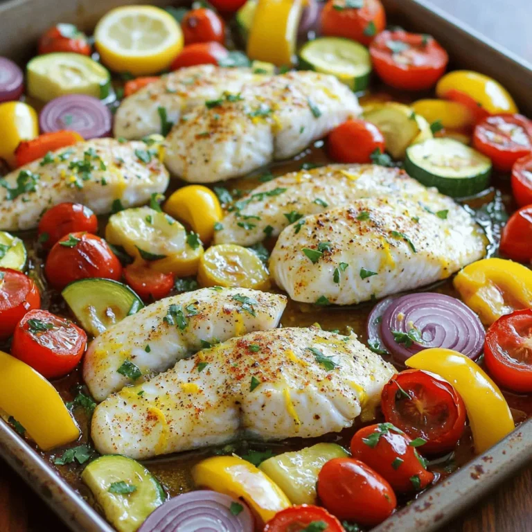 For this delightful dish, you will need: - 4 tilapia fillets - 1 lemon, juiced and zested - 4 cloves garlic, minced - 2 tablespoons olive oil - 1 teaspoon dried oregano - 1 teaspoon paprika - Salt and pepper to taste These main ingredients shine through. The tilapia fillets offer a mild flavor that pairs well with the zesty lemon and garlic. The olive oil adds richness, while the herbs and spices boost the taste. We will brighten the dish with colorful veggies: - 1 cup cherry tomatoes, halved - 1 bell pepper (red or yellow), sliced - 1 zucchini, sliced - 1 red onion, cut into wedges These vegetables not only add color but also create a nice mix of textures. Cherry tomatoes burst with sweetness, while bell peppers give crunch. Zucchini adds tenderness, and red onion brings a hint of sharpness. To finish the dish, consider these garnishes: - Fresh parsley, chopped for garnish Adding parsley gives a fresh touch and a pop of green. You might also sprinkle extra paprika or a squeeze of lemon juice for added flavor before serving. These small details make the meal feel special. To start, mix the marinade. In a small bowl, combine the juice and zest of one lemon. Add four minced garlic cloves, two tablespoons of olive oil, one teaspoon of dried oregano, and one teaspoon of paprika. Season with salt and pepper to taste. Whisk everything together until it blends well. This marinade gives the tilapia its bright flavor. Next, place four tilapia fillets on a parchment-lined sheet pan. Drizzle half of the marinade over the tilapia. Make sure each fillet gets a good coating. Let the fish marinate while you prepare the veggies. This step helps the fish absorb the lemon and garlic flavors. Now, preheat your oven to 400°F (200°C). In a large bowl, combine one cup of halved cherry tomatoes, one sliced bell pepper, one sliced zucchini, and one red onion cut into wedges. Drizzle the remaining marinade over the vegetables. Toss them well to coat. Arrange the veggies around the tilapia on the sheet pan. Spread them in a single layer for even cooking. Place the sheet pan in the oven and bake for 15 to 20 minutes. Check if the tilapia is cooked through and flaky. The veggies should be tender. When done, take the pan out and let it rest for a couple of minutes. Finally, garnish with chopped fresh parsley. This adds a lovely pop of color and flavor to the dish. Enjoy your Lemon Garlic Tilapia and Veggie Sheet Pan Delight! To get that perfect flakiness, start with fresh tilapia. Fresh fish cooks better and tastes great. Marinate the fillets for at least 15 minutes. This adds flavor and moisture. When you bake, check the fish at 15 minutes. It should flake easily with a fork. If it’s still firm, bake for a few more minutes. You want it tender and juicy. I love using colorful veggies with tilapia. Cherry tomatoes add sweetness and juiciness. Bell peppers bring a nice crunch. Zucchini is soft and cooks quickly. Red onions add a mild, sweet flavor. You can also try asparagus or broccoli. Just make sure they cook in the same time as the fish. This keeps everything fresh and tasty. You can cook tilapia in many ways. If you don’t have an oven, try pan-searing. Heat some olive oil in a skillet. Cook the tilapia for about 3-4 minutes on each side. It’s quick and gives a nice crust. You can also grill the fish. Just place it on a grill pan for about 4-5 minutes. This adds a smoky flavor that’s hard to beat. {{image_2}} If you can't find tilapia, don't worry! You can use other fish like cod, haddock, or even salmon. Each fish has a different flavor and texture. Cod is mild and flaky, while salmon is rich and buttery. Just adjust the cooking time based on the thickness of the fish. Want to spice things up? Try adding fresh herbs like dill or basil. They add a bright taste. You can also swap the oregano for thyme or rosemary for a unique twist. For some heat, sprinkle in some red pepper flakes. The key is to find what you like best! If you need a gluten-free option, this recipe is already safe. Just check all your ingredients to ensure they are gluten-free. For a low-carb meal, skip the starchy veggies and add more greens like spinach or kale. You can make this dish fit many diets with easy swaps. After your meal, let the leftovers cool. Place the tilapia and veggies in an airtight container. Store them in the fridge for up to three days. For best taste, eat them within a day. If you have a lot left, you can separate the fish and veggies. This helps keep them fresh longer. To reheat, use an oven or microwave. For the oven, preheat it to 350°F (175°C). Place the tilapia and veggies on a baking sheet. Heat for about 10-15 minutes. Check that the fish is warm all the way through. If using a microwave, cover the dish loosely. Heat in short bursts of 30 seconds. Stir or flip halfway through to heat evenly. You can freeze leftovers if you want to save them. Wrap each piece of tilapia tightly in plastic wrap. Place the veggies in a freezer-safe bag. Squeeze out the air before sealing. You can freeze them for up to three months. To thaw, move them to the fridge overnight before reheating. This keeps the taste and texture nice. You can tell tilapia is cooked when it turns opaque and flakes easily with a fork. The internal temperature should reach 145°F (63°C). If you see any translucent parts, it needs more time. Keep an eye on it, as overcooking can make it dry. Yes, you can use frozen tilapia. Just make sure to thaw it first. You can place it in the fridge overnight or run it under cold water for quicker thawing. Once thawed, pat it dry before marinating. This will help the marinade stick better. Several side dishes go well with Lemon Garlic Tilapia. Here are a few ideas: - Rice or quinoa for a hearty base. - Steamed broccoli or green beans for a fresh crunch. - A simple salad with mixed greens and a light vinaigrette. - Roasted potatoes for a comforting side. Feel free to mix and match based on your taste! This blog covers how to make Lemon Garlic Tilapia. We discussed the key ingredients, including the best veggies and optional seasonings. You learned the simple steps for marinating and cooking your fish. I shared tips for perfecting your tilapia and suggested flavor variations. Finally, we addressed storage options and common questions. Cooking can be fun and easy, especially with this recipe. Enjoy your next meal with this tasty dish!