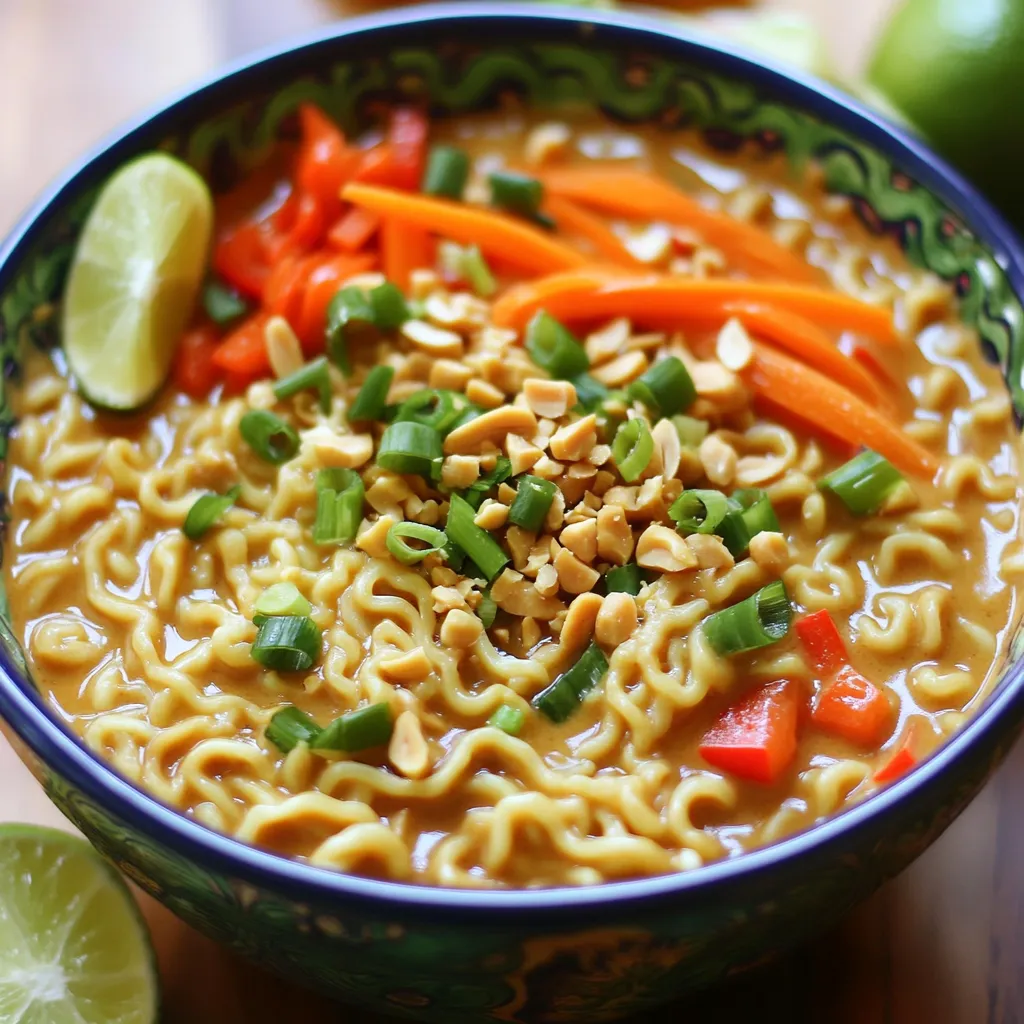 - 2 packs of instant ramen noodles (discard seasoning packets) - 1/4 cup creamy peanut butter - 3 tablespoons soy sauce - 1 tablespoon sriracha sauce (adjust for spice preference) - 1 tablespoon sesame oil - 2 green onions, sliced - 1 carrot, julienned - 1 red bell pepper, thinly sliced - 1 tablespoon fresh ginger, minced - 1 clove garlic, minced - 1/4 cup unsalted roasted peanuts, roughly chopped - 1 lime, cut into wedges for serving This dish shines with a few key ingredients. The creamy peanut butter gives it a rich base. Soy sauce adds saltiness, while sriracha sauce brings heat. Sesame oil gives a nutty aroma that ties everything together. Fresh ginger and garlic add depth and warmth. You can elevate your ramen with simple garnishes. Chopped peanuts add crunch and texture. Lime wedges provide a burst of fresh flavor. You can also sprinkle on extra green onions for color and taste. These small touches make a big difference! First, grab a large pot and fill it with 4 cups of water. Bring that water to a boil. Once it's bubbling, add in your 2 packs of instant ramen noodles. Cook them for about 3 to 4 minutes. You want them tender but not mushy. After cooking, drain the noodles in a colander. Set them aside for now, but save about 1/2 cup of the water. This water is like liquid gold for your sauce. While the noodles cook, you can make the spicy peanut sauce. In a mixing bowl, add 1/4 cup of creamy peanut butter. Then pour in 3 tablespoons of soy sauce, 1 tablespoon of sriracha sauce, and 1 tablespoon of sesame oil. Grab a fork or a whisk and stir until everything is smooth. You want the sauce to be creamy and well-mixed. This is where the magic begins! Now, it’s time to bring it all together. In the same pot, heat a splash of sesame oil over medium heat. Add 1 clove of minced garlic and 1 tablespoon of minced ginger. Sauté these for about 30 seconds until they smell amazing. Next, toss in your sliced carrot and red bell pepper. Cook them for 2 to 3 minutes until they soften a bit. Now, add the drained ramen noodles back into the pot. Pour your spicy peanut sauce over the noodles. Toss everything together. If it feels too thick, add some of that reserved noodle water a little at a time. Keep mixing until the sauce coats the noodles just right. Stir in the sliced green onions and heat everything for another minute. Serve this dish right away! Top it with chopped peanuts and lime wedges on the side. A fresh squeeze of lime juice adds a great zing. Enjoy your tasty, spicy peanut ramen! To get the sauce just right, start with the right amount of peanut butter. Use 1/4 cup of creamy peanut butter. Mix in soy sauce, sriracha, and sesame oil until smooth. If it’s too thick, add some of the reserved noodle water. This will help thin it out. Add water slowly to reach your preferred thickness. Spice is key in this dish. The sriracha adds heat, but you can control it. Start with 1 tablespoon of sriracha. If you like it hotter, add more. Taste as you mix. This way, you can find the perfect balance for your taste buds. Speed is essential for this recipe. Boil 4 cups of water first. Cook the noodles for 3-4 minutes. Drain and set them aside. While the noodles cook, make the sauce. This saves time and keeps everything hot. Sauté ginger and garlic quickly to enhance flavor. Toss the noodles and sauce together just before serving. This keeps your meal fresh and tasty. {{image_2}} You can easily make this dish vegetarian or vegan. Simply swap the soy sauce for a gluten-free option if needed. Use tamari or coconut aminos instead for a tasty alternative. For a vegan choice, ensure your peanut butter is plant-based and check other sauces, like sriracha, for animal products. Want to boost protein? Add tofu, chickpeas, or edamame. These options mix well with the noodles. Tofu gives a nice texture. For a meatier touch, try shredded chicken or shrimp. Cook these proteins separately, then mix them in with the noodles for added flavor. Feel free to get creative with your veggies. Broccoli, snap peas, or bok choy work great. You can even add spinach or kale for extra nutrients. Just remember to adjust cooking times. Softer veggies need less time, while firmer ones need a bit longer. Mix and match to find your favorite combo! Store your leftover Minute Spicy Peanut Ramen in an airtight container. Let it cool first, then place it in the fridge. It stays fresh for up to three days. When you’re ready to eat, check for any changes in smell or color. If it looks good, you’re all set! If you want to save some for later, freezing is a great option. First, let the ramen cool completely. Then, portion it into freezer-safe bags or containers. Remove as much air as possible before sealing. This helps prevent freezer burn. You can freeze the ramen for up to a month. Just remember, the veggies may lose some crunch. To reheat the ramen, you have a few choices. The best way is to use a pot. Add a splash of water or broth to keep it moist. Heat over medium until warm. You can also use the microwave. Place the ramen in a bowl, cover it with a damp paper towel, and heat in 30-second bursts. Stir between each burst until it’s hot. Enjoy your tasty meal again! Yes, you can use other noodles. Try rice noodles or udon noodles. They both cook fast and add different textures. Just cook them according to the package. Make sure to drain and rinse them well. To serve more people, simply double the ingredients. Use 4 packs of ramen and adjust the sauce amounts. For a family of four, you can also add more veggies or proteins. Just remember to keep the flavors balanced. If you need a substitute for peanut butter, try almond butter or sun butter. Both give a nice flavor. For a nut-free option, blend tahini with a bit of honey or maple syrup. This will mimic the creamy texture and taste well. This blog post covered key elements for making delicious ramen. We explored essential ingredients, how to cook noodles, and prepare tasty peanut sauce. I shared tips to perfect the sauce, adjust spice levels, and quick-cook techniques. You can try various options with veggies and proteins, plus store and reheat leftovers easily. Experiment with flavors, and enjoy your ramen journey. Happy cooking!