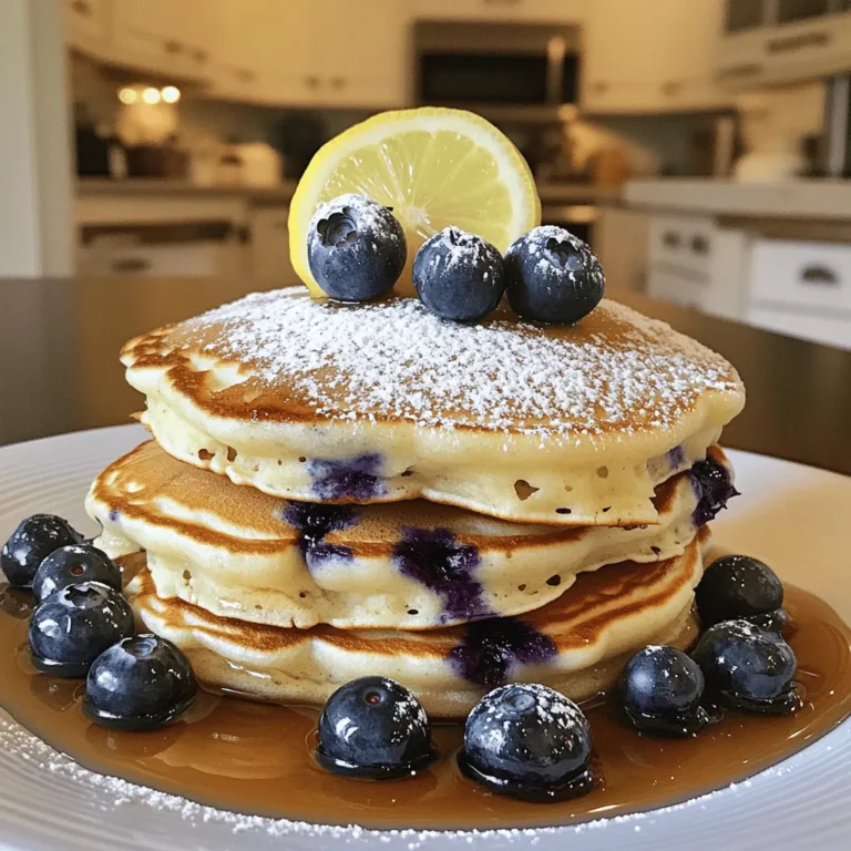 To make delicious Lemon Blueberry Ricotta Pancakes, you need the following ingredients: - 1 cup ricotta cheese - 1 cup all-purpose flour - 1/2 cup buttermilk - 2 large eggs - 1/4 cup granulated sugar - Zest of 1 lemon - 2 tablespoons lemon juice - 1 teaspoon baking powder - 1/2 teaspoon baking soda - 1/4 teaspoon salt - 1 cup fresh blueberries - Maple syrup (for serving) - Powdered sugar (for dusting, optional) These ingredients work together to create a light and fluffy pancake. Ricotta cheese adds creaminess. The lemon zest and juice give a fresh taste. Blueberries burst with flavor. You can easily find all these items at your local store. If you want to make it extra special, add a sprinkle of powdered sugar on top. Enjoy your cooking! Mixing Ricotta and Wet Ingredients Start by taking a medium bowl. Add 1 cup of ricotta cheese, 1/2 cup of buttermilk, 2 large eggs, and 1/4 cup of granulated sugar. Whisk these together until the mixture is smooth. You want a creamy texture here, as it makes the pancakes soft. Incorporating Lemon Zest and Juice Next, zest one lemon and add that zest to the bowl. Then, squeeze in 2 tablespoons of lemon juice. This adds a bright flavor. Mix until everything is well combined. Sifting Flour and Leavening Agents In a separate bowl, sift together 1 cup of all-purpose flour, 1 teaspoon of baking powder, 1/2 teaspoon of baking soda, and 1/4 teaspoon of salt. Sifting helps make the pancakes fluffy and light. Combining Dry Ingredients Once sifted, gently stir these dry ingredients together. This is important because it ensures an even rise when you cook the pancakes. Combining Wet and Dry Mixtures Now, slowly add the dry mixture to the wet mixture. Stir gently until just combined. Remember, a few lumps are okay! Overmixing can make the pancakes tough. Folding in Blueberries Carefully fold in 1 cup of fresh blueberries. Use a spatula and take your time. You don’t want to crush the berries; they should stay whole. Cooking Instructions Heat a non-stick skillet over medium heat. Lightly grease it with cooking spray or a little butter. Pour about 1/4 cup of batter for each pancake. Cook them until bubbles appear on the surface, about 2-3 minutes. Flip them and cook for another 2-3 minutes until golden brown. Repeat until all the batter is used. Serve these warm, and don’t forget the maple syrup! - Tips for Cooking Pancakes Perfectly Always start with a hot skillet. A medium heat works best. Use a non-stick pan for easy flipping. Pour about 1/4 cup of batter for each pancake. Wait until bubbles form on top. This shows they are ready to flip. Cook until golden brown on both sides. - Heat Adjustment Tips If pancakes brown too quickly, lower the heat. If they take too long to cook, increase the heat. Adjust as needed to get that perfect golden color. - Avoiding Overmixing Mix the wet and dry ingredients until just combined. A few lumps are fine. Overmixing makes pancakes tough and chewy. - Ideal Consistency of Batter The batter should be thick but pourable. If it's too runny, add a bit more flour. If too thick, add a splash of buttermilk. - Presentation Ideas Stack pancakes high on a plate. Add extra blueberries and a lemon slice on top. A dusting of powdered sugar makes it look fancy. - Serving Temperature and Pairings Serve pancakes warm for the best taste. Maple syrup is classic, but you can try honey or yogurt. Fresh berries on the side add flavor and color. {{image_2}} You can make lemon blueberry ricotta pancakes even more fun with flavor twists. - Adding Spices: Try adding a pinch of cinnamon or nutmeg. These spices give a warm flavor that pairs well with blueberries. - Using Different Fruits: You can swap blueberries for raspberries or strawberries. Each fruit brings a new taste and color to your pancakes. If you have special diet needs, you can still enjoy these pancakes. - Gluten-Free Substitutions: Use gluten-free flour instead of all-purpose flour. This keeps the same great taste without gluten. - Vegan Alternatives: Replace ricotta with almond or soy yogurt. Use flax eggs instead of chicken eggs. This makes a delicious vegan version of the pancakes. You may have some pancakes left after breakfast. Storing them well keeps them fresh. - Refrigeration Guidelines: Place pancakes on a plate. Cover them with plastic wrap or foil. Store in the fridge for up to 3 days. This keeps them moist and tasty. - Freezing Instructions: For longer storage, freeze pancakes. Let them cool completely. Stack them with parchment paper between each pancake. Place in a zip-top bag. They can freeze for up to 2 months. When ready to eat, just take out what you need. When you're ready to enjoy those pancakes again, reheating is easy. - Best Methods to Reheat Pancakes: Use the microwave for quick reheating. Place 1 or 2 pancakes on a plate and cover with a damp paper towel. Heat for about 20-30 seconds. Another option is using a skillet. Heat it over low heat. Add pancakes and warm for about 1-2 minutes on each side. This keeps them fluffy and delicious. Can I make the batter ahead of time? Yes, you can prepare the batter a few hours in advance. Store it in the fridge until you are ready to cook. Just give it a gentle stir before using. What can I substitute for buttermilk? You can use regular milk with a bit of lemon juice or vinegar added. Just mix 1/2 tablespoon of lemon juice or vinegar with 1/2 cup of milk. Let it sit for five minutes. How do I store and reheat pancakes? Store leftover pancakes in an airtight container in the fridge for up to three days. To reheat, use a microwave or a skillet until warm. Pancakes are too dense, what went wrong? If your pancakes are dense, you might have overmixed the batter. Mix until just combined. Overmixing makes them tough. Also, check if your baking powder is fresh. How to prevent blueberries from sinking? To keep blueberries from sinking, toss them in a bit of flour before adding them to the batter. This helps them stay suspended while cooking. These pancakes blend rich ricotta and fresh blueberries for a tasty treat. I shared key ingredients, steps, and clever tips to make them perfect. Experiment with flavors or adjust for dietary needs, like gluten-free or vegan. Remember, leftovers store well and can be reheated easily. Enjoy your delicious pancakes and share them with others. Happy cooking!