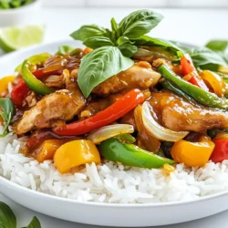 - 1 lb boneless, skinless chicken thighs, thinly sliced - 2 tablespoons vegetable oil - 4 cloves garlic, minced - 2-3 Thai bird's eye chilies, finely chopped - 2 tablespoons soy sauce - 1 tablespoon oyster sauce - 1 tablespoon fish sauce - 1 teaspoon sugar - 1 cup fresh Thai basil leaves - 1 bell pepper, sliced (red or green) - 1 small onion, thinly sliced - Cooked jasmine rice, for serving For this dish, I use chicken thighs because they stay juicy. The sauces add rich flavors. The garlic and chilies bring heat and aroma. Fresh Thai basil adds a unique taste. I love how bell peppers and onions add crunch and color. - Additional vegetables for variations: broccoli, snap peas, or carrots - Serving suggestions: lime wedges and extra basil for garnish You can mix in more veggies for fun. Broccoli or snap peas work great. Serve with lime wedges for a zesty twist. Extra basil on top makes it look fancy and fresh. - Marinate the chicken: First, take 1 pound of boneless, skinless chicken thighs and slice them thin. In a bowl, mix the chicken with 2 tablespoons of soy sauce, 1 tablespoon of oyster sauce, 1 tablespoon of fish sauce, and 1 teaspoon of sugar. Let the chicken sit for at least 15 minutes. This adds flavor and keeps the meat tender. - Prepare aromatics and vegetables: While the chicken marinates, chop 4 cloves of garlic and 2-3 Thai bird's eye chilies. Slice 1 bell pepper and 1 small onion. These will enhance the dish's taste and aroma. - Heat oil and sauté aromatics: In a large skillet or wok, heat 2 tablespoons of vegetable oil over medium-high heat until hot. Add the minced garlic and chopped chilies. Stir-fry for about 30 seconds until they smell great. This step builds the dish's flavor base. - Cook marinated chicken: Now, increase the heat to high. Add the marinated chicken to the skillet. Stir-fry for 5-7 minutes until the chicken is fully cooked and starts to brown nicely. This gives the dish a great texture. - Add vegetables and finish with basil: Toss in the sliced bell pepper and onion. Stir everything together and cook for another 2-3 minutes. The veggies should be tender but still crisp. Finally, take the skillet off the heat and fold in 1 cup of fresh Thai basil leaves. They add a fresh, fragrant finish to your dish. Serve this delicious Thai basil chicken over jasmine rice. Enjoy your meal! - Best practices for stir-frying: Use a hot skillet or wok. This helps your food cook fast. Keep stirring to avoid burning. Always add ingredients in the right order. Start with aromatics, then add protein, and finish with veggies. - Tips for achieving the perfect sauce consistency: The sauce should be thick but not sticky. You can mix corn starch with water to thicken it if needed. Let the sauce simmer briefly to combine flavors. - Secrets to replicate restaurant flavors: Use fresh Thai basil; it adds a unique taste. Adding fish sauce gives a salty depth. Adjust sugar to balance the flavors. This helps in getting that authentic taste. - Substitutions for ingredients: If you can't find Thai bird's eye chilies, try jalapeños or serranos for heat. Soy sauce can be swapped with tamari for a gluten-free option. You can use any bell pepper color for a pop of color. {{image_2}} You can adjust the heat in your Thai basil chicken. If you like it mild, use only one chili. For more heat, add more bird's eye chilies. You can also remove the seeds for less spice. A dash of chili flakes works well, too. Experiment until you find your perfect heat level. If you want a twist, try other proteins. Tofu is a great choice for a vegetarian meal. Just press and cube it before cooking. Shrimp can also work well and cooks faster than chicken. You can even mix proteins, like chicken and shrimp, for extra flavor. Feel free to mix in different vegetables. Seasonal veggies like zucchini or carrots add color and crunch. You can also use snap peas or bok choy for a fresh taste. Just remember to cut them thin for even cooking. Add them in the last few minutes for a nice, crisp bite. You can freeze Thai basil chicken for up to three months. First, cool the chicken completely. Then, place it in an airtight container or freezer bag. Seal it tightly to prevent freezer burn. Label the bag with the date. When you’re ready to enjoy it, simply thaw it in the fridge overnight. To reheat, use a skillet over medium heat. Add a splash of water or broth to keep it moist. Stir frequently until hot. You can also use the microwave. Place the chicken in a microwave-safe dish. Cover it with a damp paper towel. Heat in short bursts, stirring in between, until warmed through. This keeps the flavors bright and the texture tender. To make Thai basil chicken less spicy, leave out the chilies. You can also use fewer chilies or swap them for bell peppers. If you like, try adding a bit of sugar to balance the heat. This way, you keep the great taste without the burn. Yes, you can use regular basil if you can't find Thai basil. However, the flavor will change a bit. Thai basil has a sweet, anise-like taste, while regular basil is milder. The dish will still be tasty, but it won't have that unique Thai flavor. - Cooked jasmine rice is a great choice. - Serve with stir-fried vegetables. - Try a side of steamed broccoli or green beans. - You can also add a fresh cucumber salad. - For a twist, serve with fried rice or noodles. Pairing these sides makes your meal even better! In this article, we explored the key ingredients for Thai basil chicken, focusing on chicken, sauces, and vegetables. I shared detailed preparation steps and cooking techniques to achieve authentic flavors. We also discussed variations, like spice levels and protein swaps, plus storage tips for leftovers. In the end, making Thai basil chicken is simple, tasty, and versatile. You can enjoy it many ways. Now you have the knowledge to create a delightful dish at home. Don't hesitate to experiment!