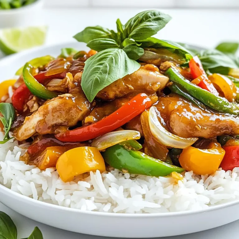 - 1 lb boneless, skinless chicken thighs, thinly sliced - 2 tablespoons vegetable oil - 4 cloves garlic, minced - 2-3 Thai bird's eye chilies, finely chopped - 2 tablespoons soy sauce - 1 tablespoon oyster sauce - 1 tablespoon fish sauce - 1 teaspoon sugar - 1 cup fresh Thai basil leaves - 1 bell pepper, sliced (red or green) - 1 small onion, thinly sliced - Cooked jasmine rice, for serving For this dish, I use chicken thighs because they stay juicy. The sauces add rich flavors. The garlic and chilies bring heat and aroma. Fresh Thai basil adds a unique taste. I love how bell peppers and onions add crunch and color. - Additional vegetables for variations: broccoli, snap peas, or carrots - Serving suggestions: lime wedges and extra basil for garnish You can mix in more veggies for fun. Broccoli or snap peas work great. Serve with lime wedges for a zesty twist. Extra basil on top makes it look fancy and fresh. - Marinate the chicken: First, take 1 pound of boneless, skinless chicken thighs and slice them thin. In a bowl, mix the chicken with 2 tablespoons of soy sauce, 1 tablespoon of oyster sauce, 1 tablespoon of fish sauce, and 1 teaspoon of sugar. Let the chicken sit for at least 15 minutes. This adds flavor and keeps the meat tender. - Prepare aromatics and vegetables: While the chicken marinates, chop 4 cloves of garlic and 2-3 Thai bird's eye chilies. Slice 1 bell pepper and 1 small onion. These will enhance the dish's taste and aroma. - Heat oil and sauté aromatics: In a large skillet or wok, heat 2 tablespoons of vegetable oil over medium-high heat until hot. Add the minced garlic and chopped chilies. Stir-fry for about 30 seconds until they smell great. This step builds the dish's flavor base. - Cook marinated chicken: Now, increase the heat to high. Add the marinated chicken to the skillet. Stir-fry for 5-7 minutes until the chicken is fully cooked and starts to brown nicely. This gives the dish a great texture. - Add vegetables and finish with basil: Toss in the sliced bell pepper and onion. Stir everything together and cook for another 2-3 minutes. The veggies should be tender but still crisp. Finally, take the skillet off the heat and fold in 1 cup of fresh Thai basil leaves. They add a fresh, fragrant finish to your dish. Serve this delicious Thai basil chicken over jasmine rice. Enjoy your meal! - Best practices for stir-frying: Use a hot skillet or wok. This helps your food cook fast. Keep stirring to avoid burning. Always add ingredients in the right order. Start with aromatics, then add protein, and finish with veggies. - Tips for achieving the perfect sauce consistency: The sauce should be thick but not sticky. You can mix corn starch with water to thicken it if needed. Let the sauce simmer briefly to combine flavors. - Secrets to replicate restaurant flavors: Use fresh Thai basil; it adds a unique taste. Adding fish sauce gives a salty depth. Adjust sugar to balance the flavors. This helps in getting that authentic taste. - Substitutions for ingredients: If you can't find Thai bird's eye chilies, try jalapeños or serranos for heat. Soy sauce can be swapped with tamari for a gluten-free option. You can use any bell pepper color for a pop of color. {{image_2}} You can adjust the heat in your Thai basil chicken. If you like it mild, use only one chili. For more heat, add more bird's eye chilies. You can also remove the seeds for less spice. A dash of chili flakes works well, too. Experiment until you find your perfect heat level. If you want a twist, try other proteins. Tofu is a great choice for a vegetarian meal. Just press and cube it before cooking. Shrimp can also work well and cooks faster than chicken. You can even mix proteins, like chicken and shrimp, for extra flavor. Feel free to mix in different vegetables. Seasonal veggies like zucchini or carrots add color and crunch. You can also use snap peas or bok choy for a fresh taste. Just remember to cut them thin for even cooking. Add them in the last few minutes for a nice, crisp bite. You can freeze Thai basil chicken for up to three months. First, cool the chicken completely. Then, place it in an airtight container or freezer bag. Seal it tightly to prevent freezer burn. Label the bag with the date. When you’re ready to enjoy it, simply thaw it in the fridge overnight. To reheat, use a skillet over medium heat. Add a splash of water or broth to keep it moist. Stir frequently until hot. You can also use the microwave. Place the chicken in a microwave-safe dish. Cover it with a damp paper towel. Heat in short bursts, stirring in between, until warmed through. This keeps the flavors bright and the texture tender. To make Thai basil chicken less spicy, leave out the chilies. You can also use fewer chilies or swap them for bell peppers. If you like, try adding a bit of sugar to balance the heat. This way, you keep the great taste without the burn. Yes, you can use regular basil if you can't find Thai basil. However, the flavor will change a bit. Thai basil has a sweet, anise-like taste, while regular basil is milder. The dish will still be tasty, but it won't have that unique Thai flavor. - Cooked jasmine rice is a great choice. - Serve with stir-fried vegetables. - Try a side of steamed broccoli or green beans. - You can also add a fresh cucumber salad. - For a twist, serve with fried rice or noodles. Pairing these sides makes your meal even better! In this article, we explored the key ingredients for Thai basil chicken, focusing on chicken, sauces, and vegetables. I shared detailed preparation steps and cooking techniques to achieve authentic flavors. We also discussed variations, like spice levels and protein swaps, plus storage tips for leftovers. In the end, making Thai basil chicken is simple, tasty, and versatile. You can enjoy it many ways. Now you have the knowledge to create a delightful dish at home. Don't hesitate to experiment!