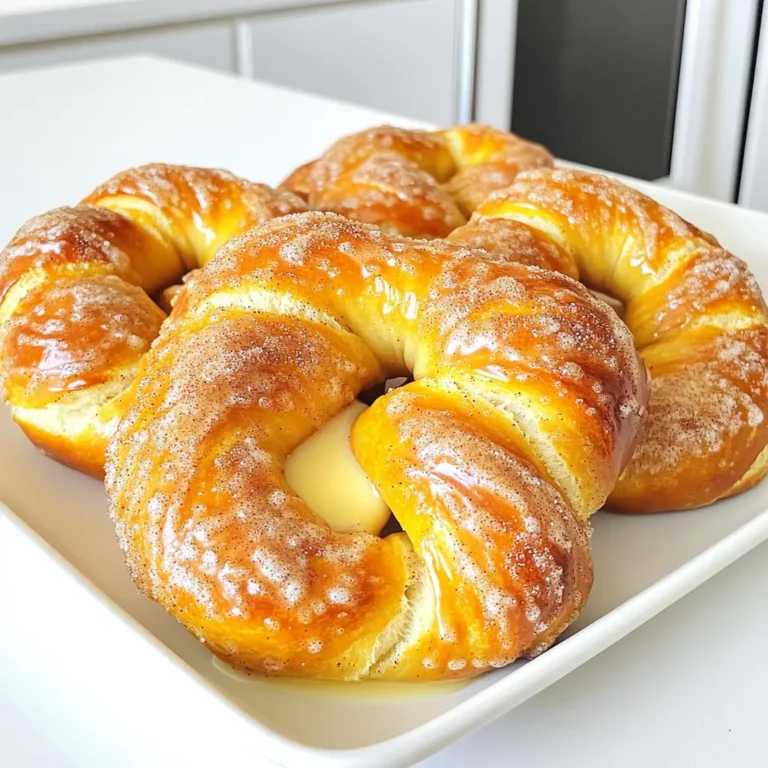 - 2 ¼ cups all-purpose flour - 1 packet (2 ¼ tsp) instant yeast - 1 tsp salt - ¾ cup warm water (about 110°F/43°C) - 2 tbsp granulated sugar - 2 tbsp unsalted butter, melted - ½ cup baking soda - 1 cup water (for boiling) - ½ cup granulated sugar (for cinnamon sugar) - 2 tsp ground cinnamon - Extra melted butter for brushing When making cinnamon sugar pretzels, each ingredient plays a vital role. The all-purpose flour gives the dough its body. Instant yeast helps it rise quickly, making your prep time shorter. Salt enhances flavor and brings balance. Warm water activates the yeast, ensuring a good rise. Granulated sugar adds sweetness to the dough, while melted butter gives it a rich taste. Baking soda is essential for that classic pretzel texture. When you boil the pretzels in the baking soda water, it creates that chewy crust. The cinnamon and sugar mixture adds a sweet topping, making each bite irresistible. Lastly, brushing with extra melted butter before baking ensures the pretzels are shiny and delicious. This recipe combines these ingredients to create a soft, sweet, and chewy treat that rivals your favorite bakery. Start by grabbing a mixing bowl. In it, combine ¾ cup of warm water, 2 tablespoons of sugar, and 1 packet of instant yeast. Make sure the water is around 110°F, which feels warm but not hot. Let this mix sit for about 5 minutes. You want it to foam nicely. This step shows the yeast is alive and ready to work. Next, take another bowl and mix 2 ¼ cups of all-purpose flour with 1 teaspoon of salt. Stir these together well. Slowly add the yeast mixture along with 2 tablespoons of melted butter. Use a spoon to mix until it forms a soft dough. Then, turn the dough out onto a floured surface. Knead it for about 5 to 7 minutes. You want the dough to become smooth and elastic, which means you're getting it just right. Now that your dough has risen, punch it down gently to release air. Divide it into 8 equal pieces. Roll each piece into a long rope, about 20 inches long. Twist each rope into a pretzel shape. Next, boil 1 cup of water in a large pot, adding ½ cup of baking soda carefully. The mixture will bubble up, so be cautious! Place each pretzel into the boiling solution for about 30 seconds. After that, remove them with a slotted spoon and place them on a lined baking sheet. Preheat your oven to 425°F. In a small bowl, mix ½ cup of granulated sugar with 2 teaspoons of ground cinnamon. Brush each pretzel with melted butter and sprinkle the cinnamon sugar mix generously over them. Bake for 10 to 12 minutes until they turn golden brown. Enjoy your warm, sweet treats! To make great pretzels, you need the right dough texture. The dough should be smooth and elastic. This means you have kneaded it enough. If it's sticky, knead a bit longer. Look for a dough that springs back when you poke it. For rising, keep your dough in a warm spot. A cozy kitchen or near a window works well. Cover it with a towel to keep it warm. It should double in size in about an hour. Want to spice things up? You can add a pinch of nutmeg or some vanilla to the dough. Try coarse sea salt on top for an extra crunch. Remember, brushing with melted butter is key. It helps the cinnamon sugar stick and adds rich flavor. If you need to swap out ingredients, it's easy. For flour, you can use whole wheat flour or gluten-free options. Use coconut sugar instead of granulated sugar for a healthier touch. For a vegan version, replace the butter with coconut oil. You can also skip the egg wash. The pretzels will still taste great! {{image_2}} You can get creative with your pretzel flavors. Try chocolate chip cinnamon sugar pretzels for a sweet twist. Just mix in some mini chocolate chips before shaping the dough. The warm pretzels will melt the chips slightly, giving you a gooey treat. Another fun option is apple pie cinnamon sugar pretzels. Add chopped apples and a sprinkle of nutmeg to the dough. This will give your pretzels a taste of fall, perfect for cozy evenings. If you prefer savory snacks, try garlic and herb pretzels. Mix minced garlic and your favorite herbs into the dough. This adds a nice flavor without losing the classic pretzel taste. You can also brush them with olive oil for extra richness. Cheese-stuffed pretzels are another tasty choice. Roll out the dough and place small chunks of cheese inside before shaping. Seal the edges well to keep the cheese from leaking. These cheesy bites will melt in your mouth. Seasonal flavors can add fun to your baking. For fall, make pumpkin spice pretzels. Add pumpkin puree and spices like cinnamon and nutmeg to the dough. This will give you a cozy snack that pairs well with hot cider. During the holidays, you can make themed pretzel shapes. Use cookie cutters to create stars, trees, or hearts. Decorate them with colored sugar or sprinkles for a festive touch. These shapes make great treats for parties or gifts. To keep your cinnamon sugar pretzels fresh for a few days, follow these tips. First, let the pretzels cool completely after baking. Once cool, wrap them in plastic wrap or place them in an airtight container. This helps keep them soft and tasty. Avoid stacking them too tightly, as this can cause them to become soggy. You can freeze baked pretzels for up to three months. To freeze, let them cool and then wrap each pretzel in plastic wrap. Place the wrapped pretzels in a freezer bag to prevent freezer burn. When you're ready to enjoy them, remove the pretzels from the freezer. Thaw them in the fridge overnight, or at room temperature for about one hour. Reheat them in a 350°F (175°C) oven for 5-7 minutes for a warm, soft treat. Cinnamon sugar pretzels last at room temperature for about 3-5 days. Keep them in a cool, dry place, away from sunlight. Check for signs of spoilage, like a hard texture or off smell, before eating. If they start to feel stale, they are best used in a bread pudding or as a topping for ice cream. Yes, you can use active dry yeast. But you must make a few changes. First, you need to proof the yeast. To do this, combine it with warm water and sugar. Wait for about 5-10 minutes until it gets foamy. Then, mix it into your dough as you would with instant yeast. This step helps the yeast activate properly. To make pretzels softer or chewier, consider these tips. Use bread flour instead of all-purpose flour. This flour has more protein, giving a better chew. Also, you can add a bit more water to the dough. Be sure to knead the dough well. This builds gluten and improves texture. Lastly, do not overbake them. Keep an eye on the time to maintain softness. Warming leftover pretzels can be easy. You have a couple of good methods. First, you can use the oven. Preheat it to 350°F (175°C). Place the pretzels on a baking sheet and heat for about 5-7 minutes. They will get warm and stay soft. Alternatively, you can use the microwave. Place them on a microwave-safe plate with a glass of water. Heat for 10-15 seconds. This keeps them moist while warming. Making pretzels is fun and rewarding. You learned the key ingredients, from flour and yeast to sugar and butter. I walked you through step-by-step instructions to make the softest pretzels. We discussed tips for perfect dough, tasty variations, and storage methods. By exploring flavors and shapes, you can customize each batch. With these skills, you can impress friends and family. Enjoy making and sharing your delicious pretzels!