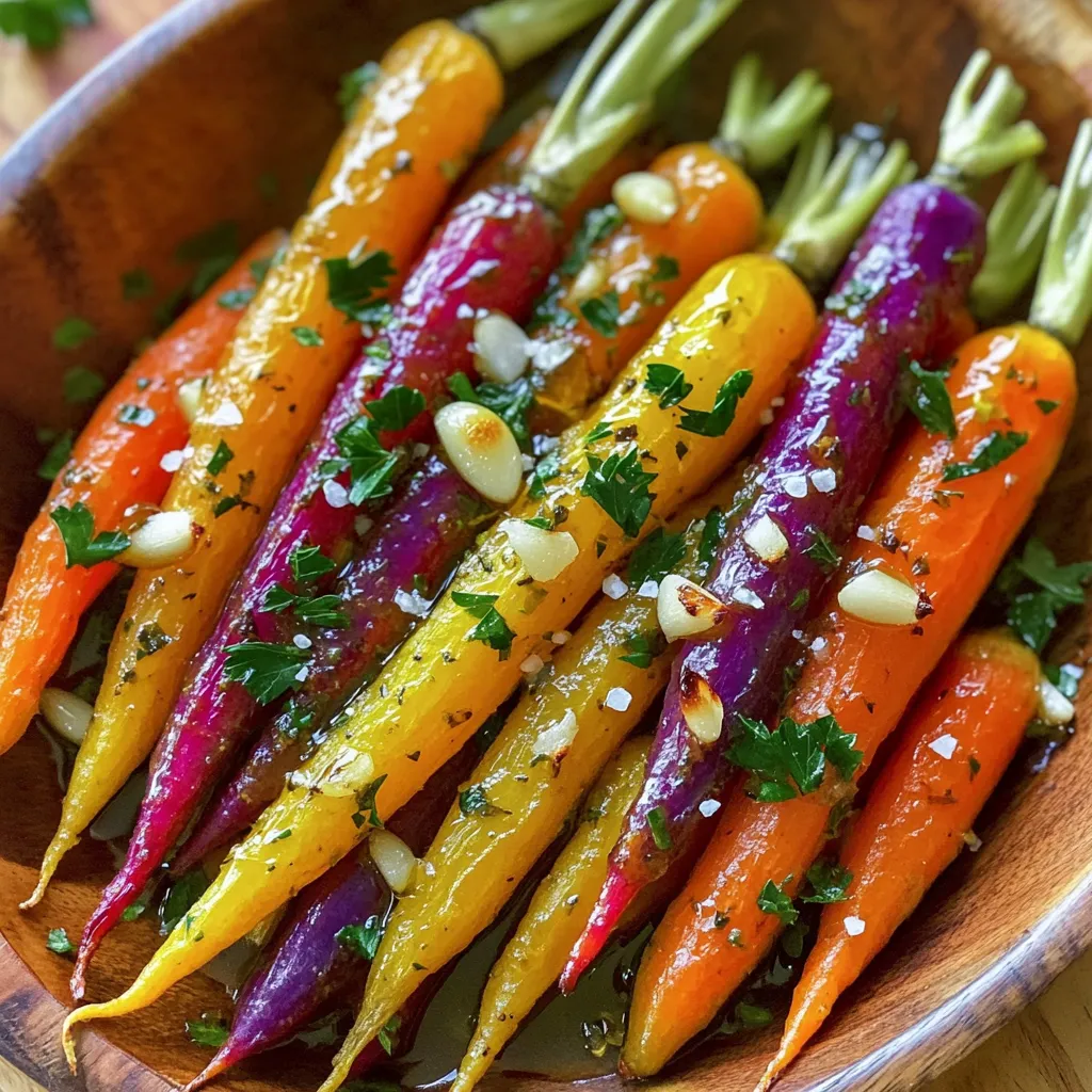 The right ingredients make all the difference in Garlic Herb Roasted Rainbow Carrots. Here's what you'll need: - 1 lb rainbow carrots (baby or cut into sticks if large) - 3 tablespoons olive oil - 4 cloves garlic, minced - 2 teaspoons fresh thyme, chopped (or 1 teaspoon dried thyme) - 2 teaspoons fresh rosemary, chopped (or 1 teaspoon dried rosemary) - Salt and pepper to taste - 1 tablespoon honey (optional, for sweetness) - Zest of 1 lemon - 1 tablespoon fresh parsley, chopped (for garnish) These ingredients create a bright and tasty dish. The rainbow carrots bring color and sweetness. Garlic and herbs add depth to the flavor. Olive oil helps everything roast nicely. Honey gives a touch of sweetness, balancing the herbs. Fresh parsley on top makes it look great. When you gather these ingredients, think about freshness. Fresh herbs make a big difference. If you can, choose organic carrots. They often taste better. Also, try to pick carrots of different colors. This adds a fun twist to your meal. With these ingredients, you’re ready to create a vibrant and healthy dish. Let's get cooking! Set your oven to 425°F (220°C). This high heat helps the carrots roast well. Wash the rainbow carrots thoroughly. You can peel them if you like. I often keep the skins on for color. If your carrots are large, cut them into sticks or halves. This ensures they cook evenly. In a large bowl, combine these ingredients: - 3 tablespoons olive oil - 4 cloves garlic, minced - 2 teaspoons fresh thyme, chopped (or 1 teaspoon dried thyme) - 2 teaspoons fresh rosemary, chopped (or 1 teaspoon dried rosemary) - Salt and pepper to taste - 1 tablespoon honey (optional, for sweetness) - Zest of 1 lemon Mix all these items together. You will create a fragrant marinade that lifts the flavor. Add the prepared carrots to the bowl. Toss the carrots gently. Make sure they are evenly coated with the herb and garlic mixture. Spread the carrots out in a single layer on a baking sheet lined with parchment paper. This makes for easy cleanup. Roast the carrots for 25-30 minutes. Toss them halfway through to ensure even roasting. They should become tender and golden brown. Once done, take the carrots out of the oven. Let them cool for a few minutes. Then transfer them to a serving dish. Sprinkle with freshly chopped parsley for color and flavor. Enjoy the beautiful presentation! To get the best flavor and texture, choose carrots that are similar in size. This ensures that they cook evenly. If some are larger, cut them into sticks or halves. For perfect roasting, set your oven to 425°F (220°C). Roast the carrots for 25 to 30 minutes. Toss them halfway to help them brown evenly. Add more flavor by using herbs like dill or tarragon. A pinch of paprika or cumin can also brighten the dish. If you want sweetness, try different types of honey. You could also use maple syrup for a new twist. Adjust the amount based on your taste. For a stunning look, serve the carrots on a colorful platter or a rustic wooden board. Arrange them in a rainbow pattern to highlight their colors. Drizzle a bit of olive oil on top and sprinkle some sea salt before serving. This adds both flair and flavor to your dish. {{image_2}} You can change up the herbs in this recipe. Try using dill or tarragon for a fresh twist. Both add a unique flavor that pairs well with carrots. You can also add spices like paprika or cumin. Paprika gives a nice smoky taste, while cumin adds warmth. Experimenting with different herbs and spices can make this dish yours. Feel free to roast the rainbow carrots with other colorful veggies. Bell peppers, zucchini, or red onions can add more color and taste. If you can't find rainbow carrots, use regular carrots or parsnips instead. They will still taste great and look lovely on your plate. Mixing different vegetables can create a vibrant and tasty medley. If you want to adjust the sweetness, play with the honey. You can add more or less depending on your taste. Maple syrup is a great alternative if you want a different flavor. For a zesty kick, incorporate citrus like orange zest. This adds brightness and balances the sweetness. These simple changes can elevate your roasted carrots to a new level. To keep your garlic herb roasted rainbow carrots fresh, place them in the fridge. Use an airtight container to seal in the flavor. This method helps preserve the taste and texture. The carrots can last up to three days in the fridge. When you're ready to enjoy leftovers, there are a few great ways to reheat them. The oven is the best option. Preheat it to 350°F (175°C) and bake the carrots for about 10-15 minutes. This keeps them crispy and warm. You can also use a microwave, but they may lose some crunch. If using the microwave, heat in short bursts to keep them from getting mushy. If you want to save some carrots for later, freezing works well. Allow the cooked carrots to cool completely. Spread them out on a baking sheet and freeze for about an hour. After they are frozen, transfer them to a freezer-safe bag. This way, they won’t stick together. When you’re ready to eat them, thaw the carrots overnight in the fridge. Reheat them in the oven for the best results. Yes, you can use regular carrots. They taste good, too. Regular carrots are sweet and crunchy. Rainbow carrots add color and a bit of earthiness. Each type offers a unique flavor. If you use regular carrots, cut them into sticks like the rainbow ones. This helps them roast evenly. Look for a few signs. The carrots should be tender and slightly browned. You can poke them with a fork. If they slide off easily, they are done. Toss them halfway through roasting to help with even cooking. This ensures all sides turn golden and tasty. These carrots go well with many dishes. Try serving them with grilled chicken or fish. They also pair nicely with quinoa or rice. For a plant-based option, serve with lentils or chickpeas. The sweet flavors of the carrots balance well with savory proteins. Yes, you can make it vegan. Just skip the honey or replace it with maple syrup. This keeps the sweetness without using animal products. The rest of the recipe is already vegan-friendly. The herbs and garlic add lots of flavor, making it tasty. To avoid burning, cut the carrots into similar sizes. This helps them cook evenly. Spread them out on the baking sheet without crowding. If they touch, they may steam instead of roast. Toss them halfway through to check for even cooking and prevent charring. This blog detailed how to make delicious garlic herb roasted rainbow carrots. We covered ingredients, step-by-step instructions, and tips for great results. Roasting emphasizes the natural sweetness of the carrots and the fresh herbs add vibrant flavor. You can also try new herbs or pair these carrots with various dishes. Enjoy this dish as a colorful and healthy addition to any meal!