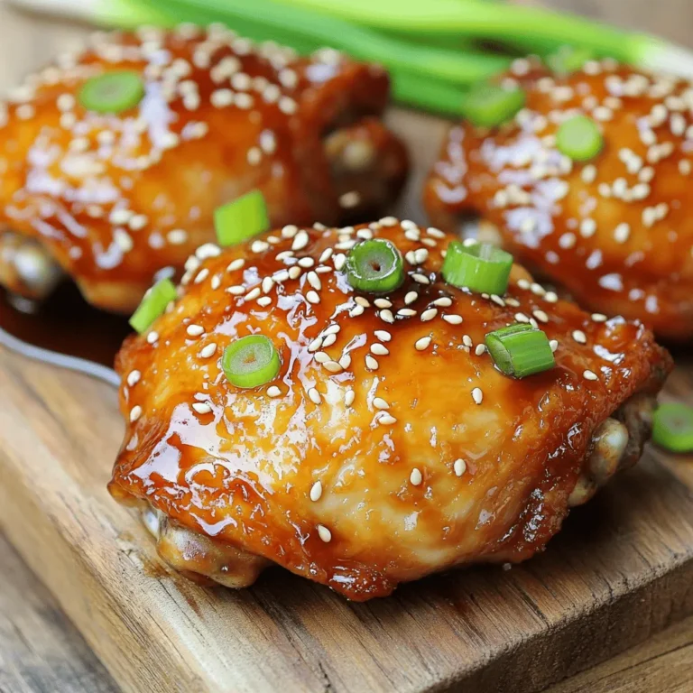 - Chicken thighs: Use 4 bone-in and skin-on thighs for juiciness. - Marinade components: Combine 1/4 cup low-sodium soy sauce, 2 tablespoons honey, and 2 tablespoons rice vinegar. - Aromatics: Add 2 cloves minced garlic and 1 tablespoon minced fresh ginger for flavor. - Other: Include 1 tablespoon sesame oil, 1 tablespoon cornstarch mixed with 1 tablespoon water, plus garnishes like 1 teaspoon sesame seeds and 2 sliced green onions. Each ingredient plays a key role in making the chicken tasty and tender. The bone-in thighs keep the meat juicy, while the marinade brings a sweet and savory flavor. The garlic and ginger add depth, and the sesame oil gives a nice finish. The cornstarch helps thicken the sauce, making it cling to the chicken when served. This mix of ingredients creates a delightful dish, perfect for any meal. To make the marinade, I start by whisking together the ingredients in a bowl. Combine 1/4 cup of low-sodium soy sauce, 2 tablespoons of honey, and 2 tablespoons of rice vinegar. Then, add 2 minced garlic cloves, 1 tablespoon of minced fresh ginger, and 1 tablespoon of sesame oil. Mix this until it is smooth and well combined. Next, I take 4 chicken thighs, which should be bone-in and skin-on for flavor. I place them in a large resealable bag. Pour the teriyaki marinade over the chicken. I make sure to seal the bag tightly and coat the chicken well. It's best to marinate the chicken in the fridge for at least 30 minutes. For more flavor, you can marinate it for up to 4 hours. I preheat my air fryer to 400°F (200°C) for about 5 minutes. This step helps the chicken cook evenly and get that nice crisp. Once preheated, I take the chicken out of the bag and let any extra marinade drip off. Then, I place the chicken thighs in the air fryer basket, skin-side down. I air fry them for 12 minutes. After the first 12 minutes, I flip the chicken thighs so the skin side is now up. I air fry them for another 10 minutes. The chicken is ready when it reaches an internal temperature of 165°F (75°C) and the skin looks crispy. While the chicken cooks, I use the reserved marinade. I pour it into a small saucepan and bring it to a boil over medium heat. Once it boils, I mix 1 tablespoon of cornstarch with 1 tablespoon of water in a small bowl. I stir this mixture into the boiling marinade and cook for 2-3 minutes until it thickens. After the chicken is done, I remove it from the air fryer. I let it rest for 5 minutes before serving. To serve, I drizzle the thickened teriyaki sauce over the chicken thighs. For garnish, I sprinkle sesame seeds and add thinly sliced green onions on top. This adds a nice touch and enhances the dish's look. - Use a large resealable bag for marinating. - Make sure the chicken is fully coated. - For the best flavor, marinate for 4 hours. - If short on time, 30 minutes is okay. - Preheat your air fryer to 400°F (200°C). - Cook for 12 minutes, then flip the chicken. - Cook for another 10 minutes until done. - Use a meat thermometer; aim for 165°F (75°C). - Pair with steamed rice or stir-fried veggies. - Garnish with sesame seeds and green onions. - Serve on a nice plate to impress guests. - Drizzle extra sauce for added flavor. {{image_2}} You can swap chicken thighs for chicken breasts. Chicken breasts cook faster and are leaner. They will still soak up that tasty teriyaki sauce. If you want to try other proteins, tofu and pork work great too. Tofu absorbs flavors well and adds a nice texture. Pork, like tenderloin, can be juicy and delicious with teriyaki sauce. Add a kick to your dish by mixing in some spices. Sriracha brings heat and depth. You can also play with different marinades. Try a spicy teriyaki with chili flakes or a pineapple teriyaki for a sweet twist. Each variation can change the whole vibe of your meal. If you need gluten-free options, use tamari instead of soy sauce. It tastes just like soy sauce but is gluten-free. For a low-sugar option, cut back on the honey. You can use a sugar substitute, or leave it out. The dish will still be flavorful, and you'll keep it healthy. You can store cooked teriyaki chicken in the fridge for up to 4 days. For best taste, place it in an airtight container. Make sure to cover it well to keep it fresh. To freeze cooked chicken, let it cool first. Wrap it tightly in plastic wrap, then place it in a freezer bag. It can last for 3 months in the freezer. When you're ready to eat, thaw it overnight in the fridge. Reheat it in the air fryer or oven until hot. Leftover teriyaki chicken is great in many dishes. Try adding it to salads for a protein boost. You can also make wraps with lettuce and your favorite veggies. It's a quick way to enjoy a tasty meal! Yes, you can use boneless chicken thighs. They will cook faster than bone-in thighs. Adjust the cooking time to about 10-12 minutes per side. Always check for doneness to ensure safety. The chicken is done when its internal temperature reaches 165°F (75°C). Use a meat thermometer to check. The juices should run clear, not pink, when you cut into the meat. Traditional teriyaki sauce contains soy sauce, which often has gluten. However, you can use gluten-free soy sauce or tamari. Always check labels to be sure. Yes, marinating overnight is great. It lets the flavors soak into the chicken. Just be careful not to marinate too long, as it can make the meat mushy. Teriyaki chicken pairs well with many sides. Here are some tasty options: - Steamed rice - Fried rice - Stir-fried vegetables - Asian slaw - Sautéed bok choy These sides complement the sweet and savory flavors of the chicken. In this blog post, we've explored how to make delicious air fryer teriyaki chicken. We covered essential ingredients like chicken thighs, marinade components, and garnishes. You learned step-by-step instructions for marinating, cooking, and presenting your dish. I also shared tips for optimal flavor and variations for different diets. In closing, this easy recipe offers tasty options for everyone. Enjoy experimenting and tailoring it to fit your taste. Happy cooking!