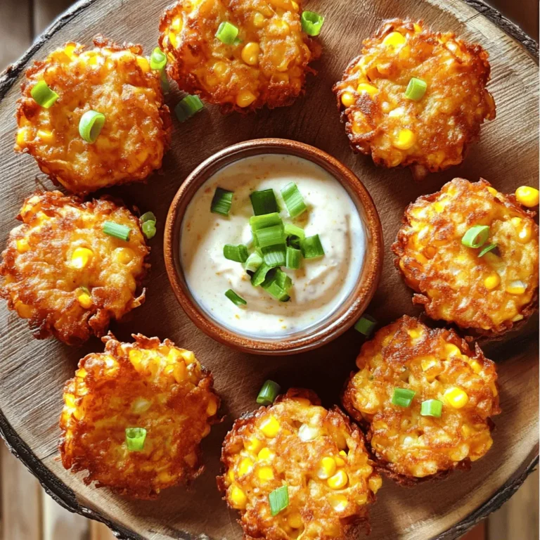 - 2 cups fresh corn kernels (about 3-4 ears of corn) - 1 cup shredded sharp cheddar cheese - 1 cup all-purpose flour - 1/2 cup cornmeal - 2 large eggs - 1/2 cup milk - 1/4 cup chopped green onions (scallions) - 1 teaspoon baking powder - 1/2 teaspoon garlic powder - 1/2 teaspoon paprika - Salt and pepper to taste - Vegetable oil for frying To make sweet corn cheddar fritters, you need fresh corn kernels. They give the fritters a sweet and juicy bite. I recommend using about 2 cups of corn. This usually comes from 3-4 ears of corn. You also need sharp cheddar cheese. The cheese adds a rich flavor that pairs well with corn. Next, we need flour and cornmeal. These help bind the fritters and give them a nice texture. You’ll need 1 cup of all-purpose flour and 1/2 cup of cornmeal. Eggs are also key to holding everything together. Use two large eggs for best results. Now, let’s talk about milk. You’ll add 1/2 cup of milk to keep the batter moist. Green onions add a fresh taste and color. You’ll need 1/4 cup, chopped. For flavor, we use baking powder, garlic powder, and paprika. The baking powder makes the fritters puff up. The garlic powder and paprika add a warm kick. You’ll need 1 teaspoon of baking powder and 1/2 teaspoon of each spice. Finally, don’t forget salt and pepper. They enhance all the flavors. To fry the fritters, you’ll need vegetable oil. The oil must be hot for crispy fritters. Use enough oil to cover the bottom of your skillet. This recipe is simple but full of flavor, making it perfect for any meal! 1. Mixing the dry and wet ingredients Start by gathering all your ingredients. In a large bowl, combine: - 2 cups fresh corn kernels - 1 cup shredded sharp cheddar cheese - 1/4 cup chopped green onions - 1 cup all-purpose flour - 1/2 cup cornmeal - 1 teaspoon baking powder - 1/2 teaspoon garlic powder - 1/2 teaspoon paprika - Salt and pepper to taste Mix these dry items well. In a separate bowl, whisk together: - 2 large eggs - 1/2 cup milk Once blended, add this egg mixture to the dry mix. Stir gently until just combined. It’s okay if there are a few lumps; don’t overmix! 2. Heating the oil for frying Next, heat about 1/4 inch of vegetable oil in a large skillet over medium heat. You want the oil hot but not smoking. A good test is to drop a small bit of batter into the oil. If it sizzles right away, you’re ready to fry. 3. Cooking the fritters to perfection Using a spoon or small ice cream scoop, drop spoonfuls of the batter into the hot oil. Flatten each fritter slightly with the back of the spoon. Cook them for about 3-4 minutes on each side. They should turn golden brown and crispy. When done, remove them using a slotted spoon and place them on a paper towel-lined plate to drain excess oil. Repeat with the remaining batter, adding more oil as needed. Serve hot, garnished with extra green onions or a dollop of sour cream if you like. Enjoy your crunchy, cheesy fritters! - Achieving the perfect fritter texture: Make sure to mix the wet and dry ingredients gently. You want a few lumps in the batter. This keeps the fritters light and fluffy. - Ensuring even cooking: Fry the fritters in small batches. This helps the oil stay hot. If you cook too many at once, they can steam instead of fry. - How to maintain oil temperature: Use a thermometer to check the oil. You want it around 350°F (175°C). If the oil is too cold, the fritters won’t get crispy. If too hot, they can burn quickly. - Best garnishes for presentation: Arrange the fritters in a circle on a platter. Sprinkle extra green onions on top for color. This looks nice and makes them more inviting. - Recommended dipping sauces: Try serving with sour cream or yogurt. You can also use a tangy salsa or a spicy aioli for added flavor. These dips pair well with the sweet corn. {{image_2}} You can change the cheese for a new taste. Try using Monterey Jack or Gouda. Both melt well and add a creamy texture. For a sharp bite, use pepper jack. It adds spice and flavor. If you need gluten-free options, use almond flour or corn flour. Both give a nice texture. Just remember to adjust the amount. Start with less and add more if needed. You can add spices for more kick. Try cumin or chili powder for a warm flavor. Fresh herbs like cilantro or parsley brighten the dish. Fold them into the batter for a fresh taste. Want to sneak in more veggies? Grate zucchini or carrots and mix them in. They add nutrients and moisture. You can also add bell peppers for a colorful crunch. Just keep the batter thick enough to hold. To keep your fritters fresh, store them in the fridge. Place them in an airtight container. This method helps maintain their taste and texture. They can last up to 3 days in the refrigerator. For longer storage, you can freeze them. To freeze fritters, let them cool completely first. Then, place them in a single layer on a baking sheet. Freeze them for about 1 hour. After they are firm, transfer them to a freezer bag. Squeeze out excess air before sealing. They can last up to 3 months in the freezer. To reheat fritters, the oven is the best choice. Preheat the oven to 375°F (190°C). Place the fritters on a baking sheet. Bake for about 10-15 minutes. This method keeps them crispy. If you prefer the skillet, heat a little oil over medium heat. Fry the fritters for about 2-3 minutes on each side. This method adds a nice crunch back to them. Enjoy your fritters hot and crispy! Yes, you can prepare the batter ahead of time. Just store it in the fridge for up to 24 hours. To test the oil, drop a small piece of batter in. If it sizzles and rises, the oil is ready. It should be about 350°F or 175°C. These fritters taste great with sour cream, yogurt, or a spicy dipping sauce. You can also add fresh herbs for extra flavor. Yes, you can freeze the cooked fritters. Place them in a single layer on a baking sheet. Once frozen, transfer them to a freezer bag. Yes, canned corn works well. Drain and rinse it before mixing into your batter. Fresh corn gives a sweeter taste, but canned is a great time-saver! In this post, we covered how to make delicious sweet corn cheddar fritters. We explored the key ingredients and detailed step-by-step instructions for perfect cooking. I shared tips for texture, even cooking, and how to present them right. You learned about variations and storage for leftovers. Making fritters can be fun and tasty. Remember, the best part is getting creative with flavors. Enjoy cooking and sharing with friends and family!