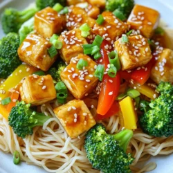 - 1 block firm tofu, drained and pressed - 200g rice noodles - 1 cup broccoli florets - 1 bell pepper, sliced - 2 green onions, chopped - 3 tablespoons teriyaki sauce - 1 tablespoon vegetable oil - 2 tablespoons cornstarch - 1 teaspoon sesame seeds - Salt and pepper to taste The main ingredients are key to this dish. Firm tofu gives a great texture. Rice noodles provide a nice base for the meal. Fresh vegetables like broccoli and bell pepper add color and crunch. For seasoning, teriyaki sauce brings a sweet and savory flavor. Vegetable oil helps to cook the tofu. Cornstarch is important for that crispy coating. You can enhance the dish with optional garnishes. Sesame seeds add a bit of crunch. Green onions give a fresh taste. Don’t forget salt and pepper to make the flavors pop! This combination of ingredients makes Minute Crispy Teriyaki Tofu Noodles tasty and fun to eat. First, cut the pressed tofu into bite-sized cubes. Make sure they are even. This helps them cook well. Next, take a bowl and add the cornstarch. Toss the tofu cubes in the cornstarch until they are fully coated. This will help the tofu become crispy. Now, heat the oil in a large skillet over medium-high heat. Wait until the oil is hot. Once ready, add the coated tofu cubes to the skillet. Cook the tofu for about 5 to 7 minutes. Turn them occasionally. You want them golden brown and crispy on all sides. While the tofu cooks, prepare the rice noodles. Follow the package instructions for cooking. When cooked, drain them and set aside. In the same skillet, add the broccoli and bell pepper. Sauté the vegetables for 3 to 4 minutes. They should be tender but still crisp. Add the cooked rice noodles to the skillet along with the teriyaki sauce. Stir everything well. Cook for another 1 to 2 minutes until everything is heated through. Finally, remove from heat and add chopped green onions, salt, and pepper to taste. Enjoy your meal! To get crispy tofu, start by pressing it well. Pressing removes extra water and helps the tofu get crispy. Use a clean kitchen towel or paper towel. Place the tofu in between and set something heavy on top. Let it sit for at least 15 minutes. For frying, use vegetable oil. It has a high smoke point and works well for frying. Other oils like canola or peanut oil are good too. Heat the oil until it shimmers. This ensures the tofu cooks evenly and gets that nice golden color. When sautéing vegetables, cut them evenly. This helps them cook at the same rate. Add them to the pan when the tofu is almost done. This way, they stay crisp and fresh. Timing matters when cooking the whole dish. Cook the tofu first, then the veggies. After that, add the rice noodles and sauce. This keeps everything hot and tasty. Aim to have the entire dish ready in about 25 minutes. {{image_2}} You can swap tofu for tempeh or chickpeas. Tempeh has a nutty taste and firm texture. It's packed with protein and great for a hearty meal. Chickpeas offer a softer bite and a unique flavor. Both options make this dish filling and nutritious. Feel free to use seasonal vegetables. Try snow peas, carrots, or zucchini. You can add or skip veggies based on your taste. This recipe is flexible, so mix and match what you have. The key is to keep it colorful and fresh for the best taste. If you want to make your teriyaki sauce, use soy sauce, honey, and ginger. This gives a homemade touch. For a kick, consider spicy sauce variations. Chili paste or sriracha can add heat. Adjust the spice level to fit your preferences. To keep your Minute Crispy Teriyaki Tofu Noodles fresh, store them in an airtight container. This helps prevent moisture loss. Place the container in the fridge. Use the leftovers within three days for the best taste. To reheat the crispy tofu noodles, use a skillet. Heat it over medium heat. Add a splash of water to create steam. Stir gently until everything is hot. This keeps the tofu crunchy while warming the noodles and veggies. You can freeze the cooked tofu noodles, but it's best to store them separately. For the tofu, first cool it down. Place it in a freezer-safe bag. For the noodles and veggies, do the same. Squeeze out the air to avoid freezer burn. When you're ready to eat, thaw the tofu and noodles in the fridge overnight. To prepare, sauté the tofu first until crispy. Then, add the thawed noodles and veggies to heat through. This method keeps the flavors fresh and tasty. This dish takes about 25 minutes total. You spend 10 minutes prepping and 15 minutes cooking. It’s quick and easy, perfect for busy days. Yes, you can! Use gluten-free rice noodles and check your teriyaki sauce. Look for brands that are labeled gluten-free. This way, you can enjoy a tasty meal without the gluten. This dish is quite healthy. It has around 400 calories per serving. You get a good amount of protein from the tofu. Plus, it offers vitamins from the veggies. Broccoli and bell peppers add fiber and nutrients to your meal. In this post, we explored how to make Minute Crispy Teriyaki Tofu Noodles. We covered key ingredients like firm tofu, rice noodles, and fresh veggies. You learned the best way to cook tofu for that crispy finish. Tips on storage and variations allow you to customize this dish. Remember, the joy of cooking is trying new things. Enjoy experimenting with different flavors and textures. Happy cooking!