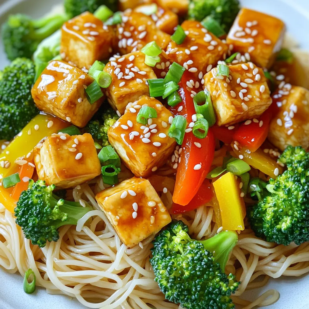 - 1 block firm tofu, drained and pressed - 200g rice noodles - 1 cup broccoli florets - 1 bell pepper, sliced - 2 green onions, chopped - 3 tablespoons teriyaki sauce - 1 tablespoon vegetable oil - 2 tablespoons cornstarch - 1 teaspoon sesame seeds - Salt and pepper to taste The main ingredients are key to this dish. Firm tofu gives a great texture. Rice noodles provide a nice base for the meal. Fresh vegetables like broccoli and bell pepper add color and crunch. For seasoning, teriyaki sauce brings a sweet and savory flavor. Vegetable oil helps to cook the tofu. Cornstarch is important for that crispy coating. You can enhance the dish with optional garnishes. Sesame seeds add a bit of crunch. Green onions give a fresh taste. Don’t forget salt and pepper to make the flavors pop! This combination of ingredients makes Minute Crispy Teriyaki Tofu Noodles tasty and fun to eat. First, cut the pressed tofu into bite-sized cubes. Make sure they are even. This helps them cook well. Next, take a bowl and add the cornstarch. Toss the tofu cubes in the cornstarch until they are fully coated. This will help the tofu become crispy. Now, heat the oil in a large skillet over medium-high heat. Wait until the oil is hot. Once ready, add the coated tofu cubes to the skillet. Cook the tofu for about 5 to 7 minutes. Turn them occasionally. You want them golden brown and crispy on all sides. While the tofu cooks, prepare the rice noodles. Follow the package instructions for cooking. When cooked, drain them and set aside. In the same skillet, add the broccoli and bell pepper. Sauté the vegetables for 3 to 4 minutes. They should be tender but still crisp. Add the cooked rice noodles to the skillet along with the teriyaki sauce. Stir everything well. Cook for another 1 to 2 minutes until everything is heated through. Finally, remove from heat and add chopped green onions, salt, and pepper to taste. Enjoy your meal! To get crispy tofu, start by pressing it well. Pressing removes extra water and helps the tofu get crispy. Use a clean kitchen towel or paper towel. Place the tofu in between and set something heavy on top. Let it sit for at least 15 minutes. For frying, use vegetable oil. It has a high smoke point and works well for frying. Other oils like canola or peanut oil are good too. Heat the oil until it shimmers. This ensures the tofu cooks evenly and gets that nice golden color. When sautéing vegetables, cut them evenly. This helps them cook at the same rate. Add them to the pan when the tofu is almost done. This way, they stay crisp and fresh. Timing matters when cooking the whole dish. Cook the tofu first, then the veggies. After that, add the rice noodles and sauce. This keeps everything hot and tasty. Aim to have the entire dish ready in about 25 minutes. {{image_2}} You can swap tofu for tempeh or chickpeas. Tempeh has a nutty taste and firm texture. It's packed with protein and great for a hearty meal. Chickpeas offer a softer bite and a unique flavor. Both options make this dish filling and nutritious. Feel free to use seasonal vegetables. Try snow peas, carrots, or zucchini. You can add or skip veggies based on your taste. This recipe is flexible, so mix and match what you have. The key is to keep it colorful and fresh for the best taste. If you want to make your teriyaki sauce, use soy sauce, honey, and ginger. This gives a homemade touch. For a kick, consider spicy sauce variations. Chili paste or sriracha can add heat. Adjust the spice level to fit your preferences. To keep your Minute Crispy Teriyaki Tofu Noodles fresh, store them in an airtight container. This helps prevent moisture loss. Place the container in the fridge. Use the leftovers within three days for the best taste. To reheat the crispy tofu noodles, use a skillet. Heat it over medium heat. Add a splash of water to create steam. Stir gently until everything is hot. This keeps the tofu crunchy while warming the noodles and veggies. You can freeze the cooked tofu noodles, but it's best to store them separately. For the tofu, first cool it down. Place it in a freezer-safe bag. For the noodles and veggies, do the same. Squeeze out the air to avoid freezer burn. When you're ready to eat, thaw the tofu and noodles in the fridge overnight. To prepare, sauté the tofu first until crispy. Then, add the thawed noodles and veggies to heat through. This method keeps the flavors fresh and tasty. This dish takes about 25 minutes total. You spend 10 minutes prepping and 15 minutes cooking. It’s quick and easy, perfect for busy days. Yes, you can! Use gluten-free rice noodles and check your teriyaki sauce. Look for brands that are labeled gluten-free. This way, you can enjoy a tasty meal without the gluten. This dish is quite healthy. It has around 400 calories per serving. You get a good amount of protein from the tofu. Plus, it offers vitamins from the veggies. Broccoli and bell peppers add fiber and nutrients to your meal. In this post, we explored how to make Minute Crispy Teriyaki Tofu Noodles. We covered key ingredients like firm tofu, rice noodles, and fresh veggies. You learned the best way to cook tofu for that crispy finish. Tips on storage and variations allow you to customize this dish. Remember, the joy of cooking is trying new things. Enjoy experimenting with different flavors and textures. Happy cooking!