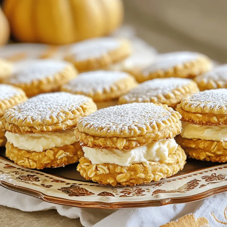 - 1 cup rolled oats - 1 cup all-purpose flour - 1/2 teaspoon baking soda - 1 teaspoon ground cinnamon - 1/2 teaspoon ground nutmeg - 1/4 teaspoon ginger powder - 1/4 teaspoon salt - 1/2 cup unsalted butter, softened - 1/2 cup brown sugar - 1/4 cup granulated sugar - 1 large egg - 1 teaspoon vanilla extract - 1/2 cup pumpkin puree - 1/2 cup cream cheese, softened - 1 cup powdered sugar - 1 teaspoon vanilla extract for cream filling When I make these pumpkin spice oatmeal cream pies, I start with the dry ingredients. The rolled oats give these cookies a chewy texture. The flour helps bind everything together. Baking soda helps them rise and stay soft. The spices like cinnamon, nutmeg, and ginger add warmth and flavor. Don't forget the salt; it balances the sweetness. Next, I move on to the wet ingredients. I cream the softened butter, brown sugar, and granulated sugar until it is light. This step adds air to the dough. Then, I mix in the egg and vanilla extract. The pumpkin puree adds moisture and flavor. It makes the pies extra special. For the cream filling, I use softened cream cheese. It gives a rich taste to the pies. I mix in powdered sugar and vanilla extract until the filling is smooth. This mixture is what makes these pies so tasty. The cream filling inside makes each bite creamy and sweet. These ingredients come together to create a treat that is cozy and perfect for fall. Make sure to gather everything before you start. You'll want to enjoy these pies warm and fresh! - Preheat your oven to 350°F (175°C) and line two baking sheets with parchment paper. - In a bowl, mix together the rolled oats, all-purpose flour, baking soda, cinnamon, nutmeg, ginger, and salt. Stir until everything is well combined. - In a large bowl, cream the softened butter, brown sugar, and granulated sugar together. Use a hand mixer and beat for about three to four minutes until light and fluffy. - Add the dry oat mixture to the wet ingredients. Mix until just combined. The dough will be thick and sticky. - Using a tablespoon or a cookie scoop, drop spoonfuls of dough onto the prepared baking sheets. Space them about two inches apart. Flatten each scoop slightly with your fingers. - Bake the cookies in the oven for 12 to 14 minutes. Look for golden edges, while the centers should still be soft. - Once baked, let the cookies cool on the sheets for five minutes. Then, transfer them to wire racks to cool completely. - While the cookies cool, prepare the cream filling. In a medium bowl, beat the softened cream cheese, powdered sugar, and vanilla extract until smooth and fluffy. - After the cookies have cooled, spread cream filling on the flat side of half the cookies. Then, top with the other half to make a sandwich. - Dough Consistency: The dough should be thick and sticky. Mix until just combined to keep cookies soft. - Cooling Time: Let cookies cool on the baking sheet for 5 minutes. This helps them set before moving to a wire rack. - Avoid Overbaking: Bake until edges are golden but centers stay soft. This keeps the cookies chewy. - Extra Spices: Add a pinch of cloves or allspice for more warmth. This can deepen the flavor profile. - High-Quality Pumpkin Puree: Use pure pumpkin puree, not pumpkin pie filling. This ensures a fresher taste. - Ingredient Swaps: Try using maple syrup instead of granulated sugar for a richer sweetness. - Plating Ideas: Arrange the cream pies on a colorful platter. They look great at gatherings. - Garnishing: Dust with cinnamon or powdered sugar. This gives a lovely finish and extra flavor. - Beverage Pairings: Serve with hot apple cider or a warm latte. The flavors complement each other perfectly. {{image_2}} You can change up your pumpkin spice oatmeal cream pies. Here are some tasty ideas: - Chocolate chip pumpkin oatmeal pies: Add 1 cup of chocolate chips to the dough. This sweet twist brings a rich flavor that pairs well with pumpkin. - Gluten-free option with almond flour: Swap the all-purpose flour for 1 cup of almond flour. This gives a nutty taste and keeps the pies soft. - Vegan substitutions for cream filling: Use a mix of vegan cream cheese and powdered sugar. This way, everyone can enjoy this treat without dairy. You can make these pies even more special with fun add-ins: - Incorporating dried fruits or nuts: Try adding 1/2 cup of raisins or chopped walnuts. It adds texture and flavor to each bite. - Adding chocolate drizzle for extra sweetness: Melt some chocolate and drizzle it over the tops of the pies. It’s a sweet touch that looks great. - Experimenting with different spices: Besides pumpkin spice, try adding cardamom or allspice. This can give your pies a unique twist and new depth of flavor. To keep your pumpkin spice oatmeal cream pies fresh at room temperature, place them in a single layer. Use a clean, dry plate or tray. Avoid stacking them right away; this can make them soggy. Once they cool, move them to an airtight container. This helps keep the cookies soft and the cream filling fresh. For long-term storage, you can freeze the cookies. First, let them cool completely. Then, wrap each pie in plastic wrap. Place the wrapped pies in a freezer-safe bag or container. When you want to enjoy them, take them out and let them thaw at room temperature. This keeps the pies tasty and ready to eat. These cream pies last about a week at room temperature. If you freeze them, they can last up to three months. Check for signs of spoilage, like a dry texture or off smell. If the cream filling looks separated or the cookies feel hard, it’s best to toss them. Enjoy your treats while they are fresh! To make these treats, follow these steps: 1. Preheat the oven to 350°F (175°C) and line two baking sheets with parchment paper. 2. Mix dry ingredients: In a bowl, combine 1 cup rolled oats, 1 cup flour, 1/2 teaspoon baking soda, 1 teaspoon cinnamon, 1/2 teaspoon nutmeg, 1/4 teaspoon ginger, and 1/4 teaspoon salt. Stir until blended. 3. Cream wet ingredients: In another bowl, beat 1/2 cup softened butter, 1/2 cup brown sugar, and 1/4 cup granulated sugar until fluffy. This takes about 3-4 minutes. 4. Add egg and pumpkin: Beat in 1 large egg and 1 teaspoon vanilla extract. Then, mix in 1/2 cup pumpkin puree until smooth. 5. Combine mixtures: Gradually add the dry oat mixture to the wet ingredients. Stir until just combined. The dough should be thick and sticky. 6. Scoop onto sheets: Use a tablespoon or cookie scoop to drop dough onto the baking sheets. Space them about 2 inches apart and flatten each slightly. 7. Bake: Place in the oven for 12-14 minutes. The edges should be golden and the centers soft. 8. Cool cookies: Let them cool on the sheets for 5 minutes. Then, transfer to wire racks to cool completely. 9. Make cream filling: Beat together 1/2 cup softened cream cheese, 1 cup powdered sugar, and 1 teaspoon vanilla extract until smooth and fluffy. 10. Assemble: Spread cream filling on half of the cookies and top with the other half to form sandwiches. Yes, you can make the cookies ahead of time. Here are some tips for storage: - Pre-baked cookies: Store them in an airtight container at room temperature for up to 5 days. - Unfilled cookies: Keep them separate from the cream filling to maintain freshness. - Freezing: You can freeze the cookies for up to 3 months. Just place them in a freezer-safe container. - Thawing: To enjoy, thaw at room temperature for a few hours before adding the filling. You can find pre-made Pumpkin Spice Oatmeal Cream Pies in several places: - Local bakeries: Check with nearby bakeries, especially during fall. - Grocery stores: Many supermarkets stock seasonal treats in the fall. - Online retailers: Websites like Amazon or specialty food sites may offer these cookies. - Farmers markets: Look for local vendors selling homemade versions. This article walked you through making Pumpkin Spice Oatmeal Cream Pies. We covered the key ingredients, preparation steps, and baking tips for the perfect treat. You learned about variations and storage methods to keep your pies fresh. Remember, these pies are not just tasty; they are fun to make. Enjoy experimenting with new flavors and ideas. Happy baking!