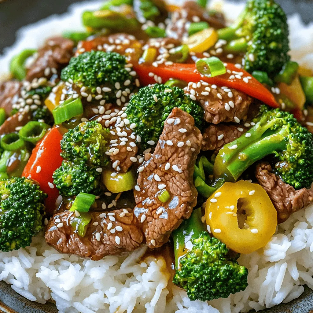 - 1 pound beef sirloin, thinly sliced against the grain - 2 cups broccoli florets - 1 red bell pepper, sliced - 3 cloves garlic, minced - 1 tablespoon fresh ginger, grated - 1/4 cup low-sodium soy sauce - 1 tablespoon oyster sauce (or a vegan alternative) - 1 tablespoon hoisin sauce - 2 tablespoons sesame oil - 1 tablespoon cornstarch - 1/4 cup beef broth (or vegetable broth) - Salt and pepper to taste - Cooked white or brown rice for serving - Sesame seeds and sliced green onions for garnish Each ingredient plays a key role in making this dish amazing. The beef sirloin adds rich flavor and protein. Broccoli florets bring color and crunch. The red bell pepper adds sweetness and a pop of color. Garlic and ginger give depth and warmth to the dish. The sauces are crucial too. Low-sodium soy sauce keeps it savory without too much salt. Oyster sauce adds a nice umami kick, while hoisin sauce brings sweetness. Sesame oil gives a nutty aroma that’s hard to resist. Don’t forget the cornstarch! It helps thicken the sauce for a glossy finish. The beef broth adds moisture and flavor. To serve, I like cooked rice. It soaks up the sauce nicely. Top it with sesame seeds and green onions for a fresh touch. These ingredients work together to create a simple, flavorful meal that you’ll love. To start, you need to marinate the beef. This adds flavor and tenderness. In a mixing bowl, combine these ingredients: - 1 pound beef sirloin, thinly sliced against the grain - 1/4 cup low-sodium soy sauce - 1 tablespoon oyster sauce - 1 tablespoon hoisin sauce - 1 tablespoon cornstarch - Black pepper to taste Toss everything well. Make sure each piece of beef is coated. Let the beef marinate for at least 15 minutes. If you have more time, let it sit longer. This helps the flavors soak in better. Next, it’s time to prepare the broccoli. Blanching helps keep the color bright and the texture crisp. Bring a pot of water to a boil. Add 2 cups of broccoli florets and blanch for 2 minutes. You want them vibrant green but still firm. After 2 minutes, drain the broccoli and set it aside. Now we’ll stir-fry the beef. Heat 1 tablespoon of sesame oil in a large skillet or wok over high heat. Add the marinated beef in a single layer. Cook for 2-3 minutes until browned. Remove the beef from the skillet and set it aside. In the same skillet, add another tablespoon of sesame oil. Now, sauté 3 cloves of minced garlic and 1 tablespoon of grated ginger. Stir-fry for about 2 minutes until fragrant. Then, add 1 sliced red bell pepper. Cook for another 2 minutes. Finally, it’s time to combine everything. Return the cooked beef to the skillet. Next, add the blanched broccoli. Pour in 1/4 cup of beef broth and stir well. Cook for another 2-3 minutes. This will heat everything through and thicken the sauce a bit. If needed, adjust the seasoning with salt and pepper. High heat stir-frying is key for this dish. It cooks the beef quickly and keeps it tender. Start by preheating your pan until it's very hot. This helps sear the beef and lock in juices. To prevent tough beef, slice it thinly against the grain. This makes each bite more tender. Marinating the beef for at least 15 minutes adds flavor and moisture. If you want vegan options, replace the oyster sauce with a mushroom-based sauce. This keeps the umami flavor but makes the dish plant-based. You can also try tamari for a gluten-free soy sauce. For other vegetable options, consider bell peppers, snap peas, or carrots. These add color and crunch to your stir-fry. You can mix and match based on what you have at home. To boost flavor, add extra spices like red pepper flakes or black pepper. A splash of rice vinegar adds a nice tang too. For garnishing ideas, sprinkle sesame seeds on top before serving. Chopped green onions also add freshness. You can even add crushed peanuts for a little crunch. {{image_2}} You can switch up the beef in your stir-fry. Chicken works well, too. Just slice it thinly, like the beef. Shrimp is another tasty choice. It cooks fast and adds a fresh flavor. If you want a plant-based option, try tofu. Press the tofu to remove excess water, then cut it into cubes. Stir-fry it until golden and crispy for a delightful crunch. If you need a gluten-free meal, you can still enjoy this dish. Use tamari instead of soy sauce. It has a similar taste but is gluten-free. Coconut aminos is another great option. It’s a bit sweeter and less salty, which can enhance the dish's flavor without gluten. Feel free to get creative with your veggies! Add mushrooms for an earthy touch. Snap peas bring a nice crunch, while carrots add sweetness. You can mix and match according to what you have on hand. Just remember to keep the cooking time in mind to ensure everything stays crisp and vibrant. To freeze leftovers, let the dish cool first. Then, place it in an airtight container or freezer bag. This helps keep the flavors fresh. Make sure to remove as much air as possible. Label the container with the date. You can freeze beef and broccoli stir fry for up to three months. When ready to eat, thaw it overnight in the fridge before reheating. For storing in the fridge, keep it in a sealed container. It stays fresh for about three days. When you reheat, use a pan over low heat. This helps to warm it evenly. You can also use a microwave, but cover it to keep moisture in. Add a splash of broth or water to prevent dryness. Using fresh ingredients gives the best taste. Fresh beef and broccoli last about 3-5 days in the fridge. If you use frozen broccoli, it can last much longer but may change the texture. Fresh beef has a shorter shelf life than frozen beef, which can last months. When using frozen ingredients, remember to thaw them first for even cooking. You can add chili peppers or hot sauce. For heat, use sliced fresh red chili peppers. If you like sauce, try sriracha or chili garlic sauce. Start with a small amount, then taste and adjust. This lets you control the spice level. Yes, you can prep before cooking. Chop the vegetables and slice the beef ahead. Store them in the fridge until you are ready to cook. You can also marinate the beef the night before. This saves time and boosts flavor. You have options! White rice is classic and fluffy. Brown rice adds a nutty flavor and more fiber. Cauliflower rice is great for a low-carb choice. Pick what you enjoy most, and it will pair well with the stir fry. This blog post covered how to make a delicious Beef and Broccoli Stir Fry. We explored the key ingredients, marinating tips, and cooking steps. I shared methods for stir-frying and how to ensure great flavor. Consider variations like using different proteins or making it gluten-free. Storing tips help keep your dish fresh for later. Enjoy your cooking adventure! With these steps, you’ll create a dish that’s tasty and satisfying. Dive in and make it your own!