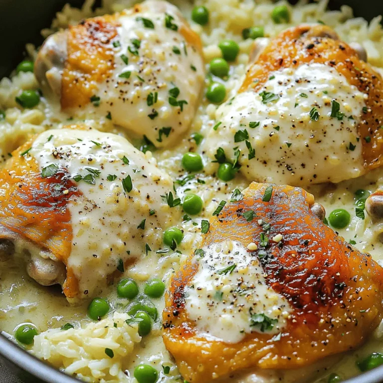 - 4 boneless, skinless chicken thighs - 1 cup uncooked jasmine rice - 3 cups chicken broth - 1 cup heavy cream - 1 cup grated Parmesan cheese - 3 cloves garlic, minced - 1 teaspoon dried Italian herbs (oregano, basil, thyme) - Salt and pepper to taste - 2 tablespoons olive oil - Fresh parsley, chopped for garnish - 1 cup frozen peas (optional) Gather these ingredients to prepare a delightful one-pan meal. The chicken thighs give a rich flavor, while jasmine rice absorbs all the tasty broth. Heavy cream and Parmesan create a creamy base that brings everything together. The garlic adds a punch of flavor, and Italian herbs give it a Mediterranean touch. Use salt and pepper to enhance the overall taste. Olive oil helps to sear the chicken, adding a lovely crispiness. You can add frozen peas for color and extra nutrition. Make sure to have fresh parsley on hand for a bright garnish. This dish not only tastes great but also looks beautiful on your table. With these ingredients, you’re ready to create a comforting meal that will impress everyone. To start, heat two tablespoons of olive oil in a large skillet. Make sure the oil is hot. Then, season the four chicken thighs with salt and pepper. Place them in the skillet and sear for about five minutes on each side. The goal is to get a nice golden brown color. Once done, remove the chicken and set it aside on a plate. Next, it’s time to make the rice mixture. In the same skillet, add three minced garlic cloves. Sauté them for about 30 seconds. You want to smell the garlic but not burn it. After that, pour in three cups of chicken broth. Bring it to a simmer. Then, add one cup of uncooked jasmine rice and one teaspoon of dried Italian herbs. Stir well and add salt and pepper to taste. Now, place the seared chicken thighs back into the skillet. Nestle them into the rice mixture. This helps the chicken soak up all those flavors. Cover the skillet with a lid. Let it cook for about 18 to 20 minutes. The rice should be fully cooked, and the liquid should be absorbed. Once the rice is done, reduce the heat to low. Stir in one cup of heavy cream and one cup of grated Parmesan cheese. Mix it well until everything is creamy. If you want, you can add one cup of frozen peas. Cook for an additional three to five minutes until heated through. Finally, taste the dish and adjust the seasoning if needed. Garnish with fresh chopped parsley before serving. Enjoy this creamy delight! For the best flavor, I like to use dried Italian herbs. They bring a nice blend of taste. You can also try fresh herbs like rosemary or thyme. These add a vibrant touch to your dish. Experiment with the seasonings to find what you love best. To get that creamy texture, stir the heavy cream in slowly. This helps it mix well with the other ingredients. When adding the Parmesan cheese, make sure the heat is low. This way, the cheese melts perfectly without clumping. If you see clumps, keep stirring until smooth. To check if the chicken is done, cut into the thickest part. The meat should be white and juices clear. For the rice, ensure it absorbs all the broth. If it's still crunchy, cover and cook a few more minutes. Patience is key for the best results! {{image_2}} You can easily switch the chicken for other proteins. Try using shrimp or tofu for a fun twist. Both options cook fast and soak up flavors well. If you want beef, thin slices of steak work great too. When it comes to rice, jasmine is perfect, but don't stop there. You can use brown rice for a nutty flavor. Quinoa is another healthy choice. Just be aware that cooking times may change, so adjust your liquid and heat as needed. Adding vegetables can make this dish even better. Bell peppers add color and crunch, while carrots offer sweetness. You can toss in some spinach for extra nutrients. Just add them in during the last few minutes of cooking. For a cheesy twist, try other cheeses like mozzarella or gouda. Each cheese brings a unique taste. Mix them in with the cream for a rich flavor. If you need a gluten-free option, use gluten-free broth. Make sure the rice you choose is also gluten-free. This way, everyone can enjoy this dish without worry. For a dairy-free version, swap the heavy cream with coconut milk. This keeps the dish creamy while adding a hint of sweetness. You can use nutritional yeast instead of cheese for added flavor. To store leftovers, let the dish cool first. Place it in an airtight container. You can use glass or plastic containers. They keep the food fresh and safe. Label it with the date so you remember when you made it. If you want longer storage, freezing is a great option. Make sure to let the dish cool completely. Use freezer-safe containers or heavy-duty freezer bags. Remove as much air as you can before sealing. To thaw, move it to the fridge overnight. Reheat on the stove or in the microwave until hot. In the fridge, this dish lasts up to four days. Always check for signs of spoilage. If you see mold or it smells off, throw it away. If the rice looks dry or hard, it’s time to discard it. Yes, you can use other types of rice. Brown rice or basmati rice work well. Just remember to adjust the cooking time. Brown rice takes longer to cook, so you may need to add more liquid and time. Basmati rice cooks faster, so check it often. To add spice, use red pepper flakes or hot sauce. Stir in a pinch of red pepper flakes when you add the garlic. If you like it hot, mix in some hot sauce at the end. This will give your dish a nice kick. This dish is great on its own. However, a fresh salad or steamed vegetables pair nicely. Garlic bread also makes a tasty side. You can serve roasted broccoli or green beans for a healthy touch. Check the chicken's internal temperature. It should reach 165°F (75°C) to be safe. You can also cut into the thickest part. The meat should be white, not pink. Yes, this dish can be made ahead. Cook it fully and let it cool. Store it in an airtight container in the fridge. Reheat it on the stove or in the microwave before serving. Enjoy it for lunch or dinner later! You can create a delicious meal with simple ingredients like chicken, rice, and cream. I shared step-by-step instructions to help you cook this one-pan dish easily. Remember to use fresh herbs and seasonings for the best taste. Don’t hesitate to swap ingredients based on your diet or preferences. Above all, enjoy cooking and sharing this dish with others. With practice, you’ll master it and impress everyone at your table.