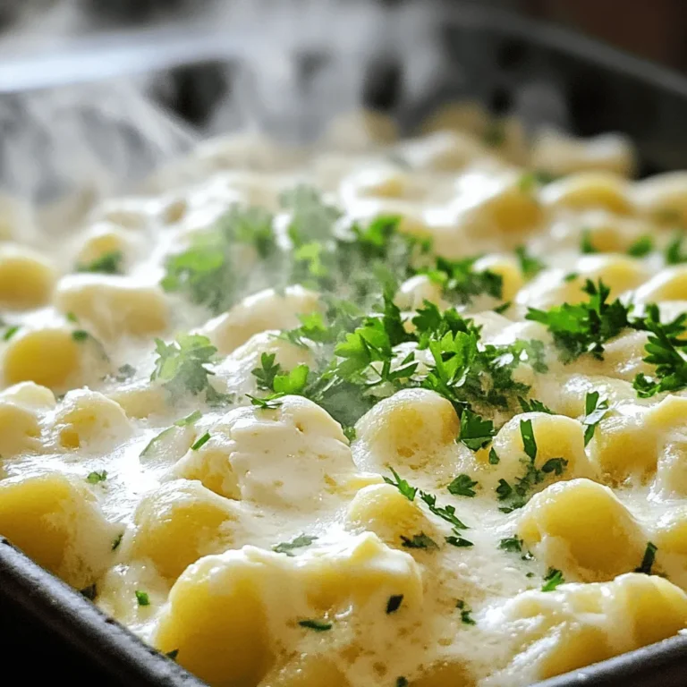 - 1 pound potato gnocchi - 2 tablespoons unsalted butter - 3 cloves garlic, minced - 1 cup heavy cream - 1 cup freshly grated Parmesan cheese - Salt and pepper to taste - 1/4 teaspoon nutmeg - Fresh parsley, chopped (for garnish) Gathering the right ingredients sets the stage for a fantastic meal. You’ll want to use fresh potato gnocchi for the best flavor and texture. The buttery richness of unsalted butter will help create a smooth sauce. Don't skip the garlic; it adds a great aroma and taste. Heavy cream is key to making the sauce creamy and rich. Freshly grated Parmesan cheese melts beautifully into the sauce, enhancing its flavor. The nutmeg adds a warm spice that rounds out the dish. Finally, salt and pepper will help season your meal to perfection. Garnish with fresh parsley to give your dish a pop of color and freshness. With these ingredients, you are on your way to making a delightful Creamy Garlic Parmesan Gnocchi that everyone will love! - Bring a large pot of salted water to a boil. - Add 1 pound of potato gnocchi to the boiling water. - Cook the gnocchi until they float to the top. This usually takes about 2-3 minutes. - Drain the gnocchi and set them aside. - In a large skillet, melt 2 tablespoons of unsalted butter over medium heat. - Add 3 cloves of minced garlic to the melted butter. - Sauté the garlic for about 1 minute. Be careful not to brown it. - Pour in 1 cup of heavy cream and stir well. - Bring the cream mixture to a gentle simmer. - Gradually add 1 cup of freshly grated Parmesan cheese to the skillet. - Stir continuously until the cheese melts and the sauce becomes creamy. - Season the sauce with salt, pepper, and 1/4 teaspoon of nutmeg to taste. - Add the cooked gnocchi to the skillet. Gently toss to coat them in the sauce. - Cook for an additional 2-3 minutes. This helps the gnocchi absorb the flavors. - Remove from heat and garnish with chopped parsley before serving. - Avoid browning the garlic: Cook the garlic gently. Brown garlic can taste bitter. Sauté it only until it smells good. This will keep your sauce tasting fresh and bright. - Adjust seasoning to taste: Taste your sauce before serving. You may want more salt, pepper, or nutmeg. Each person has a different preference, so make it suit your taste. - Ensure gnocchi is drained well: After cooking, let the gnocchi sit in the strainer for a bit. This helps remove excess water. Too much water can make your sauce runny. - Use fresh gnocchi for best results: Fresh gnocchi has a better texture than frozen. It cooks faster and tastes more like homemade. Check your store for fresh options. {{image_2}} You can switch up the cheese in this recipe. Use mozzarella for a milder taste. For a sharper bite, try aged cheddar. Goat cheese can add a tangy twist. Each cheese brings its own flavor to the dish. If you need a dairy-free option, use plant-based cream. Almond or coconut cream works well. For cheese, try nutritional yeast. It adds a cheesy flavor without dairy. Always check the labels to ensure they fit your dietary needs. Adding vegetables makes this dish even better. Spinach wilts nicely into the creamy sauce. Sun-dried tomatoes give a burst of sweetness. You can also toss in peas or mushrooms for extra flavor. Incorporating proteins like shrimp or chicken turns this into a hearty meal. Cook the protein separately, then mix it in. This adds texture and makes it more filling. You can also try crispy bacon or sausage for a savory touch. To store your creamy garlic Parmesan gnocchi, follow these steps for best results: - Let the gnocchi cool to room temperature. - Place it in an airtight container. - Store it in the fridge. This keeps the flavors fresh for about three days. If you want to keep it longer, consider freezing it. It can last up to three months in the freezer. However, the texture may change. When reheating your gnocchi, I recommend these methods to keep the sauce creamy: - Use a skillet over low heat. - Add a splash of heavy cream to the skillet. - Stir gently to mix it well. This method warms the dish without drying it out. To prevent the gnocchi from becoming soggy: - Avoid using a microwave for reheating. - Ensure you don’t overheat it. Control the heat to keep the gnocchi firm. Enjoy your delicious leftovers! It takes about 20 minutes total to make Creamy Garlic Parmesan Gnocchi. You will spend 10 minutes prepping and 10 minutes cooking. This quick meal is perfect for busy weeknights. Yes, you can freeze this dish. However, it’s best to freeze the gnocchi before cooking them. Place uncooked gnocchi on a baking sheet in a single layer. Once frozen, transfer them to a freezer bag. Cook them straight from the freezer when you're ready to eat. You can serve a fresh salad with mixed greens. Garlic bread also makes a great side. For a heartier meal, try pairing it with grilled chicken or shrimp. A light vegetable like steamed broccoli balances the creamy gnocchi well. This blog post covered how to make Creamy Garlic Parmesan Gnocchi. We discussed the key ingredients, step-by-step cooking, and tips to enhance your dish. You learned about variations and proper storage methods to keep your gnocchi fresh. In my experience, this dish is not only easy to prepare, but it also pleases many taste buds. Enjoy experimenting with different flavors and quick fixes. Now you can impress anyone with this creamy delight!