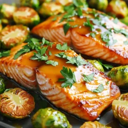 Here are the ingredients I use for this tasty dish: - 4 salmon fillets (about 6 oz each) - 2 tablespoons olive oil - 1/4 cup pure maple syrup - 2 tablespoons soy sauce (or tamari for gluten-free) - 1 tablespoon Dijon mustard - 1 clove garlic, minced - 1 pound Brussels sprouts, trimmed and halved - Salt and pepper to taste - Fresh parsley, chopped (for garnish) Each ingredient plays a role in making the flavor pop. The salmon is rich and buttery. The maple syrup adds sweetness. The soy sauce gives a salty kick. Dijon mustard brings a sharp taste. Garlic adds depth. Brussels sprouts bring a nice crunch. Olive oil helps everything cook well. Salt and pepper finish the dish perfectly. Fresh parsley adds a bright touch at the end. Using fresh and quality ingredients makes a big difference. Always choose pure maple syrup for the best flavor. When you pick your salmon, look for fillets that are bright and firm. This ensures you get the best taste and texture. Enjoy shopping for your ingredients! 1. Preheating the oven First, set your oven to 400°F (200°C). This will prepare it for roasting. 2. Whisking the glaze ingredients In a small bowl, mix together 1/4 cup maple syrup, 2 tablespoons soy sauce, 1 tablespoon Dijon mustard, and 1 minced garlic clove. This creates a sweet and savory glaze. 3. Searing the salmon Heat 2 tablespoons of olive oil in a large, oven-safe skillet over medium heat. Season the 4 salmon fillets with salt and pepper. Place them skin-side down in the skillet. Sear for about 3-4 minutes until the skin is crispy. 1. Adding Brussels sprouts After searing the salmon, add 1 pound of halved Brussels sprouts around the salmon in the skillet. Sprinkle with salt and pepper for extra flavor. 2. Pouring the glaze Next, pour the maple glaze over both the salmon and the Brussels sprouts. Gently toss the sprouts to coat them in the glaze. 3. Roasting in the oven Transfer the skillet to your preheated oven. Roast for 10-12 minutes. The salmon should flake easily with a fork, and the Brussels sprouts will be tender and caramelized. 1. Letting it sit before serving Once you remove the skillet from the oven, let it sit for a couple of minutes. This helps the flavors settle. 2. Garnishing with parsley Before serving, sprinkle fresh chopped parsley on top. This adds a nice touch and brightens the dish. To get the best glaze, you can adjust the sweetness. If you like it sweeter, add more maple syrup. For a less sweet touch, use less syrup. You can also add a splash of lemon juice. This adds a bright note that balances the glaze. You can try variations in seasoning too. Experiment with ginger for warmth or chili flakes for heat. Fresh herbs like thyme or rosemary can add depth. Each twist makes your glaze unique. For crispy skin, the searing method is key. Start with a hot skillet. Place the salmon skin-side down. Let it cook without moving it. This helps the skin crisp up nicely. When roasting Brussels sprouts, cut them in half for even cooking. Spread them out in the skillet. Give them space to brown. Add salt and pepper to enhance their flavor. For plating, consider stacking the salmon on top of the sprouts. This adds height and makes the dish look appealing. Drizzle extra glaze over everything for a glossy finish. Pair this dish with sides like rice or quinoa. A simple green salad also complements the flavors. These sides add color and balance to your meal. {{image_2}} You can swap out the salmon for other tasty options. Trout works well if you like a milder fish. Chicken fillets can be a great choice too, especially if you prefer white meat. For gluten-free meals, use tamari instead of soy sauce. This adjustment keeps your dish safe for those with gluten sensitivities. To add more depth, consider mixing in some spices or herbs. A pinch of smoked paprika can give the dish a warm flavor. Fresh thyme or rosemary can also boost the taste and aroma. Citrus is great for freshness. Squeeze some lemon or orange juice over the salmon. This brightens the dish and adds a zesty kick that pairs well with the maple glaze. If you want to change things up, try turning this meal into a salad. Once cooked, flake the salmon and toss it with mixed greens and roasted Brussels sprouts. Drizzle a little extra glaze over the top for a tasty dressing. Another fun idea is to create a pasta dish. Cook your favorite pasta and mix in the salmon and Brussels sprouts. Add a splash of the maple glaze for a sweet touch. This makes a filling and satisfying meal that’s perfect for any occasion. After enjoying your maple glazed salmon and Brussels sprouts, store leftovers properly. Place them in an airtight container. Keep the dish in the fridge. It will stay fresh for about three days. For longer storage, you can freeze the salmon and Brussels sprouts. Use a freezer-safe bag or container. This method keeps them good for up to three months. Remember to label the bag with the date. The best way to reheat salmon is in the oven. Preheat the oven to 350°F (175°C). Place the salmon on a baking sheet. Heat for about 10-15 minutes. This keeps the fish moist. For Brussels sprouts, you can sauté them in a pan. Add a little olive oil for flavor. Heat them until they are warm and crispy. In the fridge, the cooked salmon and Brussels sprouts last about three days. If you notice any strange smells or colors, it’s time to toss them out. Signs of spoilage include a slimy texture or off-putting odor. Always trust your senses to ensure food safety. How long to cook salmon at 400°F? Cook salmon for about 10-12 minutes at 400°F. It should flake easily with a fork. The thickest part of the fish cooks best this way. Can I make this recipe ahead of time? Yes, you can prepare the glaze and trim the Brussels sprouts ahead of time. Store them in the fridge. Cook the salmon fresh for the best taste. What to serve with Maple Glazed Salmon? This dish pairs well with rice, quinoa, or a fresh green salad. You can also serve it with roasted potatoes for a hearty meal. Nutritional benefits of the ingredients Salmon is rich in omega-3 fatty acids, which are good for your heart. Brussels sprouts provide fiber, vitamins, and antioxidants. Maple syrup adds natural sweetness and minerals. Calorie count per serving Each serving contains about 400 calories. This count includes salmon, Brussels sprouts, and the glaze. Can I grill the salmon instead? Yes, grilling salmon adds a nice smoky flavor. Preheat the grill to medium-high heat. Cook for about 6-8 minutes on each side. Alternative cooking methods for Brussels sprouts You can steam or sauté Brussels sprouts if you prefer. Steaming keeps them crisp and bright. Sautéing adds a nice caramelized touch. This blog post guides you through making delicious Maple Glazed Salmon. I covered key ingredients like salmon, Brussels sprouts, and the tasty glaze. You learned steps for prep, cooking, and serving. I shared tips for the perfect glaze and even how to store leftovers. With these ideas, you can enjoy a healthy, flavorful meal any day. Keep experimenting with flavors and techniques. Don't hesitate to switch up ingredients or make it your own. Happy cooking!