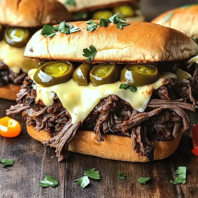 To make savory slow cooker Italian beef sandwiches, you need key ingredients. Here’s what to gather: - 3 to 4 lbs beef chuck roast - 1 cup beef broth - 1 cup jarred pepperoncinis, including juice - 1 onion, sliced - 4 cloves garlic, minced - 1 tablespoon Italian seasoning - Salt and pepper to taste - 1 cup sliced provolone cheese - 8 hoagie rolls These ingredients work together to create a rich, flavorful sandwich. You can add a few garnishes to elevate your sandwiches. Consider these: - Fresh parsley for garnish - Additional pepperoncini for serving These garnishes add color and extra flavor to your meal. To prepare these sandwiches, you need some handy tools: - Slow cooker - Cutting board - Sharp knife - Forks for shredding Having these tools ready will make your cooking process smooth. First, take your beef chuck roast and season it well. Use salt and pepper to cover all sides. This step is key to adding flavor. The beef will soak up all the good stuff during cooking. You want it to taste great! Now, grab your slow cooker. Start by adding sliced onion and minced garlic at the bottom. This helps build a tasty base. Next, place the seasoned beef on top. Pour in one cup of beef broth. Then, add the jarred pepperoncinis along with their juice. Sprinkle the Italian seasoning on top. This mix brings all the flavors together. Cover the slow cooker and set it to cook. You can choose low for 8 hours or high for 4 hours. The beef should be tender when done. Use two forks to shred the beef. This makes it easy to mix with the juices in the cooker. After shredding, return the beef to the slow cooker. Stir it well to blend all the flavors. Enjoy the rich smell that fills your kitchen! For great flavor, be generous with salt and pepper. I like to add one tablespoon of Italian seasoning for a nice herbal touch. You can also use garlic powder or onion powder to enhance the taste. To make the beef even better, add sliced bell peppers or mushrooms to the slow cooker. You can also try a splash of Worcestershire sauce for a deeper flavor. If you want a little heat, add some sliced jalapeños or crushed red pepper flakes. For the best sandwich, use fresh hoagie rolls. Toasting them in the oven gives a nice crunch. Bake them for 5-7 minutes at 350°F until they are warm and slightly crispy. This helps hold the juicy beef without getting soggy. {{image_2}} You can swap the beef chuck roast for other meats. Try pork shoulder for a sweeter taste. Chicken thighs work great too; they soak up the flavors well. If you use these meats, adjust the cooking time. Chicken cooks faster, so check it after 3 hours on high. Pork may need the full 8 hours on low. Provolone cheese adds a nice melt to your sandwich. However, you can try mozzarella for a milder flavor. Pepper jack brings a spicy kick, perfect for heat lovers. If you like strong flavors, use aged cheddar. Whichever cheese you choose, make sure it melts well for that gooey texture. For a meat-free version, use jackfruit. It shreds nicely and absorbs flavors well. You can also use mushrooms for a hearty texture. Cook the mushrooms in the same way as the beef. Add vegetable broth instead of beef broth. Don’t forget to season well to keep the taste bold and exciting. After you enjoy your sandwiches, store the leftovers in an airtight container. Place the shredded beef and any juices in one container. Keep the hoagie rolls separate to prevent sogginess. This way, they stay fresh and tasty. You can keep the beef in the fridge for up to 3 days. When reheating, keep the beef moist. Use a pan or microwave. If using a pan, add a little beef broth to keep it juicy. Heat on low until warm. If using a microwave, cover the beef with a damp paper towel. This helps steam it. Heat in short bursts to avoid overcooking. You can freeze the beef for longer storage. Place the shredded beef in a freezer-safe bag. Remove as much air as possible before sealing. It will last for 3 months in the freezer. When ready to eat, thaw it in the fridge overnight. Reheat it using the tips above. Enjoy your Italian beef sandwiches anytime! Yes, you can! While I recommend beef chuck roast, other cuts work too. You can try brisket or round roast. Just keep in mind that each cut has a different texture and flavor. Chuck roast gives a tender and juicy bite. If using a leaner cut, adjust the cooking time. Lean cuts may dry out faster, so check them often. These sandwiches pair well with many sides. Here are a few tasty options: - Potato Chips: Crunchy and salty, they add a nice contrast. - Coleslaw: Creamy coleslaw balances the savory beef. - Pickles: Sour pickles complement the flavors perfectly. - Fries: Crispy fries make a filling meal alongside. You can even serve a light salad for a fresh touch. If you want heat, try these tips: - Add More Pepperoncinis: Use extra pepperoncinis for more kick. - Spicy Giardiniera: This pickled vegetable mix adds heat. - Hot Sauce: Drizzle your favorite hot sauce on the beef. - Chili Flakes: Sprinkle red pepper flakes into the slow cooker. Each of these options will add a nice zing to your sandwiches! In this blog post, we explored how to make the perfect Italian Beef Sandwiches. We covered essential ingredients, cooking steps, and tips to boost taste. I shared variations and storage info to help you enjoy leftovers. Remember, great flavors come from quality ingredients and personal touches. Experiment with different meats or spices to find your perfect mix. With these tips, you can create a sandwich that impresses everyone. Enjoy your cooking journey!