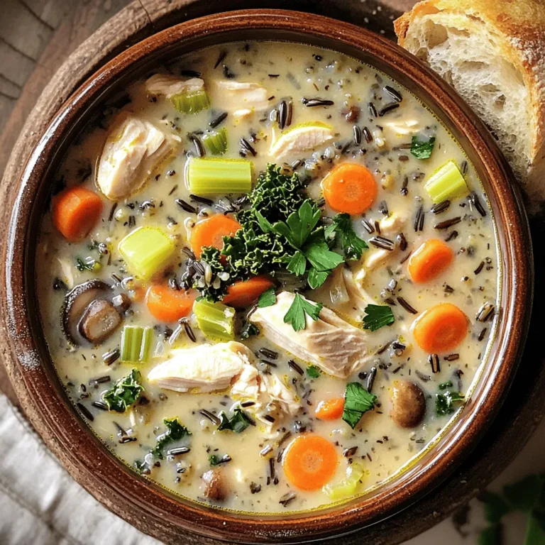 For this cozy chicken wild rice soup, gather these key items: - 1 pound boneless, skinless chicken breasts - 1 cup wild rice, rinsed - 1 medium onion, diced - 2 cloves garlic, minced - 3 carrots, diced - 3 celery stalks, diced - 1 cup mushrooms, sliced - 6 cups low-sodium chicken broth - 1 teaspoon dried thyme - 1 teaspoon dried rosemary - Salt and pepper to taste - 2 cups kale, chopped - 1 cup heavy cream (or coconut milk for a dairy-free option) - 2 tablespoons olive oil - Fresh parsley for garnish You can add more flavor or texture by including: - 1 cup of corn for sweetness - 1 cup of peas for bright color - A splash of lemon juice for brightness - A dash of hot sauce for some heat If you need to swap items, here are some ideas: - Use chicken thighs instead of breasts for more flavor. - Swap wild rice for brown rice, but adjust cooking time. - Use vegetable broth instead of chicken broth for a vegetarian option. - Replace heavy cream with plain yogurt for a lighter soup. - Try spinach instead of kale for a different green. With these ingredients, your slow cooker will create a warm hug in a bowl. This soup is rich, hearty, and perfect for any chilly day. Start by prepping your vegetables. Dice one medium onion and mince two garlic cloves. Then, chop three carrots and three celery stalks. Slice one cup of mushrooms. Next, add all these veggies into your slow cooker. Drizzle two tablespoons of olive oil over the top. Give everything a good stir to mix them well. Now, it's time for the chicken and rice. Place one pound of boneless, skinless chicken breasts on top of the veggies. Season the chicken with salt, pepper, one teaspoon of dried thyme, and one teaspoon of dried rosemary. Rinse one cup of wild rice under cold water, then pour it over the chicken. Finally, add six cups of low-sodium chicken broth. Ensure the rice is fully submerged in the broth. Cover the slow cooker and set it to cook. You can choose low for 6-7 hours or high for 3-4 hours. The chicken will be tender and easy to shred when done. Once the chicken is cooked, carefully remove it from the slow cooker. Use two forks to shred the chicken into bite-sized pieces. Return the shredded chicken back into the pot. Then, stir in two cups of chopped kale and one cup of heavy cream, or coconut milk if you want a dairy-free option. Cook for an additional 15-20 minutes on high. This will let the kale wilt and become tender. Taste your soup and adjust the seasoning with more salt and pepper if needed. Enjoy your warm, cozy bowl of chicken wild rice soup! To get the best flavor, use fresh herbs like thyme and rosemary. These herbs add depth to your soup. I recommend using low-sodium chicken broth. It helps control the saltiness without losing taste. Don't skip the garlic; it gives a warm aroma. You can add a splash of lemon juice at the end for brightness. Taste as you go and adjust seasoning for your preference. Using low heat cooks the soup slowly and enhances the flavors. It takes about 6-7 hours on low. If you’re in a hurry, use high heat; it cooks in 3-4 hours. Both methods work well, but low gives better results. Always check the chicken; it should shred easily when done. If the soup is too thick, add more broth or water. This helps balance the texture. If it’s too salty, adding a raw potato can absorb some salt. Cook it for a while, then remove it before serving. If the chicken is dry, reduce cooking time next time. Remember, every slow cooker is a bit different. Adjust cooking times based on your model for the best results. {{image_2}} To make this soup dairy-free, swap the heavy cream for coconut milk. Coconut milk adds creaminess and a hint of sweetness. This change keeps the soup rich and delicious without dairy. You can also use almond milk or oat milk, but they might not be as thick. If you want a different protein, try shredded rotisserie chicken. It saves time and adds great flavor. You can also use turkey or even cooked lentils for a plant-based option. Each choice gives the soup a unique taste while keeping it hearty. Feel free to add more veggies to boost nutrition. Zucchini, spinach, or bell peppers work well. Just chop them small and add them at the same time as the kale. This helps all the flavors mix and makes for a colorful bowl of soup. To keep your soup fresh, first let it cool. Once cool, pour it into an airtight container. Make sure to seal it well. Store it in the fridge for up to four days. If you want to save it longer, freezing is a great option. When you are ready to enjoy your soup again, you can reheat it easily. Pour the soup into a pot on the stove. Heat it over medium heat until warm. Stir it often to prevent sticking. You can also use a microwave. Heat in short bursts, stirring in between. This helps it heat evenly. For freezing, use freezer-safe containers. Leave some space at the top for expansion. The soup can last for up to three months in the freezer. When you are ready to eat, move it to the fridge to thaw overnight. Reheat it as mentioned before. Enjoy the cozy flavors again! Yes, you can use brown rice. However, it cooks differently than wild rice. Brown rice takes longer to cook, about 1 to 1.5 hours on high heat. Wild rice gives a unique flavor and texture. If you want that special taste, stick with wild rice. You can store the soup for 3 to 4 days. Make sure to keep it in an airtight container. When you are ready to eat, just reheat it on the stove or in the microwave. If it looks too thick, add a little broth or water to thin it out. Yes, you can prep this soup early. Chop the veggies and season the chicken ahead of time. Store them in the fridge until you are ready to cook. This saves time on busy days. You can also freeze the soup after cooking for later use. Just remember to thaw it before reheating. You now have all the tools to make a great soup. We covered the main ingredients, how to prepare them, and tips to enhance flavor. You can customize with dairy-free options or extra veggies. Don't forget storage and reheating tips for leftovers. With these steps, you will create a tasty dish that warms the soul. Enjoy your cooking, and make it your own! Your kitchen adventures start now.